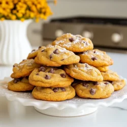 - Pumpkin puree: This is the star of the show! It adds moisture and flavor. - Sugars: I use both brown and granulated sugar. Brown sugar gives a rich taste. - Butter: Unsalted butter adds creaminess. It helps the cookies spread nicely. - Egg: A large egg binds everything together. It adds structure to the cookies. - Vanilla extract: This adds a warm, sweet flavor that enhances the cookies. - All-purpose flour: This is the base of the cookies. It gives them structure. - Baking soda and baking powder: These help the cookies rise. They make them soft and fluffy. - Spices: I use cinnamon, nutmeg, and ginger. They bring a warm, cozy flavor. - Semi-sweet chocolate chips: They melt beautifully and add sweetness. I love how they contrast with the pumpkin. - Chopped walnuts or pecans: These add a nice crunch. They also bring a nutty flavor that pairs well. {{ingredient_image_1}} 1. Preheat your oven to 350°F (175°C). This will help the cookies bake evenly. 2. Prepare a baking sheet by lining it with parchment paper. This prevents sticking and makes cleanup easy. 3. Cream the butter and sugars together in a large bowl. Use softened butter for the best results. Mix until it’s light and fluffy. 1. Add pumpkin puree, egg, and vanilla extract to the bowl. Mix well to combine. This gives your cookies a moist texture. 2. In a separate bowl, whisk together the dry ingredients: flour, baking soda, baking powder, cinnamon, nutmeg, ginger, and salt. This ensures even mixing of the leavening agents and spices. 3. Gradually add the dry mix to the wet ingredients. Stir until just combined. Don’t overmix; this keeps the cookies soft. 4. Fold in the chocolate chips and, if you like, the chopped walnuts or pecans. This adds extra flavor and crunch. 1. Drop tablespoon-sized amounts of dough onto the prepared baking sheet. Leave space between each cookie, as they will spread while baking. 2. Bake in the oven for 12-15 minutes. Check for a light golden color at the edges. This shows they are done. 3. Remove from the oven and let the cookies cool on the sheet for 5 minutes. Then, transfer them to a wire rack to cool completely. Enjoy the wonderful smell! - Oven temperature accuracy: Make sure your oven is at 350°F. An oven thermometer helps. A wrong temp can ruin your cookies. They may bake unevenly or burn. - Avoiding overmixing the dough: Mix the wet and dry ingredients just until combined. Overmixing makes cookies tough. You want a soft, tender cookie. - Arranging cookies for serving: Place the cookies on a nice platter. Use a colorful plate to make them pop. Arrange them in a circle or stack for a fun look. - Optional garnishes like powdered sugar: A light dusting of powdered sugar adds charm. You can also add a few chocolate chips on top. This makes them look even more appealing. - Using incorrect flour type: Stick with all-purpose flour for the best results. Other flours may change the cookie's texture. - Improper measuring of ingredients: Use measuring cups for accuracy. Too much flour or sugar can affect flavor and texture. Always level off dry ingredients in the measuring cup. Pro Tips Use Fresh Pumpkin Puree: For the best flavor, consider using freshly cooked pumpkin puree instead of canned. It adds a vibrant taste and moisture to your cookies. Chill the Dough: If you have time, chill the cookie dough for 30 minutes before baking. This helps the cookies maintain their shape and enhances the flavors. Experiment with Spices: Feel free to adjust the spices according to your taste. Adding a pinch of clove or allspice can provide an extra depth of flavor. Storage Tips: To keep the cookies fresh longer, store them in an airtight container. You can also freeze them for up to three months for a sweet treat anytime! {{image_2}} To make gluten-free chocolate chip pumpkin cookies, swap out the all-purpose flour for gluten-free flour blends. Look for blends with xanthan gum; it helps bind the ingredients. When using gluten-free flour, you need to keep a balance between wet and dry ingredients. Gluten-free flours can absorb moisture differently. You may need to add a little extra pumpkin puree or a splash of milk to keep the batter moist. For vegan pumpkin cookies, replace the butter with non-dairy butter. You can also use a flaxseed meal or chia seeds mixed with water as an egg substitute. Mix 1 tablespoon of flaxseed meal with 2.5 tablespoons of water for one egg. This change may slightly alter the texture. You might also want to adjust the sugar. Sometimes, using maple syrup can add sweetness and moisture while keeping the cookie soft. You can get creative with flavor variations. Add in 1/2 cup of dried cranberries or raisins for a chewy texture. Chopped nuts like pecans or walnuts can add crunch. For spice lovers, try adding a pinch of cloves or allspice for a warm twist. You could also include a splash of almond or orange extract for a unique touch. These little changes can make each batch special and fun! To keep your chocolate chip pumpkin cookies fresh, store them in an airtight container. This method keeps moisture in and air out, which helps cookies stay soft and chewy. You can keep them at room temperature for up to a week. If you want them to last longer, move them to the fridge. They can stay fresh there for up to two weeks. You can freeze raw cookie dough for quick baking later. Scoop the dough into balls and place them on a baking sheet. Freeze them until solid, then transfer them to a freezer bag. This method lets you bake fresh cookies anytime! If you freeze baked cookies, let them cool completely first. Then, place them in an airtight container. They can last in the freezer for up to three months. To reheat cookies without losing their texture, use the oven. Preheat it to 350°F (175°C). Place the cookies on a baking sheet and heat for about 5 minutes. If you need a faster method, you can use the microwave. Heat the cookies for about 10-15 seconds. Just be careful not to overdo it, or they may become hard. Enjoy your warm cookies! Chocolate chip pumpkin cookies can last about 3 days at room temperature. Store them in an airtight container. If you keep them in the fridge, they can stay fresh for up to a week. Just remember to let them warm up a bit before eating. Cold cookies can be less tasty! Yes, you can use canned pumpkin puree. Canned pumpkin is great for a few reasons. It is convenient and saves time. Plus, it has a consistent texture and flavor. Fresh pumpkin can be watery, so canned works best for this recipe. Just make sure to choose pure pumpkin, not pumpkin pie filling. You can replace eggs in this recipe easily. Here are some great options: - Flaxseed meal: Mix 1 tablespoon of flaxseed meal with 2.5 tablespoons of water. Let it sit for about 5 minutes. - Applesauce: Use 1/4 cup of unsweetened applesauce. - Mashed banana: 1/4 cup of mashed banana works too. These substitutes keep your cookies moist and tasty while making them vegan-friendly! To make tasty chocolate chip pumpkin cookies, gather key ingredients like pumpkin puree, sugars, and spices. Follow the steps to mix, bake, and enjoy. Use tips for perfect cookies, avoid common mistakes, and explore fun variations. Store them properly to keep them fresh. This recipe lets you create delicious treats for every occasion. Try different flavors and enjoy your baking journey.