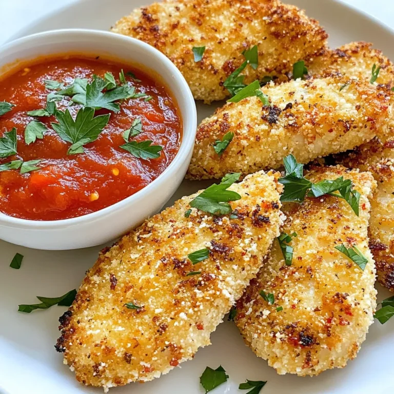 To make Crispy Air Fryer Parmesan Chicken, gather these items: - 4 boneless, skinless chicken breasts - 1 cup panko breadcrumbs - 1 cup grated Parmesan cheese - 2 teaspoons garlic powder - 1 teaspoon Italian seasoning - Salt and pepper to taste - 2 large eggs - 2 tablespoons unsweetened almond milk (or regular milk) - Olive oil spray You can boost flavor with these choices: - Fresh herbs like parsley or basil for garnish - A squeeze of lemon juice for brightness - Marinara sauce for dipping If you need swaps, try these: - Chicken thighs instead of breasts for more flavor. - Gluten-free panko for a gluten-free option. - Nutritional yeast instead of Parmesan for a vegan twist. - Any milk, like oat or soy, if you lack almond milk. Each of these tweaks can help you personalize this dish to your taste and dietary needs. Enjoy experimenting! {{ingredient_image_1}} First, turn on your air fryer. Set the temperature to 400°F (200°C). Let it preheat for about 5 minutes. This step is key for crispy chicken. Grab a shallow bowl. In it, mix together the panko breadcrumbs, grated Parmesan cheese, garlic powder, Italian seasoning, salt, and pepper. This mixture gives the chicken a crunchy coat. Take the chicken breasts and dry them with a paper towel. This helps make them crispy. In another bowl, whisk the eggs and almond milk until smooth. Dip each chicken breast into the egg mix, coating it fully. Then, dredge it in the breadcrumb mixture. Press gently so it sticks well. Spray each coated chicken breast lightly with olive oil. This aids in browning. Place the chicken in the air fryer basket in a single layer. Leave space between each piece for even cooking. Cook for about 12-15 minutes, flipping halfway through. Check that the chicken is golden brown and reaches an internal temperature of 165°F (75°C). Once cooked, let the chicken rest for a few minutes before serving. For the best crispiness, use panko breadcrumbs. They are lighter and airier. Spray the chicken with olive oil before cooking. This helps the coating brown nicely. Avoid overcrowding the air fryer basket. Leave space between chicken pieces for hot air to flow. Drying chicken breasts is key for crispiness. Use a paper towel to pat them dry. This step removes extra moisture. Moist chicken will steam instead of crisp. A dry surface allows the coating to stick better and cook evenly. Chicken breast sizes vary, so adjust cooking times. For smaller breasts, check at 10 minutes. Larger breasts may need up to 15 minutes. Always flip the chicken halfway through to ensure even cooking. Use a meat thermometer to check if it reaches 165°F (75°C). This ensures safety and perfect texture. Pro Tips Use Fresh Ingredients: Opt for fresh chicken breasts and high-quality Parmesan cheese to enhance the overall flavor of your dish. Season Generously: Don’t be shy with the salt and pepper! Seasoning the chicken before coating it will boost the flavors significantly. Experiment with Coatings: Try adding different herbs or spices to the breadcrumb mixture for a unique twist on flavor. Let it Rest: Allow the chicken to rest for a few minutes after cooking. This helps the juices redistribute for a more tender bite. {{image_2}} You can switch up the cheese in this recipe. While Parmesan gives a great taste, you can try mozzarella for a gooey texture. Cheddar adds a sharp flavor that some may love. Grana Padano works well too and is similar to Parmesan. Mixing cheeses can create a fun blend of flavors. Add some extra flavor to your coating. Try mixing in crushed red pepper for heat. A bit of lemon zest can brighten the dish. Chopped herbs like parsley or basil add freshness. You can also use crushed garlic for a stronger taste. Adding these ingredients makes each bite more exciting. Serve your crispy chicken on a plate with marinara sauce for dipping. This adds delicious flavor and moisture. You can also pair it with a side salad for some crunch. Lemon wedges on the side give a fresh zing. Try it with roasted vegetables for a healthy meal. These ideas will make your dish look and taste great! To keep your crispy air fryer Parmesan chicken fresh, store it in an airtight container. Place the chicken in the fridge within two hours of cooking. It will stay good for up to three days. Be sure to separate any sauce or dips to avoid sogginess. When you're ready to enjoy your leftovers, preheat your air fryer to 350°F (175°C). Place the chicken in the basket for about 5-7 minutes. This method helps maintain the crispy coating. You can also use a microwave, but it may not keep the chicken as crispy. If you want to save the chicken for later, freezing works well. Wrap each piece tightly in plastic wrap, then place them in a freezer bag. Label the bag with the date. You can freeze the chicken for up to three months. When you're ready to eat, thaw it overnight in the fridge before reheating. Yes, you can use regular chicken. Just remember to cook it longer. Bone-in chicken takes more time to cook through. The cook time may vary based on the size of the pieces. Use a meat thermometer to check that it reaches 165°F (75°C). This ensures your chicken is safe to eat. Crispy Air Fryer Parmesan Chicken pairs well with many sides. You can serve it with a fresh salad. A side of marinara sauce makes a great dip. Roasted vegetables or garlic bread also complement the chicken nicely. Feel free to get creative with your favorite sides. Check the internal temperature of the chicken. It should reach 165°F (75°C) for safe eating. You can use a meat thermometer for this. If you don’t have one, cut into the chicken. The meat should be white, and the juices should run clear. Yes, air frying is a healthier choice than deep frying. It uses less oil, which cuts down on calories. Air frying keeps the crispy texture without all the fat. This makes it a good option for those watching their diet. Plus, it’s quick and easy! This blog post explored making crispy air fryer Parmesan chicken. We covered the key ingredients, with options for added flavor and smart substitutions. Step-by-step instructions guided you through preparation and cooking. Tips helped you achieve peak crispiness, while variations opened doors to new tastes. Finally, we discussed keeping leftovers fresh and answered common questions. In summary, this recipe is easy and fun. You can enjoy tasty chicken that fits your needs!