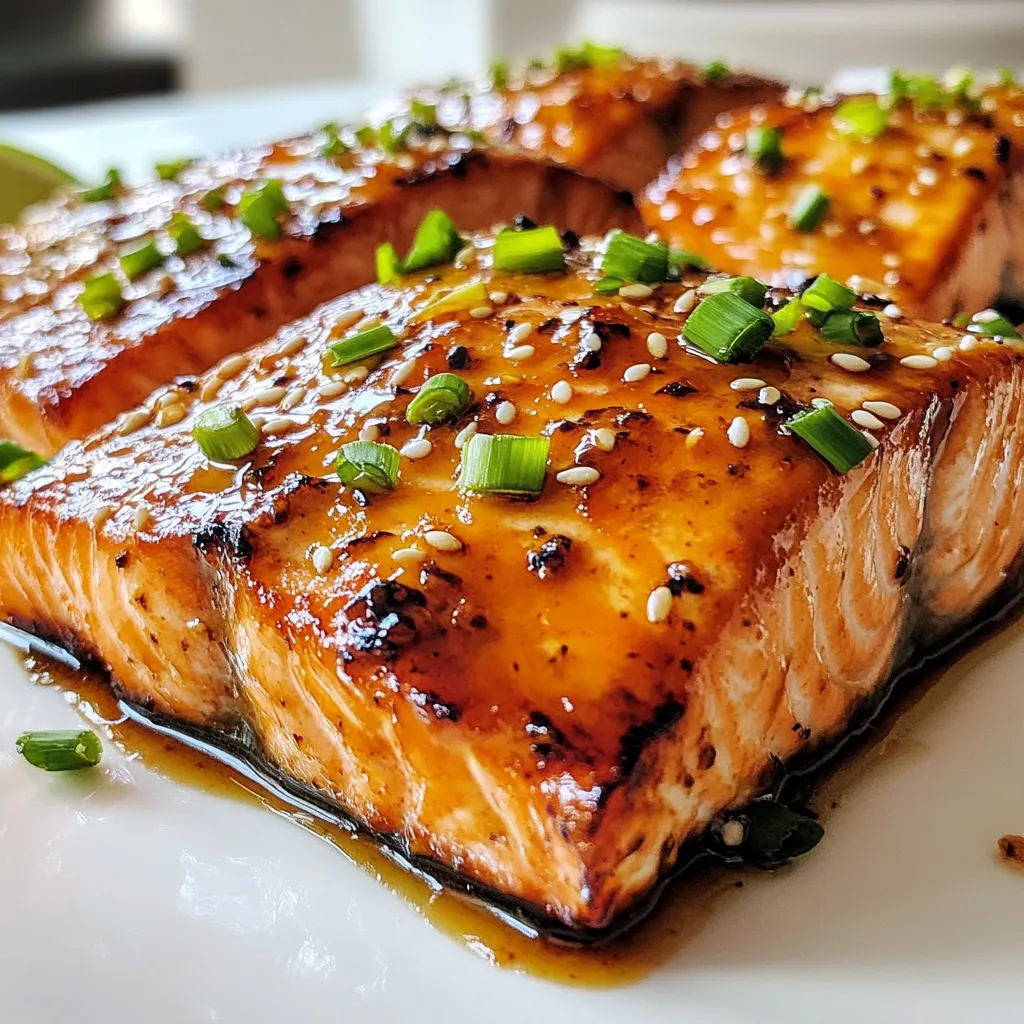 - 4 salmon fillets (6 oz each) - 3 tablespoons honey - 2 tablespoons Sriracha sauce - 1 tablespoon soy sauce (low-sodium, if preferred) - 1 tablespoon fresh lime juice - 2 cloves garlic, minced - 1 teaspoon sesame oil - Salt and pepper - 1/4 cup green onions, thinly sliced (for garnish) - Sesame seeds (for garnish) - Grill or grill pan - Whisk and mixing bowl For this Sriracha honey glazed salmon, I use fresh ingredients for the best taste. Salmon fillets make a fantastic base. Choose fillets around 6 ounces each. Honey adds sweetness, while Sriracha gives it a spicy kick. Low-sodium soy sauce brings umami flavor without too much salt. Fresh lime juice brightens everything up. Minced garlic adds depth, and sesame oil brings richness. To finish your dish, season the salmon with salt and pepper. Green onions and sesame seeds work well as garnishes. They add color and extra flavor. You will need a good grill or grill pan to cook the salmon. A whisk and mixing bowl help mix the glaze ingredients well. With these ingredients and tools, you’re set to make a delicious meal! {{ingredient_image_1}} 1. In a small bowl, combine these ingredients: - 3 tablespoons honey - 2 tablespoons Sriracha sauce - 1 tablespoon soy sauce - 1 tablespoon fresh lime juice - 2 cloves garlic, minced - 1 teaspoon sesame oil Whisk them together until they mix well. This glaze adds sweet heat to your salmon. 2. Take your salmon fillets and season them. Use salt and pepper on both sides. This simple step enhances the fish's natural taste. 3. Preheat your grill or grill pan. Set it to medium-high heat. Lightly oil the grates to stop the salmon from sticking. 4. When the grill is hot, place the salmon fillets skin-side down. Brush them with the Sriracha honey glaze. This adds flavor as the salmon cooks. 5. Grill the salmon for 4-5 minutes on each side. Brush more glaze halfway through. The salmon should flake easily and show a nice char. 6. After grilling, take the salmon off the heat. Let it rest for a couple of minutes. Resting helps keep it juicy. 7. Serve the salmon on a plate. Drizzle any leftover glaze on top. This adds even more flavor. 8. For a nice touch, garnish with sliced green onions and sesame seeds. They add color and crunch to your dish. - Ideal grill temperature: Preheat your grill to medium-high heat. This helps the salmon cook evenly and get that nice char. - Avoiding sticking on the grill: Lightly oil the grill grates before placing the salmon. This keeps the fish from sticking and helps it cook better. - Additional spices for glaze: You can add a pinch of paprika or cayenne for more heat. A dash of ginger can also add a fresh twist. - Marinating the salmon: For deeper flavor, marinate the salmon in the Sriracha honey glaze for 30 minutes. This extra time lets the flavors soak in well. - Oven-baking versus grilling: If you don’t have a grill, you can bake the salmon at 400°F for 15-20 minutes. This method is easy and gives a nice finish. - Pan-searing for a different texture: Heat a skillet over medium heat and add a bit of oil. Cook the salmon for 4-5 minutes on each side. This gives a crispy outer layer that many enjoy. Pro Tips Choose Fresh Salmon: For the best flavor and texture, select fresh salmon fillets that are bright in color and have a clean smell. Marinate for Extra Flavor: If you have time, let the salmon marinate in the glaze for 30 minutes before grilling to enhance the flavors. Control the Heat: Adjust the amount of Sriracha in the glaze to suit your spice preference; add more for a hotter kick or less for a milder flavor. Don’t Overcook: Keep an eye on the salmon while grilling, as it cooks quickly; it should be just firm to the touch and flake easily with a fork. {{image_2}} You can swap honey for other sweeteners. Maple syrup or agave nectar works well. They give a similar sweet flavor but change the taste a bit. You can also use teriyaki sauce instead of Sriracha. This adds a sweet and savory taste. Adjust the amount based on how sweet you want the dish. If you need gluten-free options, use tamari instead of soy sauce. This keeps the taste close while being safe for gluten-free diets. For low-carb diets, reduce or skip honey. You can use sugar-free sweeteners. This will help you enjoy the dish without added carbs. Pair your salmon with simple sides. Rice or quinoa works great for balance. Steamed veggies, like broccoli or carrots, add color and nutrition. A fresh salad with a light dressing adds crunch and brightness. These sides bring out the flavors of the salmon while keeping the meal healthy. To keep your Sriracha honey glazed salmon fresh, store it right. First, let the salmon cool down. Then, place it in a shallow, airtight container. You can also use a resealable plastic bag. Make sure to remove as much air as possible. This helps keep it fresh longer. Store it in the fridge for up to three days. When you want to enjoy your leftovers, reheating is key. The best way to reheat salmon is in the oven. Preheat your oven to 275°F (135°C). Place the salmon on a baking sheet and cover it loosely with foil. Heat for about 15 minutes. This method keeps the salmon moist and tasty. You can also use a microwave. Just heat it on low for one minute at a time. Check often to avoid overcooking. Freezing is a great option for longer storage. You can freeze both the salmon and the glaze. First, let the salmon cool completely. Wrap each fillet tightly in plastic wrap and place them in a freezer bag. For the glaze, pour it into an ice cube tray. Once frozen, transfer the cubes to a bag. This way, you can use small amounts as needed. To thaw, place the salmon in the fridge overnight. For the glaze, just warm it up on low heat before serving. Grilling salmon takes about 4 to 5 minutes per side. For thicker fillets, add 1 to 2 minutes. Aim for a cooked temperature of 145°F. The salmon should flake easily with a fork. Remember, a good rule is to grill each inch of thickness for about 8 to 10 minutes total. Yes, you can use maple syrup or agave nectar. Both add sweetness but change the flavor slightly. Maple syrup gives a rich taste, while agave is lighter. If you prefer a sugar substitute, try using stevia. It works well but can alter the glaze's texture. Pair the salmon with simple sides like rice or quinoa. A fresh salad with greens and cucumbers works too. Steamed broccoli or asparagus adds a crunchy bite. You can also serve it with roasted sweet potatoes for a sweet contrast. This blog post covered the essentials for making Sriracha Honey Glazed Salmon. You learned about the main ingredients, cooking steps, and tips for a perfect grill. Proper seasoning and garnishes enhance the flavor, while storage tips ensure leftovers remain tasty. Explore variations to suit your taste and dietary needs. Grilling this dish offers a delightful taste that is both easy and satisfying. Enjoy creating this meal that is sure to impress, and remember, cooking is about having fun and experimenting!