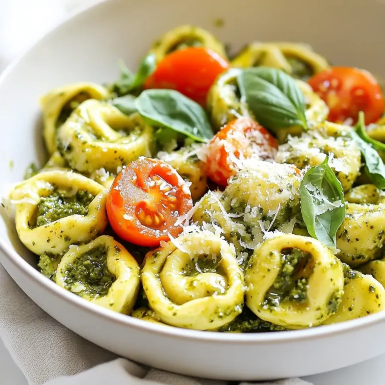 For this creamy pesto tortellini skillet, we need a few key items: - 1 (9 oz) package cheese tortellini (fresh or frozen) - 1 cup heavy cream - 1/4 cup pesto (store-bought or homemade) - 1 cup cherry tomatoes, halved - 1 cup baby spinach - 1 tablespoon olive oil - 1/4 cup grated Parmesan cheese (plus more for serving) - Salt and pepper to taste - Fresh basil leaves for garnish These ingredients come together to create a rich and flavorful dish. The tortellini serves as a hearty base. The cream adds richness, while the pesto brings in that fresh, herbal taste. You can make this dish your own by adding extra ingredients. Here are some tasty options: - Grilled chicken or shrimp for protein - Artichoke hearts for more flavor - Pine nuts for a crunchy texture - Sun-dried tomatoes for a deeper taste These add-ins can elevate the dish. You can mix and match based on what you like. Choosing quality ingredients is key to a great dish. Here are some tips: - Tortellini: Opt for fresh tortellini if you can. It has a better texture and flavor. Frozen works well too. - Cream: Use heavy cream for the best results. It creates a smooth and rich sauce. - Pesto: If you make homemade pesto, use fresh basil for a vibrant taste. Store-bought is a convenient option. - Tomatoes: Select ripe cherry tomatoes. They should be firm and bright. - Spinach: Pick fresh baby spinach. Look for vibrant green leaves without wilting. By following these tips, you’ll set your dish up for success. Quality makes a difference in flavor and presentation. {{ingredient_image_1}} First, fill a large pot with water. Add salt and bring it to a boil. Once boiling, add the cheese tortellini. Cook it according to the package directions until it is al dente. This usually takes about 3 to 5 minutes. After cooking, drain the tortellini in a colander and set it aside. Make sure not to rinse it, as this helps the sauce stick later. Next, grab a large skillet and heat one tablespoon of olive oil over medium heat. Once the oil is hot, add the halved cherry tomatoes. Sauté them for about 2 to 3 minutes, until they start to soften. Then, toss in the baby spinach. Cook for another 1 to 2 minutes, stirring often. The spinach should wilt nicely during this time. Now it's time to make the sauce. Reduce the heat to low and pour in 1 cup of heavy cream and 1/4 cup of pesto. Stir everything together until well mixed and heated through. After that, add the cooked tortellini to the skillet. Gently toss everything together so the tortellini gets coated in the creamy pesto sauce. Finally, sprinkle in 1/4 cup of grated Parmesan cheese. Toss again to combine. Season with salt and pepper to taste. Let it simmer for 2 to 3 minutes, and then it’s ready to serve! When making creamy pesto tortellini, avoid overcooking the tortellini. This can lead to mushy pasta. Always check the package for cooking time and taste for doneness. Another mistake is not draining the tortellini well. Excess water can thin your sauce. Finally, don’t skip seasoning. A little salt and pepper can enhance the dish. To boost flavor, try adding garlic. Sauté minced garlic with the tomatoes for a rich taste. You can also use fresh herbs like thyme or oregano. They add depth and freshness. If you like heat, sprinkle in some red pepper flakes. This will give your dish a nice kick. Use a large pot for boiling the tortellini. It helps keep pasta from sticking. A large skillet is key for sautéing veggies and mixing everything. A wooden spoon works well for stirring without scratching your pan. Don’t forget a measuring cup for the cream and pesto. A colander is essential for draining tortellini, too. These tools will make cooking easier and more fun. Pro Tips Use Fresh Ingredients: Fresh tortellini and seasonal vegetables can elevate the flavor of your dish significantly. Customize Your Pesto: Experiment with different nuts or herbs in your pesto for a unique twist on this classic sauce. Adjusting Creaminess: For a lighter version, substitute half of the heavy cream with chicken or vegetable broth. Perfectly Seasoned: Taste your dish before serving and adjust the seasoning with salt and pepper to enhance the flavors. {{image_2}} You can easily make this dish more veggie-friendly. Add mushrooms, bell peppers, or zucchini for extra flavor. Toss in some peas for sweetness. You can also swap the cheese tortellini for a vegetable-based one. This keeps it delicious while adding colorful veggies. If you want more protein, chicken or shrimp works well. Cook them in the skillet before adding the veggies. Tofu is a great plant-based choice, too. Simply sauté it until golden, then mix it in with the tortellini. These options make the dish heartier and filling. For a gluten-free meal, choose gluten-free tortellini. Many stores offer this option now. You can also use zucchini noodles or spaghetti squash as a base. These alternatives keep the dish light while still being tasty. Just remember to adjust cooking times for these fresh options. After you enjoy your creamy pesto tortellini skillet, store any leftovers in an airtight container. Let the dish cool to room temperature before sealing it. This helps prevent moisture build-up. Leftovers can stay fresh in the fridge for up to three days. Always label the container with the date. When you're ready to enjoy your leftovers, reheat them gently. Place the tortellini in a skillet over low heat. Add a splash of cream or a bit of water to keep it moist. Stir often until it's hot. You can also use a microwave. Heat in short bursts of 30 seconds, stirring in between until warm. If you want to save this dish for later, you can freeze it. Pack the cooled tortellini in a freezer-safe container. It will last up to three months. To thaw, move it to the fridge overnight. For quick thawing, use the microwave. After thawing, reheat as mentioned earlier. Enjoy your creamy meal anytime! Yes, you can use any pasta you like. Farfalle, penne, or even spaghetti works well. Just make sure to cook it to al dente. The key is to pair it with the creamy pesto sauce for great flavor. To lighten this dish, try using half-and-half instead of heavy cream. You can also reduce the amount of cheese. Adding more veggies like zucchini or bell peppers can boost nutrition without adding calories. This creamy pesto tortellini goes well with many sides. A simple green salad adds crunch and freshness. Garlic bread is also a favorite; it soaks up the sauce nicely. Roasted vegetables make a tasty and healthy option, too. In this post, I covered how to make creamy pesto tortellini. We explored key ingredients, like tortellini and fresh spinach. I shared tips to avoid common mistakes while cooking. You can also try variations to fit your taste or diet. Lastly, I provided best storage methods for leftovers. Enjoy making this recipe your own. With simple steps and fun add-ins, you can create a dish you love. Happy cooking!