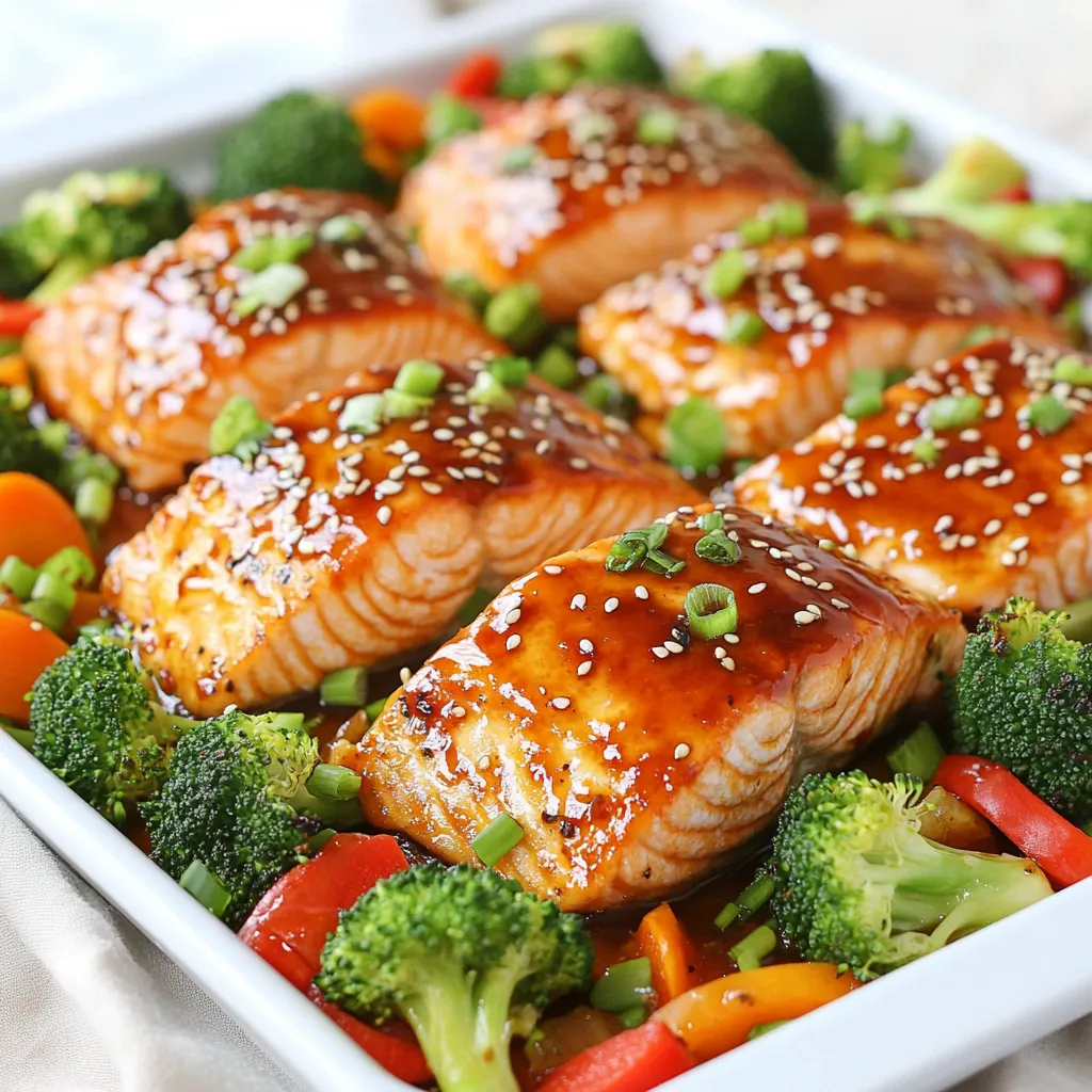 - 4 salmon fillets - 1 cup teriyaki sauce - 2 cups broccoli florets - 1 red bell pepper, sliced - 2 carrots, thinly sliced To start, the main ingredients are simple yet packed with flavor. Salmon fillets bring a rich taste and healthy fats. The teriyaki sauce adds a sweet and salty punch. Fresh vegetables like broccoli, red bell pepper, and carrots not only brighten the dish but also provide crunch and nutrients. - 2 tablespoons sesame oil - 1 tablespoon fresh ginger, grated - 3 cloves garlic, minced - 1 green onion, chopped (for garnish) - Sesame seeds (for garnish) Next, the additional ingredients enhance the dish. Sesame oil adds a nutty aroma, while ginger and garlic give it depth. Garnishes like green onion and sesame seeds offer a pop of color and texture. These ingredients work together to create a dish that looks and tastes great. {{ingredient_image_1}} First, preheat your oven to 400°F (200°C). This step is key for even cooking. While the oven heats, take a large baking sheet. Line it with parchment paper. This makes cleanup easy and helps prevent sticking. In a bowl, mix together the teriyaki sauce, sesame oil, grated ginger, and minced garlic. Stir well until combined. This marinade adds rich flavor to your salmon. Make sure each ingredient blends nicely. You want a smooth and tasty mixture. Now, place the salmon fillets on one side of the sheet pan. Brush the teriyaki marinade generously over the salmon. On the other side, arrange the broccoli florets, sliced red bell pepper, and sliced carrots. Drizzle a little olive oil over the veggies. Season them with salt and pepper. Toss everything to coat well. Put the sheet pan in the preheated oven. Bake for about 15 to 20 minutes. The salmon should be cooked through and the veggies tender. To check the salmon, use a meat thermometer. It should reach an internal temperature of 145°F (63°C). This ensures it is safe to eat and perfectly flaky. To cook salmon perfectly, use the oven method. Preheat your oven to 400°F (200°C). This high heat gives the salmon a nice crust. Brush the teriyaki marinade on the salmon before baking. If you want more flavor, let it marinate for 30 minutes. You can add more ginger or garlic to the marinade for a bolder taste. Prepare your vegetables well. Cut the broccoli, bell pepper, and carrots evenly. This helps them cook at the same rate. Drizzle them with olive oil, salt, and pepper. Toss to coat the veggies well. Add the veggies to the pan after the salmon has baked for 5 minutes. This timing ensures they stay crisp and bright. For a beautiful look, serve right from the sheet pan. It gives a rustic feel. If you want a fancier touch, plate each salmon fillet with vegetables. Drizzle extra teriyaki sauce on top. Garnish with chopped green onion and sesame seeds. This adds color and makes your dish pop! Pro Tips Marinate for Flavor: For a deeper flavor, allow the salmon to marinate in the teriyaki sauce for at least 30 minutes before baking. Vegetable Variations: Feel free to swap in other vegetables like snap peas or zucchini to customize the dish to your taste. Leftover Storage: Store any leftovers in an airtight container in the fridge for up to 2 days, and enjoy them cold or reheated. Perfectly Cooked Salmon: Use a meat thermometer to check that the internal temperature of the salmon reaches 145°F (63°C) for safe consumption. {{image_2}} If you want to switch things up, you can use other proteins. Try using cod, tilapia, or chicken. Each option brings its own flavor and texture. Cod has a mild taste and cooks quickly. Tilapia is also mild and flaky. Chicken thighs or breasts work great too. Just adjust the cooking time. Chicken needs more time than fish to cook through. You can mix vegetables based on what you have. Seasonal veggies add fun and flavor. In spring, use asparagus or snap peas. Summer is perfect for zucchini or bell peppers. In fall, sweet potatoes or Brussels sprouts taste great. Just remember to cut them to similar sizes for even cooking. If you want to make your own teriyaki sauce, it’s easy! Combine soy sauce, honey, rice vinegar, and garlic. You can tweak it to your taste. If you prefer store-bought sauces, many options exist. Look for low-sodium versions or those with no added sugars for a healthier choice. To keep your teriyaki salmon fresh, follow these steps: - Cool down: Let the salmon and veggies cool to room temperature. - Use airtight containers: Place the salmon and vegetables in separate airtight containers. - Refrigerate: Store in the fridge for up to three days. This method helps maintain flavor and texture. If you have extra teriyaki sauce, store it in a small container too. To reheat your teriyaki salmon, follow these tips: - Oven method: Preheat your oven to 350°F (175°C). Place the salmon on a baking sheet. Cover it with foil to keep it moist. - Time it right: Heat for 10-15 minutes or until warmed through. - Microwave option: Put the salmon on a microwave-safe plate. Heat in 30-second intervals until warm. These methods help keep the dish juicy and flavorful. Adding a splash of teriyaki sauce before reheating adds extra zest. If you want to freeze your teriyaki salmon, follow these guidelines: - Wrap it well: Use plastic wrap to cover the salmon tightly. Then, place it in a freezer-safe bag. - Label and date: Mark the bag with the date and contents. This helps you track how long it's been frozen. - Thawing: When ready to eat, thaw in the fridge overnight. Frozen teriyaki salmon lasts up to three months. Reheat it gently after thawing to keep the flavor intact. Teriyaki salmon lasts about 3 to 4 days in the fridge when stored properly. Make sure to place it in an airtight container. This helps to keep it fresh. You can also cover it tightly with plastic wrap. If you want to enjoy it longer, consider freezing it. Yes, you can use frozen salmon for this recipe. Just remember to thaw it first. The best way to thaw salmon is overnight in the fridge. If you are short on time, you can also use the cold water method. Place the sealed salmon in a bowl of cold water for about an hour. For a complete meal, serve teriyaki salmon with rice or quinoa. These grains soak up the sauce well. You can also add a fresh green salad or steamed veggies. Some popular sides are: - Steamed rice - Brown rice - Quinoa - Edamame - Mixed greens salad Traditional teriyaki sauce is not gluten-free. It often contains soy sauce, which has wheat. However, you can find gluten-free soy sauce. Look for brands labeled as gluten-free. You can also make your own teriyaki sauce using gluten-free ingredients. Just use tamari instead of regular soy sauce. This blog post covered how to make delicious teriyaki salmon with fresh vegetables. You learned the key ingredients, from salmon to teriyaki sauce, and how to prepare them step-by-step. I shared tips for perfecting the salmon and ideas for adding variety. Whether using different proteins or seasonal veggies, there are many tasty options. With simple storage and reheating tips, your meal will stay fresh. Embrace the joy of homemade teriyaki salmon and enjoy this healthy dish!