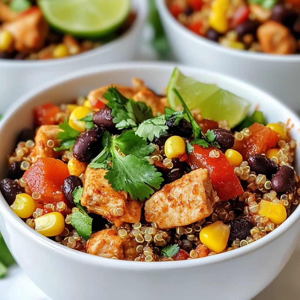 - Chicken and Protein Options - 1 lb (450g) boneless, skinless chicken breast, diced - Vegetables and Grains - 1 cup quinoa, rinsed - 2 cups chicken broth - 1 can (15 oz) black beans, drained and rinsed - 1 cup corn kernels (fresh or frozen) - 1 red bell pepper, diced - 1 green bell pepper, diced - 1 small red onion, diced - 2 cloves garlic, minced - Spices and Seasonings - 2 teaspoons chili powder - 1 teaspoon cumin - 1 teaspoon smoked paprika - Salt and pepper to taste - 2 tablespoons olive oil - Fresh cilantro, chopped (for garnish) - Lime wedges (for serving) This dish shines with fresh ingredients. You can use chicken breast for protein. If you like, try beans or tofu for a different twist. The quinoa offers a nutty flavor and good texture. Fresh veggies make this dish bright. Red and green bell peppers add sweetness and crunch. Corn adds sweetness and color. Onions and garlic give depth and a lovely aroma. The spices bring warmth and flavor. Chili powder adds heat, while cumin gives earthiness. Smoked paprika adds a rich, smoky taste. Adjust salt and pepper to fit your taste. Each ingredient brings something special. Together, they create a delicious, healthy meal that warms the heart. {{ingredient_image_1}} Sautéing Aromatics Start by heating olive oil in a large skillet over medium heat. Add the diced red onion and minced garlic. Sauté these for about 2-3 minutes. You want them softened and fragrant. This step lays the base for great flavor. Cooking the Chicken Next, add the diced chicken breast to the skillet. Season the chicken with salt, pepper, chili powder, cumin, and smoked paprika. Cook it for about 5-7 minutes. Stir occasionally, letting the chicken turn golden and cook through. Adding Vegetables and Spices Now, it’s time to add the diced red and green bell peppers. Cook these for another 3 minutes until they start to soften. This adds color and crunch to your dish. Combining Ingredients Stir in the rinsed quinoa, chicken broth, black beans, and corn. Mix well so that everything is combined. Bring this mixture to a boil. Simmering Time Once boiling, reduce the heat to low. Cover the skillet and let it simmer for 15-20 minutes. The quinoa will absorb the liquid and become fluffy during this time. Adjusting Seasoning After the quinoa is fluffy, taste your dish. Adjust the seasoning as needed. This might be more salt or a pinch of extra spices. Garnishing and Serving Remove the skillet from heat and let it sit for 2 minutes. Garnish with fresh chopped cilantro. Serve with lime wedges on the side for an extra burst of flavor. Enjoy your colorful, tasty meal! Rinsing and Prepping Quinoa Always rinse quinoa before cooking. This step removes the bitter coating called saponin. Use a fine mesh strainer to wash it well under cool water. Cooking Time Adjustments Quinoa typically takes 15-20 minutes to cook. If you want a softer texture, add a bit more liquid and let it simmer longer. Suggested Spice Adjustments Feel free to mix spices to suit your taste. Try adding cayenne for heat or oregano for a fresh twist. Adjust spice levels based on your preference. Add-ins for Extra Nutrition Consider adding spinach or kale for more greens. You can also toss in chopped avocado or nuts for healthy fats and crunch. Creative Plating Ideas Serve your skillet in bowls for a cozy feel. Layer quinoa first, then add chicken and veggies on top. This adds height and makes it look appealing. Garnishes That Make a Difference Fresh cilantro adds color and flavor. A squeeze of lime over the dish brightens everything up. You can also sprinkle some cheese for a creamy touch. Pro Tips Use Fresh Ingredients: Fresh vegetables and herbs enhance the flavor of the dish. Opt for seasonal produce when possible. Cook Quinoa Properly: Rinse quinoa before cooking to remove its natural coating, which can taste bitter. This step ensures a nuttier flavor. Customize Spice Levels: Adjust the amount of chili powder and cumin based on your spice preference to make the dish milder or spicier. Rest Before Serving: Allow the skillet to rest for a few minutes after cooking. This helps the flavors meld together for a more delicious meal. {{image_2}} Gluten-Free Options This dish is naturally gluten-free. Use certified gluten-free chicken broth. Check labels on all canned items, like beans and corn. This way, you can enjoy a safe meal. Vegetarian or Vegan Versions For a vegetarian twist, replace chicken with tofu or tempeh. Use vegetable broth instead of chicken broth. You can also add more beans or chickpeas for extra protein. For a vegan version, just follow the same steps, and skip any animal products. Southwest Flavor Boosters Boost the dish with extra spices. Add cayenne pepper for heat or lime zest for brightness. You can also mix in some diced jalapeños for a spicy kick. Fresh herbs like oregano or thyme can add depth too. Local Ingredient Swaps Use seasonal veggies from your local market. Substitute zucchini or squash for the peppers. Fresh corn is great when it’s in season. This way, you support local farms and enjoy fresh tastes. Side Dish Recommendations Pair this skillet with a simple salad. A fresh green salad with lime vinaigrette complements it well. You can also serve it with tortilla chips or warm cornbread for extra crunch. Meal Prep Ideas This dish is perfect for meal prep. Make a big batch and store it in portions. It keeps well in the fridge for up to four days. You can easily reheat it for lunch or dinner on busy days. To keep your Southwest Chicken Quinoa Skillet fresh, store it in an airtight container. This helps retain flavor and texture. Make sure to cool the dish before sealing it. Place it in the fridge if you plan to eat it within three days. For longer storage, you can freeze it. - Best Practices for Refrigeration: Use a glass or plastic container. Label it with the date. Keep it on a shelf, not the door. This ensures a stable temperature. - Freezing Tips: Use freezer-safe bags or containers. Remove as much air as possible. It can last up to three months in the freezer. Thaw it overnight in the fridge before reheating. When it’s time to enjoy your leftovers, there are two main ways to reheat your dish. You can use a microwave or stovetop. - Microwave vs Stovetop: The microwave is quick. Heat it in 1-minute intervals, stirring in between. The stovetop may take longer, but it heats more evenly. Add a splash of broth if it seems dry. - Best Way to Reheat Quinoa Dishes: Use low heat on the stovetop. Stir often to avoid sticking. It should be hot throughout in about 5-10 minutes. Knowing how long your dish lasts is important for safety. - How Long Does It Last?: In the fridge, it lasts about three days. In the freezer, it stays good for up to three months. - Signs of Spoilage: Look for off smells, mold, or a change in color. If you notice any of these, it’s best to discard the dish. Always trust your senses! Can I use different types of beans? Yes, you can use many beans. Pinto beans or kidney beans work well. They add flavor and protein. Just make sure to rinse them before using. What can I substitute for quinoa? You can swap quinoa with rice or bulgur. Both will give you a hearty base. However, adjust the cooking time and liquid needed. How can I make this dish spicier? To add heat, include diced jalapeños. You can also add cayenne pepper or hot sauce. Start with a little, then taste and adjust. Calories and Macronutrients This dish has about 400 calories per serving. It is high in protein and fiber. Each serving has around 30g of protein and 10g of fiber. Health Benefits of Ingredients Chicken provides lean protein. Quinoa is a complete protein and gluten-free. Beans add fiber and minerals. Bell peppers are rich in vitamins A and C. Can I prep ingredients in advance? Yes, you can chop vegetables and rinse beans ahead of time. Store them in the fridge for easy cooking later. How long does it take to cook from start to finish? The total time is about 30 minutes. Prep takes about 10 minutes, and cooking takes around 20 minutes. It’s quick and perfect for weeknights. This blog post covered easy recipes for a flavorful Southwest Chicken Quinoa Skillet. We discussed key ingredients, step-by-step cooking instructions, and tips for perfect quinoa. You learned about dietary options and how to store leftovers safely. In closing, making this dish is fun and simple. With flavor adjustments or ingredient swaps, you can enjoy a meal that fits your taste. Now, gather your ingredients and start creating delicious meals today!