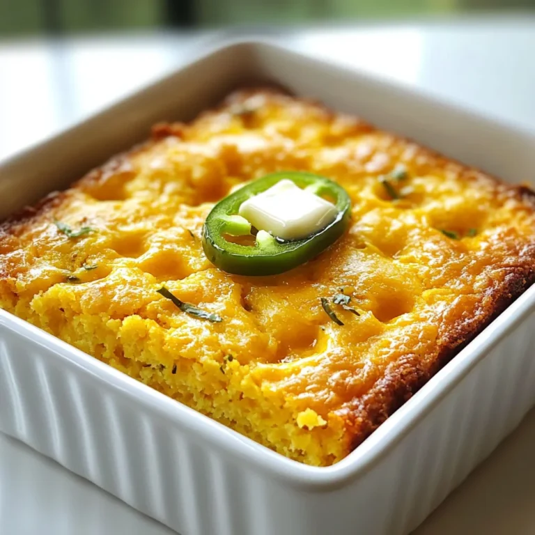 - 1 cup cornmeal - 1 cup all-purpose flour - 1 tablespoon baking powder - 1/2 teaspoon salt - 1/4 cup sugar For the dry ingredients, I use a mix of cornmeal and all-purpose flour. Cornmeal gives the cornbread a nice texture. The flour helps it rise well. Baking powder is key for fluffiness. Salt adds flavor, while sugar gives a hint of sweetness. - 1 cup milk - 2 large eggs - 1/4 cup unsalted butter, melted The wet ingredients include milk, eggs, and melted butter. Milk makes the cornbread moist. Eggs bind everything together. Melted butter adds richness and a lovely flavor. - 1 cup shredded sharp cheddar cheese - 1-2 jalapeños, finely chopped Now for the fun part! I add sharp cheddar cheese for a cheesy kick. Jalapeños bring the heat. You can adjust the amount based on how spicy you like it. More jalapeños mean more flavor and warmth! {{ingredient_image_1}} - Preheat oven to 400°F (200°C). - Grease an 8-inch square baking dish or use parchment paper. - In a large bowl, mix together: - 1 cup cornmeal - 1 cup all-purpose flour - 1 tablespoon baking powder - 1/2 teaspoon salt - 1/4 cup sugar - In a separate bowl, whisk together: - 1 cup milk - 2 large eggs - 1/4 cup unsalted butter, melted - Fold the wet mix into the dry mix. - Stir gently to combine. Avoid overmixing to keep the cornbread light. - Pour the batter into the prepared dish. - Bake for 20-25 minutes. Look for a golden top. - Let the cornbread cool for a few minutes. - Slice into squares and serve warm. To get the best texture, avoid overmixing your batter. Overmixing makes the cornbread dense and tough. Mix just until the dry and wet ingredients are combined. This keeps it light and fluffy. To check for doneness, use a toothpick. Insert it into the center of the cornbread. If it comes out clean, your cornbread is ready. You can adjust the spice level by changing the jalapeño amount. If you like heat, add more jalapeños. For milder cornbread, use fewer. The type of cheese also matters. Using high-quality sharp cheddar enhances the taste. It adds a rich, savory flavor that pairs perfectly with the cornmeal base. Serve your cornbread warm. A dollop of butter makes it even better. You can also sprinkle more cheese on top for extra flavor. Garnish each slice with jalapeño slices. This not only adds color but also a nice bite. Enjoy this cornbread with soups, chili, or as a snack on its own. Pro Tips Adjusting Spice Level: If you prefer a milder cornbread, remove the seeds from the jalapeños before chopping, as the seeds hold much of the heat. Cheese Variations: Experiment with different types of cheese such as pepper jack for an extra kick or a mild mozzarella for a creamier texture. Storage Tips: Store leftover cornbread in an airtight container at room temperature for up to 2 days, or refrigerate for longer freshness. Serving Suggestions: Pair with chili or BBQ dishes for a delicious meal, or enjoy it as a side with soups for a comforting experience. {{image_2}} To make this cornbread gluten-free, swap all-purpose flour for gluten-free flour. Brands like Bob's Red Mill and King Arthur Flour work well. These blends mimic regular flour's texture, so your cornbread stays light and tasty. If you want a vegan cornbread, replace milk with almond or soy milk. For eggs, use flaxseed meal or applesauce. Mix one tablespoon of flaxseed with three tablespoons of water for each egg you need. This keeps the cornbread moist and fluffy. You can add a pop of sweetness by mixing in corn kernels. This gives a nice texture and flavor. Also, try different cheese types like pepper jack or gouda for a fun twist. Each cheese brings its unique taste, enhancing the cornbread experience. To keep your Jalapeño Cheddar Cornbread fresh, wrap it in plastic wrap. You can also place it in an airtight container. This method helps retain its moisture and flavor. Store it at room temperature for up to two days. If you want to keep it longer, consider refrigerating it. In the fridge, it can last for about a week. When you are ready to enjoy your cornbread again, the best way to reheat it is in the oven. Preheat your oven to 350°F (175°C). Place the slices on a baking sheet and cover them with foil. Heat for about 10-15 minutes. This keeps the cornbread warm and soft. If you prefer, you can use a microwave. Just heat for 15-30 seconds. Be careful not to overheat, or it may become dry. Freezing cornbread is a great option for later use. First, let the cornbread cool completely. Then, wrap each piece tightly in plastic wrap. Place the wrapped slices in a freezer bag and remove as much air as possible. It can last for up to three months in the freezer. When you want to eat it, move it to the fridge overnight to thaw. For the best flavor, reheat it in the oven after thawing. This keeps the texture nice and fresh. Yes, you can use frozen jalapeños. They will still add flavor. However, they may release some water as they thaw. This can make the cornbread a bit moist. If you use frozen jalapeños, make sure to drain the excess water. Fresh jalapeños will give better texture and taste, but frozen ones work in a pinch. You can tell if the cornbread is done by its color and texture. Look for a golden brown top. You can also do a toothpick check. Insert a toothpick into the center. If it comes out clean, your cornbread is ready. If it has wet batter on it, bake a few more minutes. This cornbread pairs well with many dishes. It goes great with chili or soup. You can also serve it with BBQ meats. It's perfect for a cozy dinner. For a tasty twist, try adding butter or honey on top. A side salad can balance the meal nicely, too. In this post, we covered how to make Jalapeño Cheddar Cornbread with simple steps. We explored dry and wet ingredients, plus flavor add-ins. I shared tips for perfect texture and flavor, along with variations for gluten-free and vegan options. Proper storage and reheating methods keep your cornbread fresh and tasty. Enjoying warm cornbread with butter or cheese can enhance any meal. Remember, you can adjust spice levels to your taste. Make this recipe your own and enjoy every bite!