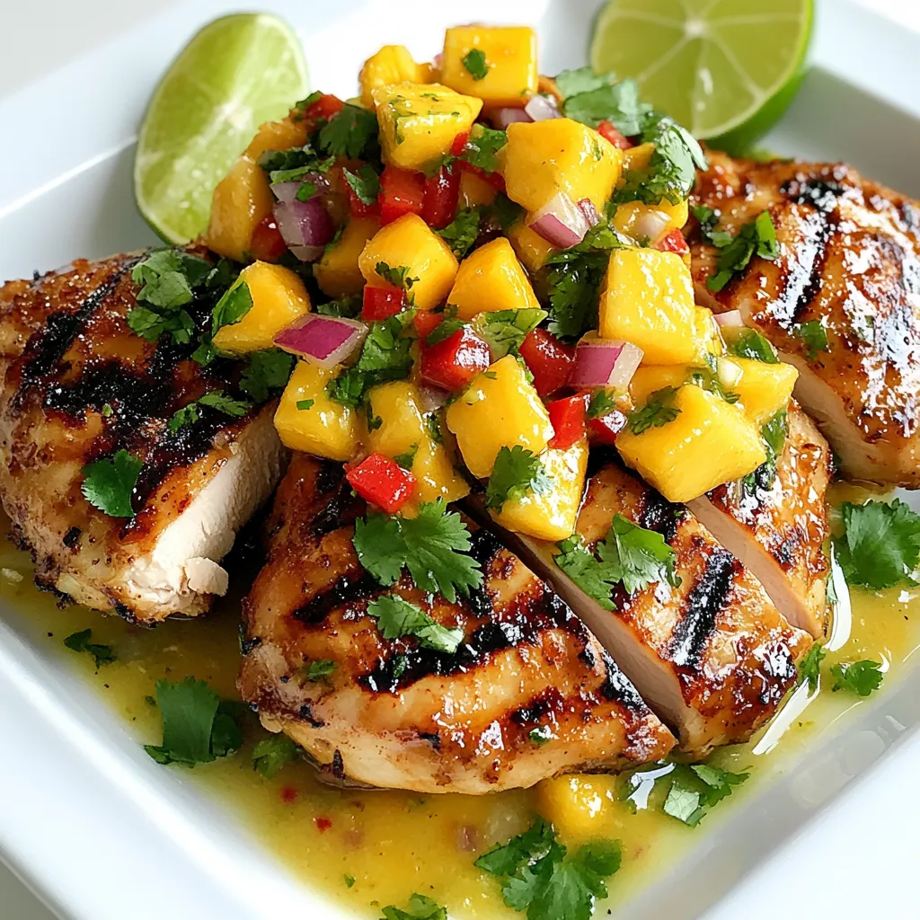 For this recipe, you will need 4 boneless, skinless chicken thighs. These are juicy and flavorful. They stay moist while cooking, making them perfect for grilling. You can also use chicken breasts, but thighs offer a richer taste. The mango salsa is bright and fresh. You will need: - 2 ripe mangoes, diced - 1 small red onion, finely chopped - 1 red bell pepper, diced - 1 jalapeño, deseeded and minced (adjust to taste) - 1/4 cup fresh cilantro, chopped - 2 tablespoons lime juice These ingredients blend well together. The sweet mangoes balance the heat from the jalapeño. The red onion and bell pepper add crunch and color. To season the chicken, mix these ingredients: - 1 tablespoon olive oil - 1 teaspoon ground cumin - Salt and pepper to taste Rub this mix over the chicken thighs before grilling. The olive oil helps keep the chicken tender. The cumin adds a warm and earthy flavor. Adjust the salt and pepper to your taste. {{ingredient_image_1}} Start by preheating your grill. Set it to medium-high heat. While the grill warms up, take your chicken thighs. In a small bowl, mix olive oil, ground cumin, salt, and pepper. This will add great flavor. Rub this mixture all over the chicken. Make sure each piece is well coated. This step helps the chicken stay juicy and tasty. Now it’s time to grill. Place the chicken thighs on the grill. Cook for about 6 to 7 minutes on each side. You want the inside to reach 165°F. This ensures it is safe to eat. Once done, take the chicken off the grill. Let it rest for a few minutes. Resting allows the juices to settle. While the chicken rests, prepare the mango salsa. In a medium bowl, combine diced mangoes, finely chopped red onion, and diced red bell pepper. Add the minced jalapeño for a little heat. Mix in chopped cilantro and lime juice. Toss gently to combine all ingredients. Taste and add a pinch of salt if needed. This salsa brings fresh flavors to the dish. Slice the grilled chicken thighs into strips. Arrange them on a colorful platter. Top the chicken with a generous scoop of mango salsa. For extra flair, garnish with more cilantro and lime wedges. This dish looks beautiful and is full of flavor. Enjoy your meal with family or friends! To get juicy and tender chicken, start with high-quality thighs. They add flavor and moisture. Rub the chicken with olive oil, cumin, salt, and pepper. This blend makes the chicken tasty. Grill on medium-high heat. Cook for 6-7 minutes per side. Use a meat thermometer to check for 165°F (75°C). Let the chicken rest before cutting. This keeps the juices inside. Mango salsa adds a burst of flavor. Use ripe mangoes for sweetness. Finely chop the red onion and red bell pepper for crunch. Adjust the jalapeño to your spice level. Fresh cilantro adds a nice herbal note. The lime juice brightens up the entire dish. Mix it all gently so the salsa stays fresh and colorful. Make your dish a feast for the eyes! Serve the chicken on a vibrant platter. Pile the mango salsa on top for a colorful look. Add extra cilantro for a fresh touch. Lime wedges next to the chicken offer a pop of green. This not only looks great but also enhances the flavor when squeezed over the top. Pro Tips Marinate for Flavor: For an even richer flavor, consider marinating the chicken thighs in the olive oil and cumin mixture for at least 30 minutes before grilling. Adjust Heat Level: If you prefer a milder salsa, remove all the seeds from the jalapeño. For extra heat, leave some seeds in or add more jalapeño to taste. Fresh Ingredients: Use the ripest mangoes you can find for the sweetest salsa. Fresh cilantro also adds a vibrant flavor that enhances the dish. Let It Rest: Allow the grilled chicken to rest for a few minutes before slicing. This helps retain the juices and keeps the chicken tender and moist. {{image_2}} You can switch chicken thighs for other proteins. Try boneless chicken breasts for a leaner choice. Grilled shrimp works great with mango salsa too. You can even use fish like salmon or tilapia. These proteins soak up flavors well and are easy to grill. Mango salsa is tasty, but you can mix it up! Use pineapple or peaches for a sweet twist. Add diced tomatoes for extra color and flavor. If you like heat, try adding more jalapeños or a dash of hot sauce. Fresh herbs like mint or basil add a nice touch too! Serve the mango salsa chicken with rice or quinoa for a filling meal. Tacos are another fun way to enjoy this dish. Use soft tortillas and fill them with chicken and salsa. Pair your meal with a fresh salad or grilled veggies for color and crunch. Don't forget lime wedges for squeezing over the top! You can keep leftover mango salsa chicken in the fridge. Use an airtight container. It stays fresh for up to three days. Make sure the chicken is cool before you store it. This keeps the salsa nice and tasty. To reheat, use a microwave or stovetop. If using a microwave, heat in short bursts. Check the chicken every 30 seconds. You want it warm but not dry. On the stovetop, add a splash of water in a pan. Cover and heat on low. This keeps it juicy while warming. You can freeze mango salsa chicken for later. Place the chicken in a freezer bag. Remove as much air as possible. It can stay frozen for up to three months. For the salsa, freeze it in a separate bag. The textures may change, but the taste remains good. Thaw both in the fridge overnight before using. Yes, you can use chicken breasts. They will cook faster. Just be careful not to dry them out. Chicken thighs have more fat, which makes them juicy. If you prefer breasts, use a meat thermometer. Cook until they reach 165°F (75°C). Mango salsa chicken pairs well with many sides. Here are some ideas: - Rice or quinoa for a filling base - Black beans for protein and fiber - Grilled vegetables for a healthy crunch - A fresh salad with lime dressing for brightness To add heat, try these tips: - Use more jalapeño in the salsa. - Add a pinch of cayenne pepper to the chicken rub. - Drizzle hot sauce on top before serving. Adjust the spice to match your taste. Yes, you can bake the chicken in the oven. Preheat your oven to 400°F (200°C). Place the seasoned chicken thighs on a baking sheet. Bake for about 20-25 minutes, or until they reach 165°F (75°C). This method keeps the chicken moist. If you can't find mangoes, use these fruits instead: - Pineapple for sweetness and tartness - Peaches for a juicy option - Papaya for a tropical twist These fruits will add flavor and color to your salsa. This blog post covered how to create a flavorful chicken dish with mango salsa. We discussed key ingredients like chicken thighs and salsa components, and provided easy step-by-step instructions. You learned tips for grilling, enhancing flavors, and presenting your meal. Variations and storage information made it simple to adapt the recipe. In closing, this dish is versatile and fun to make. Enjoy experimenting with flavors and sharing your results!