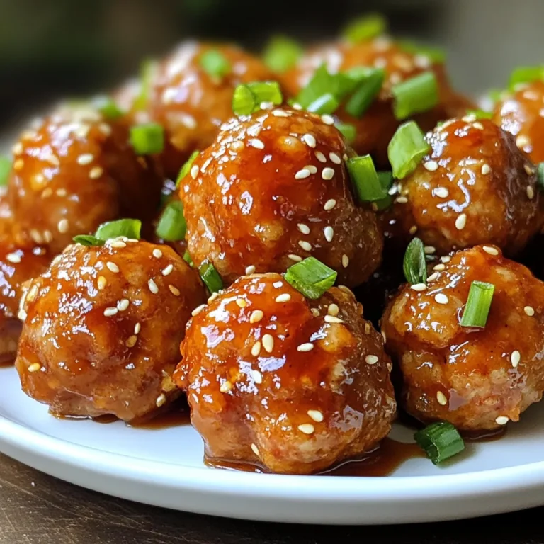- 1 lb ground chicken or turkey - 1/2 cup breadcrumbs - 1/4 cup grated Parmesan cheese - 1/4 cup finely chopped green onions - 1 egg, beaten - 2 cloves garlic, minced - 1 teaspoon ginger, minced - 1/4 teaspoon salt - 1/4 teaspoon black pepper To make these meatballs, I like using ground chicken or turkey. They are lean and soak up flavors well. The breadcrumbs help keep the meatballs soft and hold them together. Parmesan cheese adds a nice salty touch. Chopped green onions give a fresh taste. You will also need garlic and ginger for a bold flavor. The egg binds everything. Finally, salt and black pepper enhance the taste. - 1/2 cup honey - 1/4 cup Sriracha sauce - 1 tablespoon soy sauce - 1 tablespoon rice vinegar - Sesame seeds for garnish For the sauce, honey brings sweetness. Sriracha adds heat, making it exciting. Soy sauce gives a savory note, while rice vinegar balances the flavors. I like to sprinkle sesame seeds on top for crunch. This sauce is key to the dish. It coats the meatballs and gives them a shiny, sticky finish. Plus, you can adjust the heat by adding more or less Sriracha. {{ingredient_image_1}} - Preheat your oven to 400°F (200°C). - Line a baking sheet with parchment paper. This helps prevent sticking. - In a large mixing bowl, combine all meatball ingredients. - Use ground chicken or turkey, breadcrumbs, Parmesan cheese, green onions, beaten egg, minced garlic, minced ginger, salt, and black pepper. - Mix gently to combine. Be careful not to overmix; this helps keep the meatballs tender. - Use your hands to form meatballs about 1 to 1.5 inches wide. - Place them on your lined baking sheet, leaving space between each meatball. - Bake in the preheated oven for 20-25 minutes. They should be golden and cooked through. - While the meatballs bake, combine the sauce ingredients in a small saucepan. - Mix honey, Sriracha, soy sauce, and rice vinegar over medium heat. - Stir until the sauce heats through and thickens slightly, which takes about 5 minutes. - Once the meatballs are done, remove them from the oven. - Drizzle the honey Sriracha sauce over the meatballs. - Toss gently to coat each meatball, then return them to the oven for an extra 5 minutes. - Remove the meatballs from the oven and garnish with sesame seeds and extra green onions. - Serve warm as an appetizer or over rice for a main dish. Enjoy the sweet and spicy flavors! To keep meatballs from turning dry or tough, use moist ingredients. Ground chicken or turkey is lean. Adding breadcrumbs and cheese helps keep them juicy. Don't overmix the meatball mixture. Just combine until everything is mixed. This keeps them tender. For uniform size and shape, use a scoop. A medium cookie scoop works great. This way, all your meatballs cook evenly. Roll them gently in your hands. Aim for about 1 to 1.5 inches in diameter. You can adjust the sweetness and spice levels in the sauce. Want it sweeter? Add more honey. If you like heat, add extra Sriracha. Start with small amounts. Taste as you go to find your perfect balance. If you want different flavors, try other sauces. Barbecue sauce can add a smoky kick. You can also mix in some lime juice for a fresh twist. Feel free to get creative! When serving, arrange the meatballs on a platter. Drizzle with extra sauce for a nice touch. Sprinkle sesame seeds and chopped green onions on top. This makes them look appetizing. For appetizers, serve with toothpicks. They are easy to grab and eat. If serving as a main dish, place them over rice. This makes a hearty meal that everyone loves. Pro Tips Use Fresh Ingredients: Fresh herbs and spices can elevate the flavor of your meatballs. Always opt for fresh garlic and ginger for the best results. Don’t Overmix: When combining the meatball ingredients, mix just until combined. Overmixing can lead to tough meatballs. Adjust the Heat: If you prefer a milder dish, reduce the amount of Sriracha in the sauce. You can also add more honey to balance the heat. Make Ahead: These meatballs can be made ahead of time and stored in the fridge or freezer. Reheat them in the oven for a quick meal! {{image_2}} You can swap out ground chicken or turkey for other meats. Try ground beef or pork for a richer flavor. If you want leaner meat, use ground chicken breast. You can also try ground lamb for a unique twist. For vegetarian options, use chickpeas or lentils. You can mash them up and mix with breadcrumbs and spices. Another great option is using black beans for a hearty meatball. Change up the sauce for more flavors. Add garlic or lime juice for a fresh kick. You can mix in some peanut butter for a rich, nutty taste. If you want more heat, add more Sriracha or a dash of hot sauce. You can also use sweet chili sauce instead of honey Sriracha. It adds a nice sweet and spicy balance. Try mixing sauces like teriyaki for a different flavor profile. How you serve these meatballs can change the meal. Serve them on rice for a filling dish. You can also place them on skewers for easy eating. This makes them great for parties. Another fun idea is to add the meatballs to salads or wraps. They add protein and flavor to any meal. Top with extra sauce and fresh veggies for crunch. To store leftover meatballs, let them cool first. Then, place them in an airtight container. This keeps them fresh. You can store them in the fridge for up to four days. If you keep them longer, they may lose flavor. You can freeze both cooked and uncooked meatballs. For cooked meatballs, let them cool, then pack them in a freezer bag. They can last for about three months in the freezer. For uncooked meatballs, shape them and place them on a baking sheet. Freeze them until firm, then transfer to a bag. When you’re ready to eat, thaw cooked meatballs in the fridge overnight. Reheat them in the oven or microwave. For uncooked meatballs, cook them straight from frozen. Just add a few extra minutes to the cooking time. Leftover meatballs are very versatile. You can slice them for sandwiches or add them to pasta dishes. Try them in a stir-fry or on a pizza. You can also make a meatball sub with melted cheese and marinara sauce. The options are endless, so get creative! To keep your meatballs juicy, use ground chicken or turkey. Mix in breadcrumbs and cheese. The egg helps bind the mix and adds moisture. Don't overmix; this can make them tough. Bake them until golden brown. This way, they stay soft inside. Yes, you can prepare these meatballs in advance. Shape them and store in the fridge for up to one day. You can also freeze them. Just make sure to cook them from frozen for about 30 minutes. This saves time on busy days. These meatballs pair well with rice or noodles. You can also serve them with a fresh salad. For a fun twist, try them in a wrap. They make great appetizers, so serve with toothpicks. This way, everyone can enjoy them easily. The spice level depends on the Sriracha you use. If you want them milder, reduce the Sriracha in the sauce. You can also mix honey to balance the heat. For more spice, add extra Sriracha or red pepper flakes. Make it your own! Yes! You can use beef or pork in place of chicken or turkey. For a lighter option, try ground lamb. If you want a meatless meal, consider using lentils or chickpeas. Each option offers a unique flavor and texture. Honey Sriracha meatballs are simple and fun to make. We covered the key ingredients, step-by-step instructions, and tips to perfect your dish. You can customize flavors and try different proteins too. As you create these meatballs, remember the importance of balance between sweet and spicy. Enjoy experimenting with our serving suggestions and variations. Whether as a snack or main dish, they are sure to please! Now, get cooking and savor your delicious results!