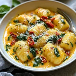 - Gnocchi (500g) - Sun Dried Tomatoes (1 cup, chopped) - Heavy Cream (1 cup) - Fresh Spinach (1 cup, chopped) - Onion (1 small, finely chopped) - Garlic (2 cloves, minced) - Parmesan Cheese (1/2 cup, grated) - Olive Oil (2 tablespoons) - Salt and Pepper to taste - Fresh Basil Leaves for garnish This creamy sun dried tomato gnocchi is a delightful dish that combines rich flavors and textures. You start with gnocchi, which is soft and pillowy. It acts as a perfect base for the creamy sauce. The sun dried tomatoes bring a burst of tangy flavor. They add depth and complexity to the dish. Heavy cream creates a smooth, rich sauce that coats every piece of gnocchi. Fresh spinach adds color and nutrients, making the dish more vibrant. Onions and garlic provide an aromatic base. They are the first ingredients to be cooked. The olive oil helps infuse the flavors well. Finally, we add Parmesan cheese for a salty, umami kick. Fresh basil leaves give a nice touch of freshness. This combination of ingredients makes each bite a delight. {{ingredient_image_1}} First, I boil a large pot of salted water. This water should bubble up nice and hot. Once it’s boiling, I add the gnocchi. The package will tell me how long to cook them. Usually, they float up to the top when they are ready. This takes about 2 to 3 minutes. After that, I drain them well and set them aside for later. Next, I heat olive oil in a large skillet over medium heat. I add the finely chopped onion and sauté it for about 3 to 4 minutes. The onion should become soft and translucent. Then, I add minced garlic and cook it for another minute. This makes the kitchen smell amazing! Now, I stir in the chopped sun dried tomatoes. I let everything cook together for about 2 minutes. This lets the flavors blend and makes the dish extra tasty. Now it’s time to make the creamy sauce. I pour in the heavy cream and let it simmer for 4 to 5 minutes. I stir it occasionally to make sure it doesn’t stick. The cream should thicken up a bit. After that, I add the chopped spinach. I cook it until it wilts down. Finally, I mix in grated Parmesan cheese. I stir until the cheese melts into the sauce. I season with salt and pepper to taste. Now comes the fun part! I gently add the cooked gnocchi into the skillet with the creamy sauce. I toss everything together, making sure all the gnocchi are well coated. If the sauce is too thick, I can always add a little pasta water to get the perfect consistency. This dish should look creamy and delicious, ready to be enjoyed! To get perfect gnocchi, start with great water. Use a large pot and add salt. The water should taste like the sea. Boil it well before adding the gnocchi. When they float, they are ready. This usually takes about 2-3 minutes. For flavor enhancement, think about adding herbs. Fresh basil or oregano can boost the taste. You can also use red pepper flakes for a little heat. When sautéing the onion and garlic, don’t rush. Let them cook until soft. This step brings out their natural sweetness. Creamy sun dried tomato gnocchi pairs well with crisp salads. A fresh arugula salad can add a nice crunch. You might also enjoy it with garlic bread. The bread soaks up the creamy sauce perfectly. For garnishing, fresh basil leaves look great. They add color and a burst of flavor. You can also sprinkle extra Parmesan cheese on top for creaminess. After cooking, let the gnocchi cool. Place it in an airtight container. It keeps in the fridge for about 3 days. Do not freeze it, as the texture can change. When reheating, use a skillet. Add a splash of cream or water. This helps keep the gnocchi creamy and tasty. Heat it over low heat, stirring gently. Enjoy your leftovers just as much as the first meal! Pro Tips Use Fresh Gnocchi: Fresh gnocchi will have a lighter texture and flavor compared to packaged varieties. If possible, try making your own for an elevated dish. Adjust Creaminess: For a lighter sauce, replace half the heavy cream with chicken or vegetable broth. This will still provide a rich flavor while reducing calories. Flavor Boost: Add a pinch of red pepper flakes to the sauce for a subtle heat that complements the sun dried tomatoes beautifully. Garnish Smart: Instead of just basil, consider adding a sprinkle of toasted pine nuts or walnuts for added texture and a nutty flavor contrast. {{image_2}} You can switch out some ingredients to make this dish your own. For a fun twist, try using mushrooms or kale instead of spinach. Both add great flavor and texture. If you want a dairy-free version, use coconut cream or cashew cream instead of heavy cream. Nutritional yeast can replace Parmesan cheese for a cheesy flavor. To boost the taste, add herbs like oregano or thyme. These spices work well with the sun-dried tomatoes. You can also throw in some cooked chicken or shrimp for added protein. This makes the dish heartier and more filling. If you need gluten-free options, look for gluten-free gnocchi brands. They taste great and fit into a gluten-free diet. For a vegan dish, skip the cheese and cream. Use a plant-based cheese and almond milk instead. This keeps the creamy texture without any animal products. Each serving of creamy sun-dried tomato gnocchi has about 600 calories. This dish packs a good balance of fats, carbs, and proteins. Here’s how it breaks down: - Fats: Approximately 30g - Carbohydrates: Roughly 70g - Proteins: About 15g These numbers give you a good idea of what you're fueling your body with. The creamy sauce contributes to the fat content, while gnocchi brings in the carbs. This dish brings you both taste and nutrition. Spinach is loaded with vitamins A and K. It also has iron, which is great for your blood. Sun-dried tomatoes are high in antioxidants, helping to fight off free radicals. They also add a nice dose of flavor. When you mix these ingredients, you not only create a tasty meal but also ensure you’re getting a balanced dish. The cream offers comfort, while the veggies pack in nutrients. It’s key to think about how much you serve. I recommend 1 to 1.5 cups per person. If you're cooking for more, simply double or triple the recipe. This dish is easy to scale up or down! Use the same ratios for each ingredient to keep the flavors balanced. Enjoy your meal without overindulging! To cook gnocchi, start with a large pot of salted water. Bring it to a boil. Add the gnocchi and cook until they float. This usually takes about 2-3 minutes. Once they float, they are done! Drain them and set aside. - Tip: Do not overcrowd the pot. Cook in batches if needed. - Tip: Use fresh gnocchi for the best texture. Yes, you can use fresh sun-dried tomatoes. However, they will taste different. Fresh sun-dried tomatoes have a lighter flavor. They also add more moisture to the dish. - Flavor Consideration: If you use fresh, add them to the skillet earlier. This gives them time to soften. - Alternative: You can also use canned sun-dried tomatoes. They are packed in oil and are very tasty. Store leftover gnocchi in an airtight container. Keep it in the fridge for up to three days. When ready to eat, reheat gently. - Best Practice: Use a skillet over low heat. Add a splash of cream or water to keep it moist. - Tip: Avoid the microwave if possible. It can make the gnocchi rubbery. In this blog post, we explored a creamy gnocchi recipe. We covered key ingredients like gnocchi, sun-dried tomatoes, and heavy cream. You learned how to make a rich sauce using spinach and cheese. We shared tips for serving and storing leftovers. To make your dish even better, try variations with different veggies or spices. This recipe not only tastes great but also brings health benefits. Enjoy your tasty creation! Remember, cooking is about experimenting and having fun.