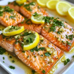 To make this tasty dish, you will need: - 4 salmon fillets (about 6 ounces each) - 4 tablespoons unsalted butter - 4 cloves garlic, minced - Juice of 2 lemons - Zest of 1 lemon - Salt and pepper to taste These ingredients bring a burst of flavor. The salmon is rich and buttery. The garlic adds depth, while lemon brings freshness and brightness. You might want to add: - Red pepper flakes These flakes give the salmon a spicy kick. Use them if you like heat in your food. Just a pinch can change the whole dish. To make your dish look and taste great, consider: - Fresh parsley, chopped (for garnish) - Lemon slices (for serving) Chop fresh parsley for a pop of color. Lemon slices add a nice touch when serving. They also let guests add more lemon juice if they want. Using these ingredients will make your Garlic Butter Lemon Salmon shine! {{ingredient_image_1}} First, take your salmon fillets out. Use paper towels to pat them dry. This helps the seasoning stick. Next, sprinkle salt and pepper on both sides. Make sure to cover each piece well. This step is key for flavor. Now, let’s make the garlic butter sauce. Grab a small saucepan and place it on medium heat. Add the unsalted butter and let it melt. Once melted, toss in the minced garlic. Stir for 1-2 minutes until you smell that lovely aroma. Be careful to not let the garlic burn. It can turn bitter. After that, squeeze in the juice of two lemons. Add the zest from one lemon too. If you like a bit of heat, stir in some red pepper flakes. Time to cook! Heat a large skillet over medium-high heat. Once hot, add a tablespoon of your garlic butter. Place the salmon fillets skin-side down. Sear them for 4-5 minutes without moving them. This gives a nice crust. After that, gently flip the fillets over. Pour the rest of the garlic butter sauce on top. Cook for another 4-5 minutes. You’ll know it’s ready when the salmon flakes easily with a fork. Finally, transfer the salmon to a serving platter. Drizzle any leftover garlic butter over the top. Garnish with chopped parsley and lemon slices for a fresh touch. When you pick salmon, look for bright color. The flesh should be shiny and firm. Check for a fresh smell, like the ocean. Avoid any fish that smells fishy or sour. Fresh salmon looks moist, not dry. If possible, buy it from a trusted fish market. Ask the seller when it was caught. This gives you the best chance of getting fresh salmon. To cook salmon well, use a hot skillet. The key is to sear it skin-side down first. This helps keep the fish moist. Cook it for 4-5 minutes without moving it. When you flip it, pour the garlic butter on top. This adds flavor and keeps the fish juicy. The salmon is done when it flakes easily with a fork. Use a thermometer if you have one; it should reach 145°F. To make your meal pop, serve the salmon with lemon slices. They add a fresh touch. Fresh parsley on top gives color and taste. You can also add red pepper flakes for a spicy kick. Pair the salmon with rice or a green salad. This adds balance to your plate. You can even serve it with crusty bread to soak up the garlic butter. Enjoy your tasty dish! Pro Tips Fresh Ingredients: Always use fresh salmon and garlic for the best flavor in your dish. Don't Overcook: Salmon is best when it flakes easily with a fork; keep an eye on the cooking time to avoid dryness. Resting Time: Let the salmon rest for a couple of minutes after cooking to allow the juices to redistribute. Serve with Sides: Pair this dish with a light salad or steamed vegetables for a complete meal. {{image_2}} You can change the taste of garlic butter lemon salmon by adding spices. For a smoky flavor, try smoked paprika. If you like heat, add cayenne pepper or extra red pepper flakes. A hint of dill can give a fresh taste. Experiment with your favorite spices to find your best blend. If you need to avoid dairy, swap the butter for olive oil. You can also use coconut oil for a different flavor. For a lighter dish, try using skinless salmon fillets. If you're gluten-free, this recipe is safe as is. Always check labels to be sure. Garlic butter lemon salmon goes well with many sides. Pair it with steamed vegetables like broccoli or asparagus. A fresh salad with lemon vinaigrette can balance the richness. You might also enjoy it with brown rice or quinoa for a healthy option. Try different sides to create a meal you love! To keep your garlic butter lemon salmon fresh, let it cool first. Place the leftovers in an airtight container. This helps lock in moisture and flavor. Store the container in the fridge. Your salmon will stay good for about 2-3 days. When you want to enjoy your leftovers, reheat them gently. Use the oven or skillet for the best taste. Preheat your oven to 300°F (150°C). Place the salmon on a baking sheet. Heat for about 10 minutes or until warm. If using a skillet, add a splash of water or broth to keep it moist. Cover with a lid and heat on low. If you need to store the salmon for longer, freezing is a great option. Wrap each fillet tightly in plastic wrap. Then place them in a freezer bag. This will prevent freezer burn. You can freeze the salmon for up to 3 months. When ready to eat, thaw it overnight in the fridge before reheating. To cook salmon until it is well done, aim for about 8 to 10 minutes. You should cook it for 4 to 5 minutes on each side. The salmon should change color and flake easily with a fork. If you want to check the temperature, it should reach 145°F (63°C). This ensures that the salmon is safe to eat and has a nice texture. Yes, you can use frozen salmon for this recipe. Just make sure to thaw it first. You can do this by placing it in the fridge overnight or running it under cold water. Once thawed, pat it dry with paper towels and season as usual. Thawing helps the salmon cook evenly and gives you the best flavor. Many side dishes go well with Garlic Butter Lemon Salmon. Here are some tasty options: - Steamed asparagus: A light and crunchy complement. - Roasted potatoes: Crispy and soft, they add heartiness. - Quinoa salad: Healthy and filling with fresh veggies. - Garlic bread: Perfect for soaking up the garlic butter. - Mixed greens: A fresh salad adds a nice contrast. These sides enhance the flavors of the salmon and make for a well-rounded meal. This blog post covered how to make garlic butter lemon salmon step by step. We talked about key ingredients and optional ones for extra taste. You learned how to prepare salmon and make the sauce for great results. I shared tips on choosing fresh salmon and cooking it perfectly. For more flavor, remember to try different spices and side dishes. With proper storing, your leftovers will remain tasty. Enjoy your cooking adventure and the delicious meals ahead!