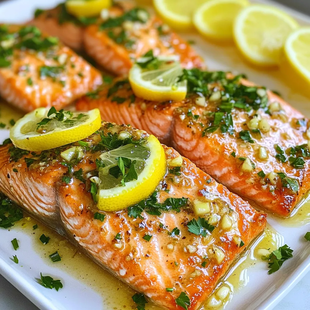 To make this tasty dish, you will need: - 4 salmon fillets (about 6 ounces each) - 4 tablespoons unsalted butter - 4 cloves garlic, minced - Juice of 2 lemons - Zest of 1 lemon - Salt and pepper to taste These ingredients bring a burst of flavor. The salmon is rich and buttery. The garlic adds depth, while lemon brings freshness and brightness. You might want to add: - Red pepper flakes These flakes give the salmon a spicy kick. Use them if you like heat in your food. Just a pinch can change the whole dish. To make your dish look and taste great, consider: - Fresh parsley, chopped (for garnish) - Lemon slices (for serving) Chop fresh parsley for a pop of color. Lemon slices add a nice touch when serving. They also let guests add more lemon juice if they want. Using these ingredients will make your Garlic Butter Lemon Salmon shine! {{ingredient_image_1}} First, take your salmon fillets out. Use paper towels to pat them dry. This helps the seasoning stick. Next, sprinkle salt and pepper on both sides. Make sure to cover each piece well. This step is key for flavor. Now, let’s make the garlic butter sauce. Grab a small saucepan and place it on medium heat. Add the unsalted butter and let it melt. Once melted, toss in the minced garlic. Stir for 1-2 minutes until you smell that lovely aroma. Be careful to not let the garlic burn. It can turn bitter. After that, squeeze in the juice of two lemons. Add the zest from one lemon too. If you like a bit of heat, stir in some red pepper flakes. Time to cook! Heat a large skillet over medium-high heat. Once hot, add a tablespoon of your garlic butter. Place the salmon fillets skin-side down. Sear them for 4-5 minutes without moving them. This gives a nice crust. After that, gently flip the fillets over. Pour the rest of the garlic butter sauce on top. Cook for another 4-5 minutes. You’ll know it’s ready when the salmon flakes easily with a fork. Finally, transfer the salmon to a serving platter. Drizzle any leftover garlic butter over the top. Garnish with chopped parsley and lemon slices for a fresh touch. When you pick salmon, look for bright color. The flesh should be shiny and firm. Check for a fresh smell, like the ocean. Avoid any fish that smells fishy or sour. Fresh salmon looks moist, not dry. If possible, buy it from a trusted fish market. Ask the seller when it was caught. This gives you the best chance of getting fresh salmon. To cook salmon well, use a hot skillet. The key is to sear it skin-side down first. This helps keep the fish moist. Cook it for 4-5 minutes without moving it. When you flip it, pour the garlic butter on top. This adds flavor and keeps the fish juicy. The salmon is done when it flakes easily with a fork. Use a thermometer if you have one; it should reach 145°F. To make your meal pop, serve the salmon with lemon slices. They add a fresh touch. Fresh parsley on top gives color and taste. You can also add red pepper flakes for a spicy kick. Pair the salmon with rice or a green salad. This adds balance to your plate. You can even serve it with crusty bread to soak up the garlic butter. Enjoy your tasty dish! Pro Tips Fresh Ingredients: Always use fresh salmon and garlic for the best flavor in your dish. Don't Overcook: Salmon is best when it flakes easily with a fork; keep an eye on the cooking time to avoid dryness. Resting Time: Let the salmon rest for a couple of minutes after cooking to allow the juices to redistribute. Serve with Sides: Pair this dish with a light salad or steamed vegetables for a complete meal. {{image_2}} You can change the taste of garlic butter lemon salmon by adding spices. For a smoky flavor, try smoked paprika. If you like heat, add cayenne pepper or extra red pepper flakes. A hint of dill can give a fresh taste. Experiment with your favorite spices to find your best blend. If you need to avoid dairy, swap the butter for olive oil. You can also use coconut oil for a different flavor. For a lighter dish, try using skinless salmon fillets. If you're gluten-free, this recipe is safe as is. Always check labels to be sure. Garlic butter lemon salmon goes well with many sides. Pair it with steamed vegetables like broccoli or asparagus. A fresh salad with lemon vinaigrette can balance the richness. You might also enjoy it with brown rice or quinoa for a healthy option. Try different sides to create a meal you love! To keep your garlic butter lemon salmon fresh, let it cool first. Place the leftovers in an airtight container. This helps lock in moisture and flavor. Store the container in the fridge. Your salmon will stay good for about 2-3 days. When you want to enjoy your leftovers, reheat them gently. Use the oven or skillet for the best taste. Preheat your oven to 300°F (150°C). Place the salmon on a baking sheet. Heat for about 10 minutes or until warm. If using a skillet, add a splash of water or broth to keep it moist. Cover with a lid and heat on low. If you need to store the salmon for longer, freezing is a great option. Wrap each fillet tightly in plastic wrap. Then place them in a freezer bag. This will prevent freezer burn. You can freeze the salmon for up to 3 months. When ready to eat, thaw it overnight in the fridge before reheating. To cook salmon until it is well done, aim for about 8 to 10 minutes. You should cook it for 4 to 5 minutes on each side. The salmon should change color and flake easily with a fork. If you want to check the temperature, it should reach 145°F (63°C). This ensures that the salmon is safe to eat and has a nice texture. Yes, you can use frozen salmon for this recipe. Just make sure to thaw it first. You can do this by placing it in the fridge overnight or running it under cold water. Once thawed, pat it dry with paper towels and season as usual. Thawing helps the salmon cook evenly and gives you the best flavor. Many side dishes go well with Garlic Butter Lemon Salmon. Here are some tasty options: - Steamed asparagus: A light and crunchy complement. - Roasted potatoes: Crispy and soft, they add heartiness. - Quinoa salad: Healthy and filling with fresh veggies. - Garlic bread: Perfect for soaking up the garlic butter. - Mixed greens: A fresh salad adds a nice contrast. These sides enhance the flavors of the salmon and make for a well-rounded meal. This blog post covered how to make garlic butter lemon salmon step by step. We talked about key ingredients and optional ones for extra taste. You learned how to prepare salmon and make the sauce for great results. I shared tips on choosing fresh salmon and cooking it perfectly. For more flavor, remember to try different spices and side dishes. With proper storing, your leftovers will remain tasty. Enjoy your cooking adventure and the delicious meals ahead!