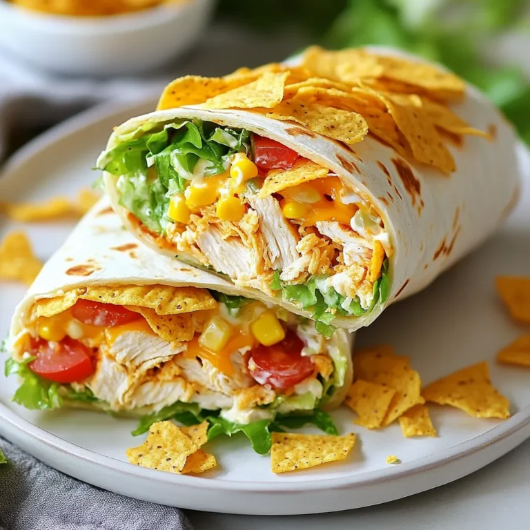 - 2 cups cooked chicken, shredded - 1 cup ranch dressing - 1 cup shredded lettuce - 1 medium tomato, diced - ½ cup shredded cheddar cheese - 1 cup corn chips, crushed - 4 large flour tortillas - 1 tablespoon olive oil - Salt and pepper to taste - Fresh dill, for garnish (optional) Gather these ingredients to make your Crispy Ranch Chicken Wraps. Using cooked chicken speeds up the process. You can use chicken from a rotisserie or leftovers. The ranch dressing adds flavor and creaminess. Fresh lettuce and tomatoes bring crunch and freshness to the wraps. Shredded cheddar cheese adds a rich taste, while crushed corn chips give extra texture and crunch. Make sure to have large flour tortillas. They will hold all the ingredients well. Olive oil helps to crisp the wraps when cooking. Don’t forget to season with salt and pepper to enhance all the flavors. Fresh dill is a nice touch for garnish, but it's optional. Each ingredient plays a key role in making these wraps tasty and fun to eat! {{ingredient_image_1}} First, take your cooked chicken and shred it into small pieces. In a bowl, combine the shredded chicken with ranch dressing. Mix well until the chicken is fully coated with the dressing. This ensures every bite is packed with flavor. The ranch adds a creamy taste that you will love. Now, lay out your flour tortillas on a clean surface. It’s best to work with one tortilla at a time. Evenly distribute the chicken mixture among the tortillas, placing it slightly off-center. Then, add your toppings. Sprinkle shredded lettuce, diced tomatoes, and shredded cheddar cheese on top. For an extra crunch, throw in some crushed corn chips. Season with salt and pepper to taste. To roll the wraps, fold in the sides of the tortilla first. Then, roll it up tightly from the bottom to the top. This helps keep everything inside. Heat olive oil in a skillet over medium heat. Place the wraps seam-side down in the skillet. Cook for 3-4 minutes on each side, or until they turn golden brown and crispy. This step is key for that perfect crunch. Once done, remove the wraps from the skillet and let them cool for a minute. Slice them in half, and if you like, garnish with fresh dill. Enjoy your delicious wraps with extra ranch dressing for dipping! To get that perfect crispy wrap, start with the right skillet temperature. Heat your skillet over medium heat. This helps the oil get hot enough without burning. Use just enough olive oil to coat the bottom of the skillet. About a tablespoon should be perfect. Cook each wrap for 3 to 4 minutes per side. You want a nice golden brown color. If they look too light, let them cook a little longer. Keep an eye on them. They will crisp up fast! Want to kick up the flavor? Add some spices or herbs to the chicken mixture. A pinch of garlic powder or paprika can add a nice touch. Fresh herbs like parsley or cilantro can also boost the taste. You can play with different dressings too! Try blue cheese or honey mustard for a twist. For toppings, think outside the box. Avocado slices or jalapeños can add fun textures and flavors. Enjoy experimenting! Pro Tips Use Leftover Chicken: This recipe is perfect for using up leftover rotisserie chicken, saving you time and adding great flavor. Customize Your Fillings: Feel free to add or substitute other ingredients like avocado, bell peppers, or black olives to suit your taste. For Extra Crunch: Crush the corn chips just before adding them to keep them crispy, and consider using tortilla chips for added flavor. Perfectly Golden Wraps: Keep an eye on the heat while frying; if your wraps are browning too quickly, lower the heat to ensure they cook evenly. {{image_2}} You can change the protein in Crispy Ranch Chicken Wraps for a new twist. For example, grilled shrimp tastes great in these wraps. Just cook the shrimp with a little seasoning. Then, mix it with ranch dressing like you would with chicken. Tofu is another option. It is a great choice for a meat-free meal. Use firm tofu for the best texture. Press it to remove extra moisture, then cube it. Cook the tofu until it is golden brown and crispy. Toss it with ranch dressing before adding it to your wrap. Rotisserie chicken is a time-saver too. You can skip the cooking step and use store-bought rotisserie chicken. Just shred it and mix it with ranch dressing for a quick meal. This option keeps it easy and fast without losing flavor. You can make these wraps healthier by choosing whole grain tortillas. Whole grain adds more fiber and nutrients. It also gives the wrap a nutty flavor. This small swap makes your meal more filling. If you want to cut calories, try using low-fat dressing instead of regular ranch. It still adds great flavor without the extra fat. You can also control the amount of cheese you use. Reducing cheese helps keep it light while still being tasty. These changes won’t take away from the fun of the meal. They let you enjoy your Crispy Ranch Chicken Wraps while making better choices. To keep your Crispy Ranch Chicken Wraps fresh, wrap them tightly. Use plastic wrap or aluminum foil. You can also place them in an airtight container. This helps keep them from drying out. Store them in the fridge for up to three days. If you want to keep them longer, freeze the wraps. Just be sure to wrap them well to avoid freezer burn. To reheat your wraps without losing crispiness, use a skillet. Heat the skillet over medium heat. Place the wraps seam side down. Cook for about three minutes on each side. This will help regain that crispy texture. You can also use an oven for reheating. Preheat it to 350°F (175°C). Place the wraps on a baking sheet and heat for about 10 minutes. Check to make sure they are warm all the way through. Enjoy your tasty wraps just like they were freshly made! Can I make these wraps ahead of time? Yes, you can. Prepare the chicken mix and store it in the fridge. Wraps stay fresh for about a day. Just assemble them when ready to eat. This helps keep the wraps crispy. What can I serve with Crispy Ranch Chicken Wraps? These wraps shine with simple sides. Try fresh fruit or a green salad. You can also serve chips or veggie sticks. They pair well with extra ranch dressing for dipping. How do I make these wraps gluten-free? To make gluten-free wraps, use gluten-free tortillas. Many brands offer tasty options. Just check the label to be sure. The other ingredients in your wraps are naturally gluten-free, so you’re good to go! You learned how to make Crispy Ranch Chicken Wraps from scratch. We covered essential ingredients, step-by-step instructions, and tips for perfecting your wraps. Remember, cooking the wraps in a hot skillet gives them a crispy texture. You can also explore variations with different proteins or healthier ingredients. With proper storage and reheating techniques, your wraps will stay fresh and delicious. Enjoy creating your perfect wrap today!