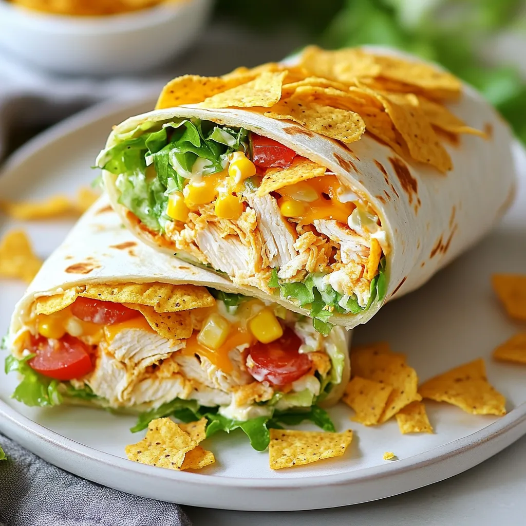 - 2 cups cooked chicken, shredded - 1 cup ranch dressing - 1 cup shredded lettuce - 1 medium tomato, diced - ½ cup shredded cheddar cheese - 1 cup corn chips, crushed - 4 large flour tortillas - 1 tablespoon olive oil - Salt and pepper to taste - Fresh dill, for garnish (optional) Gather these ingredients to make your Crispy Ranch Chicken Wraps. Using cooked chicken speeds up the process. You can use chicken from a rotisserie or leftovers. The ranch dressing adds flavor and creaminess. Fresh lettuce and tomatoes bring crunch and freshness to the wraps. Shredded cheddar cheese adds a rich taste, while crushed corn chips give extra texture and crunch. Make sure to have large flour tortillas. They will hold all the ingredients well. Olive oil helps to crisp the wraps when cooking. Don’t forget to season with salt and pepper to enhance all the flavors. Fresh dill is a nice touch for garnish, but it's optional. Each ingredient plays a key role in making these wraps tasty and fun to eat! {{ingredient_image_1}} First, take your cooked chicken and shred it into small pieces. In a bowl, combine the shredded chicken with ranch dressing. Mix well until the chicken is fully coated with the dressing. This ensures every bite is packed with flavor. The ranch adds a creamy taste that you will love. Now, lay out your flour tortillas on a clean surface. It’s best to work with one tortilla at a time. Evenly distribute the chicken mixture among the tortillas, placing it slightly off-center. Then, add your toppings. Sprinkle shredded lettuce, diced tomatoes, and shredded cheddar cheese on top. For an extra crunch, throw in some crushed corn chips. Season with salt and pepper to taste. To roll the wraps, fold in the sides of the tortilla first. Then, roll it up tightly from the bottom to the top. This helps keep everything inside. Heat olive oil in a skillet over medium heat. Place the wraps seam-side down in the skillet. Cook for 3-4 minutes on each side, or until they turn golden brown and crispy. This step is key for that perfect crunch. Once done, remove the wraps from the skillet and let them cool for a minute. Slice them in half, and if you like, garnish with fresh dill. Enjoy your delicious wraps with extra ranch dressing for dipping! To get that perfect crispy wrap, start with the right skillet temperature. Heat your skillet over medium heat. This helps the oil get hot enough without burning. Use just enough olive oil to coat the bottom of the skillet. About a tablespoon should be perfect. Cook each wrap for 3 to 4 minutes per side. You want a nice golden brown color. If they look too light, let them cook a little longer. Keep an eye on them. They will crisp up fast! Want to kick up the flavor? Add some spices or herbs to the chicken mixture. A pinch of garlic powder or paprika can add a nice touch. Fresh herbs like parsley or cilantro can also boost the taste. You can play with different dressings too! Try blue cheese or honey mustard for a twist. For toppings, think outside the box. Avocado slices or jalapeños can add fun textures and flavors. Enjoy experimenting! Pro Tips Use Leftover Chicken: This recipe is perfect for using up leftover rotisserie chicken, saving you time and adding great flavor. Customize Your Fillings: Feel free to add or substitute other ingredients like avocado, bell peppers, or black olives to suit your taste. For Extra Crunch: Crush the corn chips just before adding them to keep them crispy, and consider using tortilla chips for added flavor. Perfectly Golden Wraps: Keep an eye on the heat while frying; if your wraps are browning too quickly, lower the heat to ensure they cook evenly. {{image_2}} You can change the protein in Crispy Ranch Chicken Wraps for a new twist. For example, grilled shrimp tastes great in these wraps. Just cook the shrimp with a little seasoning. Then, mix it with ranch dressing like you would with chicken. Tofu is another option. It is a great choice for a meat-free meal. Use firm tofu for the best texture. Press it to remove extra moisture, then cube it. Cook the tofu until it is golden brown and crispy. Toss it with ranch dressing before adding it to your wrap. Rotisserie chicken is a time-saver too. You can skip the cooking step and use store-bought rotisserie chicken. Just shred it and mix it with ranch dressing for a quick meal. This option keeps it easy and fast without losing flavor. You can make these wraps healthier by choosing whole grain tortillas. Whole grain adds more fiber and nutrients. It also gives the wrap a nutty flavor. This small swap makes your meal more filling. If you want to cut calories, try using low-fat dressing instead of regular ranch. It still adds great flavor without the extra fat. You can also control the amount of cheese you use. Reducing cheese helps keep it light while still being tasty. These changes won’t take away from the fun of the meal. They let you enjoy your Crispy Ranch Chicken Wraps while making better choices. To keep your Crispy Ranch Chicken Wraps fresh, wrap them tightly. Use plastic wrap or aluminum foil. You can also place them in an airtight container. This helps keep them from drying out. Store them in the fridge for up to three days. If you want to keep them longer, freeze the wraps. Just be sure to wrap them well to avoid freezer burn. To reheat your wraps without losing crispiness, use a skillet. Heat the skillet over medium heat. Place the wraps seam side down. Cook for about three minutes on each side. This will help regain that crispy texture. You can also use an oven for reheating. Preheat it to 350°F (175°C). Place the wraps on a baking sheet and heat for about 10 minutes. Check to make sure they are warm all the way through. Enjoy your tasty wraps just like they were freshly made! Can I make these wraps ahead of time? Yes, you can. Prepare the chicken mix and store it in the fridge. Wraps stay fresh for about a day. Just assemble them when ready to eat. This helps keep the wraps crispy. What can I serve with Crispy Ranch Chicken Wraps? These wraps shine with simple sides. Try fresh fruit or a green salad. You can also serve chips or veggie sticks. They pair well with extra ranch dressing for dipping. How do I make these wraps gluten-free? To make gluten-free wraps, use gluten-free tortillas. Many brands offer tasty options. Just check the label to be sure. The other ingredients in your wraps are naturally gluten-free, so you’re good to go! You learned how to make Crispy Ranch Chicken Wraps from scratch. We covered essential ingredients, step-by-step instructions, and tips for perfecting your wraps. Remember, cooking the wraps in a hot skillet gives them a crispy texture. You can also explore variations with different proteins or healthier ingredients. With proper storage and reheating techniques, your wraps will stay fresh and delicious. Enjoy creating your perfect wrap today!