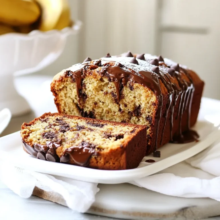 - 3 ripe bananas, mashed - 1/3 cup melted coconut oil - 1/2 cup brown sugar - 1/4 cup granulated sugar - 1 teaspoon vanilla extract - 2 large eggs, beaten - 1 teaspoon baking soda - 1/2 teaspoon salt - 1 1/2 cups all-purpose flour - 1/2 cup semi-sweet chocolate chips - 1/2 cup walnuts, chopped (optional) To make the best chocolate chip banana bread, you need simple and fresh ingredients. Start with ripe bananas. They give the bread a sweet flavor. The more spots on the banana, the better it will taste. Next, we use melted coconut oil. It makes the bread moist and adds a light coconut flavor. Brown sugar and granulated sugar add sweetness and depth. The mix of both sugars gives a nice caramel touch. Vanilla extract enhances the flavor, making each bite rich. Eggs are vital for binding everything together. They help the bread rise and give it structure. Baking soda acts as a leavening agent. It helps the bread rise and become fluffy. Don’t forget the salt; it balances the sweetness and boosts flavor. All-purpose flour gives the bread its body. Lastly, the semi-sweet chocolate chips add a delightful touch of chocolate. If you like, you can add walnuts for crunch. They bring a nice texture and nutty flavor to the bread. Gather all these ingredients, and you are ready to start baking your delicious loaf. {{ingredient_image_1}} - Preheat your oven to 350°F (175°C). Grease a 9x5-inch loaf pan or line it with parchment paper. - In a large bowl, mash three ripe bananas until smooth. Add 1/3 cup of melted coconut oil to the mashed bananas and mix them well. - Next, incorporate 1/2 cup of brown sugar and 1/4 cup of granulated sugar into the banana mixture. Stir until fully blended. - Add two beaten large eggs and 1 teaspoon of vanilla extract. Mix until everything is combined. - Sprinkle 1 teaspoon of baking soda and 1/2 teaspoon of salt over the banana mixture. Stir to blend well. - Gently fold in 1 1/2 cups of all-purpose flour. Be careful not to overmix; it’s okay if there are a few lumps. - Now, fold in 1/2 cup of semi-sweet chocolate chips and 1/2 cup of chopped walnuts if you choose to use them. - Pour the batter into the prepared loaf pan. Smooth out the top with a spatula. - Bake in the preheated oven for 60-65 minutes. Check for doneness by inserting a toothpick into the center; it should come out clean. This process creates a soft and flavorful loaf of chocolate chip banana bread that’s sure to please! - Use ripe bananas for maximum flavor. The riper, the better! They should be brown with spots. This gives your bread a sweet taste. - Avoid overmixing the batter. Mix just enough to blend the ingredients. A few lumps are okay! This keeps your banana bread soft. - Serve warm with a chocolate drizzle. It adds a nice touch and melts into the bread. - For garnishing, sprinkle powdered sugar on top or add extra chocolate chips. This makes your banana bread look pretty and tasty! - Overbaking banana bread is a big mistake. Check it at 60 minutes. If a toothpick comes out clean, it’s done. - Not letting it cool properly can ruin the texture. Let it cool in the pan for 10 minutes, then move it to a wire rack. This helps it stay soft and moist. Pro Tips Use Overripe Bananas: The riper the bananas, the sweeter and more flavorful your banana bread will be. Look for bananas with plenty of brown spots for the best results. Don’t Overmix: When combining the flour, mix just until incorporated. Overmixing can lead to a dense texture, while a few lumps are perfectly okay. Cool Properly: Allow your banana bread to cool in the pan for 10 minutes before transferring it to a wire rack. This helps maintain its moistness and prevents it from becoming soggy. Storage Tips: Store leftover banana bread in an airtight container at room temperature for up to 3 days, or refrigerate for longer freshness. You can also freeze slices for up to 3 months. {{image_2}} You can switch up the sweetness in your banana bread. Instead of sugar, try honey or maple syrup. These options can add a unique flavor. For chocolate lovers, change the type of chocolate. Use dark, milk, or even white chocolate chips. Each will give a different taste. Want to take your banana bread to the next level? Add-ins are the way to go! You can mix in nuts like walnuts or pecans for a nice crunch. Dried fruits like raisins or cranberries can add sweetness. Spices like cinnamon or nutmeg will bring warmth and depth to the flavor. Just remember to keep the balance right so the banana flavor shines through. If you need a gluten-free option, don't worry! You can swap all-purpose flour with gluten-free flour blends. Look for blends that contain xanthan gum. This helps mimic the texture of regular flour. You can also use almond flour or oat flour. Both work well, but may change the taste slightly. Always check the package for the right amount to use. To keep your chocolate chip banana bread fresh, store it at room temperature. Place it in an airtight container or wrap it tightly in plastic wrap. This method helps retain moisture and flavor. If you need to store it longer, use the fridge or freezer. In the refrigerator, keep it in an airtight bag or container. For freezing, slice the bread and wrap each slice in plastic wrap. Then, place all slices in a freezer-safe bag. This makes it easy to grab a piece later. Chocolate chip banana bread lasts about 3 to 4 days at room temperature. If stored in the fridge, it can last up to a week. When frozen, it can last for about 2 to 3 months. Just remember to keep it sealed well to prevent freezer burn. To reheat banana bread, use the oven or microwave. For the oven, preheat it to 350°F (175°C). Wrap the bread in foil to keep it moist. Heat for about 10 to 15 minutes. If using a microwave, place a slice on a plate and cover it with a damp paper towel. Heat in 15-second intervals until warm. Both methods keep the bread soft and tasty. Enjoy it warm for the best flavor! If you need an egg substitute, try using mashed banana or applesauce. Both work well in banana bread. Use 1/4 cup of either for each egg. Another option is to mix 1 tablespoon of ground flaxseed with 2.5 tablespoons of water. Let it sit for five minutes before adding it to your mix. These alternatives keep your bread moist and tasty. Yes, you can make mini loaves! Just use a mini loaf pan instead of a regular one. Fill each mini pan about two-thirds full with batter. Bake them for about 25 to 30 minutes. Check them with a toothpick. It should come out clean when they are done. This way, you get more loaves to share or freeze! To check if your banana bread is done, stick a toothpick into the center. If it comes out clean or with a few crumbs, it’s ready. The top should be golden brown and spring back when you press it gently. If the top is browning too fast, cover it with foil. This helps it cook evenly without burning. This article covered how to make delicious banana bread. We discussed the key ingredients and step-by-step instructions, along with tips for success. You learned about variations and storage options. Remember to use ripe bananas for the best flavor and avoid overmixing. Banana bread is fun to make and customize. With practice, you’ll create a yummy treat every time. Enjoy baking and sharing this delightful recipe with friends and family!