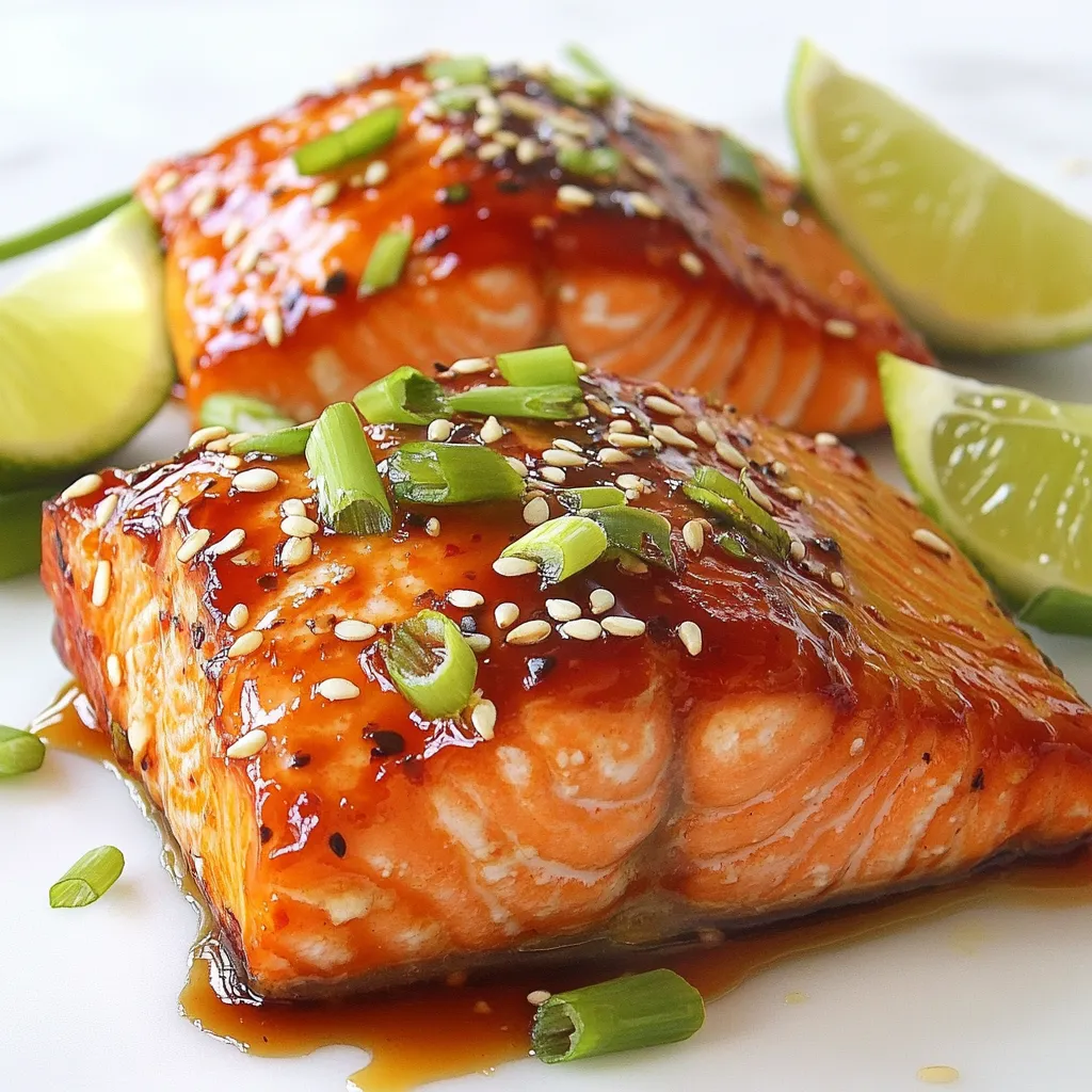 - 4 salmon fillets (6 oz each) - 1/4 cup honey - 2 tablespoons sriracha sauce - 2 tablespoons soy sauce (or tamari for gluten-free) - 1 tablespoon fresh lime juice - 2 cloves garlic, minced - 1 teaspoon grated fresh ginger - 2 tablespoons sesame seeds - 2 green onions, chopped - Lime wedges The key to this dish is balance. Salmon is rich in flavor and texture. Each ingredient adds its own twist. Starting with the salmon, I use fresh fillets. They should be about 6 oz each. This size cooks evenly. Honey brings sweetness. It contrasts nicely with the heat from sriracha. I use 1/4 cup of honey for a rich taste. Sriracha gives the dish heat. I add 2 tablespoons, but you can adjust it to your liking. Next, I add soy sauce. It deepens the flavor. If you want a gluten-free option, use tamari instead. Fresh lime juice adds brightness. One tablespoon is enough to enhance the other flavors. Garlic and ginger round out the marinade. I use 2 cloves of minced garlic and 1 teaspoon of grated ginger. They work well together. For garnishes, I sprinkle sesame seeds and chopped green onions on top. They add crunch and color. Lime wedges serve as a fresh side. Gather these ingredients, and you are ready to make a tasty Honey Sriracha Salmon. {{ingredient_image_1}} To start, I whisk together the following in a bowl: - 1/4 cup honey - 2 tablespoons sriracha sauce - 2 tablespoons soy sauce - 1 tablespoon fresh lime juice - 2 cloves garlic, minced - 1 teaspoon grated fresh ginger Whisk until smooth. This mix gives a sweet and spicy kick. Marinating is key. It allows the salmon to soak up all those bold flavors. Next, I place the salmon fillets in a shallow dish. I pour half of the marinade over the fillets. For the best taste, let it sit in the fridge. Aim for at least 30 minutes. If you have more time, two hours works wonders. Now, I preheat my oven to 400°F (200°C). This temperature helps the salmon cook evenly and quickly. I line a baking sheet for easy cleanup. After marinating, I take the salmon out and lay it skin-side down on the sheet. Then, I pour the rest of the marinade over the fish. I bake the salmon for about 12-15 minutes. It’s done when it flakes easily with a fork. The internal temperature must reach 145°F (63°C). I often check it with a meat thermometer. This step ensures it's safe and delicious to eat. To make the glaze just right, adjust the sweetness and heat. You can add more honey for sweetness or sriracha for heat. This lets you find the balance you like best. Fresh ingredients also matter. Using fresh garlic and ginger adds a bright flavor that makes your dish stand out. Cooking time is key for flaky salmon. Aim for 12 to 15 minutes in the oven. Check it often to avoid overcooking. When the salmon reaches an internal temperature of 145°F, it will flake easily with a fork. If you cook it too long, it may become dry. Pair your Honey Sriracha Salmon with tasty sides. Steamed rice or roasted vegetables work well. You can also use the remaining marinade. Drizzle it over your sides or use it in a salad dressing for added flavor. Lime wedges on the side add a zesty touch. Pro Tips Marinating Time: For maximum flavor, marinate the salmon for at least 1 hour, but no more than 2 hours to prevent it from becoming too salty. Choosing Salmon: Opt for wild-caught salmon when possible; it has a better flavor and texture compared to farmed salmon. Check for Doneness: Salmon is perfectly cooked when it flakes easily with a fork and reaches an internal temperature of 145°F (63°C). Serving Suggestions: Pair the salmon with steamed vegetables or rice for a complete meal; the honey sriracha sauce also works great as a dipping sauce! {{image_2}} You can use chicken or tofu instead of salmon. Chicken thighs work well and stay juicy. If you choose tofu, firm tofu is best. Press it to remove extra moisture. For chicken, cook it until it reaches 165°F (74°C). For tofu, aim for a golden brown color. Add citrus zest from lime or orange for a bright taste. The zest gives a fresh kick. You can also mix in herbs like cilantro or green onions for a pop of flavor. Fresh herbs add color and richness to each bite. If you want less heat, reduce the sriracha. Start with just a tablespoon and taste. For more spice, add chili flakes to the marinade. This gives a nice kick without overpowering the dish. Adjust the spice to fit your taste. To keep your Honey Sriracha Salmon fresh, store it in the fridge. Place leftovers in an airtight container. This helps to lock in moisture. You can store it for up to three days. If you want to keep it longer, consider freezing. When reheating your salmon, use the oven or a skillet. These methods help maintain moisture. For the oven, set it to 350°F (175°C) and bake for about 10 minutes. If using a skillet, add a splash of water, cover, and cook on low heat. This keeps your salmon from drying out. To freeze cooked salmon, let it cool completely first. Wrap each piece tightly in plastic wrap. Then, place it in a freezer-safe bag or container. This helps prevent freezer burn. When you want to eat it, thaw the salmon in the fridge overnight for best results. Avoid thawing at room temperature to keep it safe. You have many tasty options to serve with Honey Sriracha Salmon. Here are some ideas: - Rice: Serve with jasmine or brown rice to soak up the sauce. - Quinoa: This grain adds a nutty taste and pairs well. - Steamed Veggies: Broccoli or green beans add color and crunch. - Roasted Potatoes: Crispy potatoes offer a great texture contrast. For salads, consider these choices: - Cucumber Salad: Fresh cucumbers add a cool crunch. - Asian Slaw: A mix of cabbage and carrots gives a nice bite. - Spinach Salad: Toss in some nuts and a light dressing for richness. Yes, you can prepare this recipe ahead of time. Here are some useful tips: - Marinate Early: Marinate the salmon for up to 2 hours for the best flavor. - Cooked Salmon: You can cook the salmon and store it in the fridge. For storage, keep it in an airtight container. The salmon stays fresh for 2-3 days in the fridge. The spice level of Honey Sriracha Salmon can vary based on your taste. - Adjusting Spice: If you want less heat, use less sriracha. - Sweet and Spicy Balance: The honey helps to balance the heat from the sriracha. You get a sweet flavor with a kick! This blog post covered everything you need to know about making Honey Sriracha Salmon. We explored the key ingredients, like fresh salmon and sweet honey. I provided step-by-step instructions so you can achieve the perfect glaze. You learned about variations, from using chicken to adjusting spice levels. Lastly, I shared tips on storage and reheating. With these insights, you can create a delicious meal that fits your taste. Enjoy cooking and impressing your family and friends with this easy yet flavorful dish.