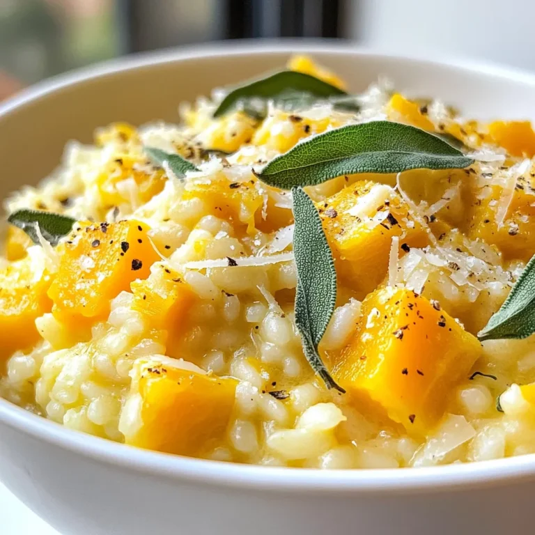 To make a tasty butternut squash risotto, gather the following: - 1 medium butternut squash, peeled and diced - 1 cup Arborio rice - 4 cups vegetable broth - 1 medium onion, finely chopped - 2 cloves garlic, minced - 1/2 cup Parmesan cheese, grated (or nutritional yeast for a vegan option) - 2 tablespoons olive oil - 1 tablespoon butter (or vegan butter) - Salt and pepper to taste - Fresh sage leaves, for garnish When you choose your butternut squash, look for these signs: - It should feel heavy for its size. - The skin should be firm and smooth. - Choose one with a rich, tan color. - Avoid any squash with soft spots or blemishes. These tips help you find the best squash for your risotto. Fresh squash adds great flavor and texture. If you have dietary needs, here are some helpful swaps: - For a vegan option, use nutritional yeast instead of Parmesan cheese. - To keep it gluten-free, ensure your vegetable broth is certified gluten-free. - Replace butter with vegan butter for a dairy-free version. These options let everyone enjoy this creamy dish without worry. {{ingredient_image_1}} Start by heating 4 cups of vegetable broth in a medium pot. Bring it to a gentle simmer over low heat. This step keeps the broth warm, which is key for the risotto. If the broth is cold, it can slow down the cooking process and make the rice tough. In a large skillet, heat 2 tablespoons of olive oil and 1 tablespoon of butter over medium heat. Add 1 finely chopped onion and sauté it for about 5 minutes. The onion should become soft and clear. Next, stir in 2 minced garlic cloves and 1 medium butternut squash, diced. Cook these for 5 to 7 minutes. You want the squash to start to soften but not turn mushy. This mix adds deep flavor to the dish. Now it’s time for the rice! Add 1 cup of Arborio rice to the skillet. Stir it for 1 to 2 minutes. This toasting step gives the rice a nutty taste. Begin adding the warm vegetable broth one ladle at a time. Stir constantly as the rice absorbs the liquid. Wait until the rice drinks up most of the broth before adding more. Keep this up for about 18 to 20 minutes. The risotto should become creamy and al dente. Once it's just right, take it off the heat and stir in 1/2 cup of grated Parmesan cheese. Season with salt and pepper to taste. Let the risotto sit for a couple of minutes before serving. To make your butternut squash risotto creamy, you need to stir often. This helps release the starch from the Arborio rice. Starch makes risotto rich and smooth. Start by adding warm broth one ladle at a time. Wait until the rice absorbs most of the liquid before adding more. This method takes time but gives great results. Keep stirring, and soon you'll have a creamy dish that delights everyone. If you are new to cooking risotto, don't worry! Start with simple steps. Use a large skillet for better heat control. Heat the olive oil and butter first. Sauté the onion until it’s soft. Then add the garlic and butternut squash. This builds the base flavor. Remember to taste as you cook. Adjust the salt and pepper to your liking. Patience is key. It may take 18-20 minutes, but the creamy texture is worth it. Choosing the right rice is vital for risotto. Arborio rice is the most common choice. It has a high starch content, making it perfect for creamy dishes. Other good options include Carnaroli and Vialone Nano. They also create that rich texture. Avoid using long-grain rice. It won't give you the same creamy result. Stick with Arborio for the best butternut squash risotto! Pro Tips Use Fresh Ingredients: Opt for fresh butternut squash and high-quality vegetable broth to enhance the flavor of your risotto. Stir Constantly: Consistent stirring helps release the starches from the Arborio rice, resulting in a creamy texture. Adjust Consistency: If you prefer a creamier risotto, add a splash of white wine or more broth towards the end of cooking. Garnish Wisely: Fresh sage leaves provide a wonderful aroma and flavor; consider toasting them lightly for an added depth of taste. {{image_2}} You can make a vegan butternut squash risotto by using nutritional yeast instead of cheese. This gives a cheesy flavor without dairy. You can also swap butter with vegan butter. Use vegetable broth to keep it plant-based. This way, everyone can enjoy a creamy dish. Want to add some protein? Try adding cooked chickpeas or lentils. This boosts the dish's nutrition. You can also mix in veggies like spinach or kale. They add color and taste. Just stir them in during the last few minutes of cooking. Herbs and spices can change the flavor of your risotto. Try adding a pinch of nutmeg for warmth. Fresh herbs like thyme or rosemary add a nice touch too. For a kick, toss in some red pepper flakes. Each twist gives a new taste to this classic dish. To keep your leftover risotto fresh, you should store it in an airtight container. Make sure to let it cool down first. This helps prevent moisture build-up, which can make the risotto soggy. Place the container in the fridge. It will stay good for about three days. When reheating your risotto, you want to keep that creamy texture. Use a saucepan on low heat. Add a splash of vegetable broth or water to help loosen it up. Stir it often to ensure even heating. This will help bring back its creamy goodness. If it gets too thick, just add more liquid. If you want to save risotto for later, freezing is a great option. Place the cooled risotto in a freezer-safe container. Make sure to leave some space at the top for expansion. It can last up to three months in the freezer. When you're ready to eat, thaw it in the fridge overnight before reheating. The best rice for risotto is Arborio rice. This rice has a high starch content. It gives risotto its creamy texture. You can also use Carnaroli or Vialone Nano for a similar effect. These rice types absorb liquid well. They also release starch, which thickens the dish. Yes, you can make risotto in advance. However, it is best to serve it fresh. If you do make it early, store it in the fridge. Keep it in an airtight container. When you reheat it, add a bit of broth. This keeps the risotto creamy and delicious. Butternut squash risotto can be stored in the fridge for 3 to 5 days. Make sure it is in a sealed container. If you notice any off smell, it’s best to discard it. Always check for freshness before eating leftovers. You learned how to make delicious butternut squash risotto. We covered the key ingredients, tips for selection, and dietary options. Step-by-step, you can prepare rich broth and sauté aromatics. You now know how to achieve creamy texture and choose the best rice. We explored fun variations and proper storage. With these skills, you can create a tasty meal any time. Enjoy your cooking and experiment with flavors!