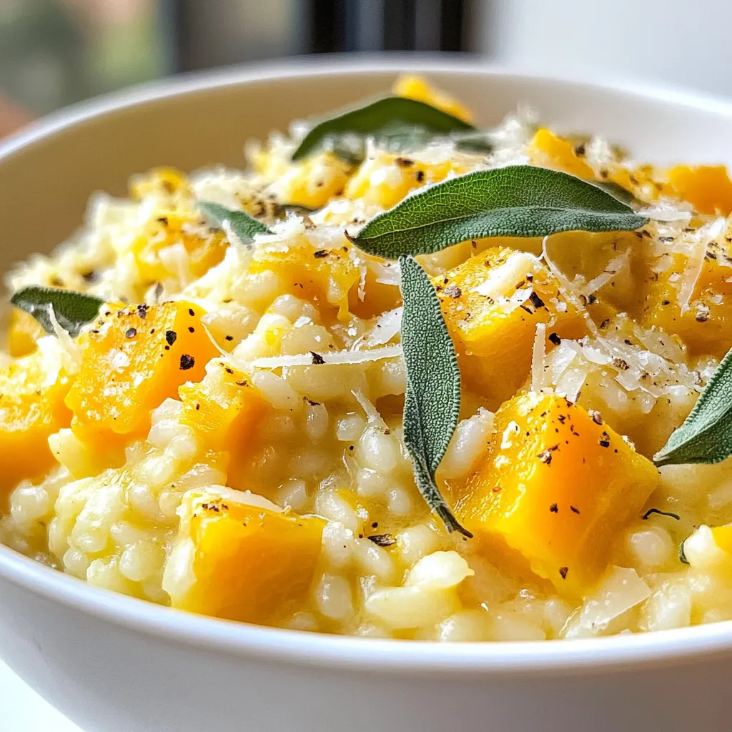 To make a tasty butternut squash risotto, gather the following: - 1 medium butternut squash, peeled and diced - 1 cup Arborio rice - 4 cups vegetable broth - 1 medium onion, finely chopped - 2 cloves garlic, minced - 1/2 cup Parmesan cheese, grated (or nutritional yeast for a vegan option) - 2 tablespoons olive oil - 1 tablespoon butter (or vegan butter) - Salt and pepper to taste - Fresh sage leaves, for garnish When you choose your butternut squash, look for these signs: - It should feel heavy for its size. - The skin should be firm and smooth. - Choose one with a rich, tan color. - Avoid any squash with soft spots or blemishes. These tips help you find the best squash for your risotto. Fresh squash adds great flavor and texture. If you have dietary needs, here are some helpful swaps: - For a vegan option, use nutritional yeast instead of Parmesan cheese. - To keep it gluten-free, ensure your vegetable broth is certified gluten-free. - Replace butter with vegan butter for a dairy-free version. These options let everyone enjoy this creamy dish without worry. {{ingredient_image_1}} Start by heating 4 cups of vegetable broth in a medium pot. Bring it to a gentle simmer over low heat. This step keeps the broth warm, which is key for the risotto. If the broth is cold, it can slow down the cooking process and make the rice tough. In a large skillet, heat 2 tablespoons of olive oil and 1 tablespoon of butter over medium heat. Add 1 finely chopped onion and sauté it for about 5 minutes. The onion should become soft and clear. Next, stir in 2 minced garlic cloves and 1 medium butternut squash, diced. Cook these for 5 to 7 minutes. You want the squash to start to soften but not turn mushy. This mix adds deep flavor to the dish. Now it’s time for the rice! Add 1 cup of Arborio rice to the skillet. Stir it for 1 to 2 minutes. This toasting step gives the rice a nutty taste. Begin adding the warm vegetable broth one ladle at a time. Stir constantly as the rice absorbs the liquid. Wait until the rice drinks up most of the broth before adding more. Keep this up for about 18 to 20 minutes. The risotto should become creamy and al dente. Once it's just right, take it off the heat and stir in 1/2 cup of grated Parmesan cheese. Season with salt and pepper to taste. Let the risotto sit for a couple of minutes before serving. To make your butternut squash risotto creamy, you need to stir often. This helps release the starch from the Arborio rice. Starch makes risotto rich and smooth. Start by adding warm broth one ladle at a time. Wait until the rice absorbs most of the liquid before adding more. This method takes time but gives great results. Keep stirring, and soon you'll have a creamy dish that delights everyone. If you are new to cooking risotto, don't worry! Start with simple steps. Use a large skillet for better heat control. Heat the olive oil and butter first. Sauté the onion until it’s soft. Then add the garlic and butternut squash. This builds the base flavor. Remember to taste as you cook. Adjust the salt and pepper to your liking. Patience is key. It may take 18-20 minutes, but the creamy texture is worth it. Choosing the right rice is vital for risotto. Arborio rice is the most common choice. It has a high starch content, making it perfect for creamy dishes. Other good options include Carnaroli and Vialone Nano. They also create that rich texture. Avoid using long-grain rice. It won't give you the same creamy result. Stick with Arborio for the best butternut squash risotto! Pro Tips Use Fresh Ingredients: Opt for fresh butternut squash and high-quality vegetable broth to enhance the flavor of your risotto. Stir Constantly: Consistent stirring helps release the starches from the Arborio rice, resulting in a creamy texture. Adjust Consistency: If you prefer a creamier risotto, add a splash of white wine or more broth towards the end of cooking. Garnish Wisely: Fresh sage leaves provide a wonderful aroma and flavor; consider toasting them lightly for an added depth of taste. {{image_2}} You can make a vegan butternut squash risotto by using nutritional yeast instead of cheese. This gives a cheesy flavor without dairy. You can also swap butter with vegan butter. Use vegetable broth to keep it plant-based. This way, everyone can enjoy a creamy dish. Want to add some protein? Try adding cooked chickpeas or lentils. This boosts the dish's nutrition. You can also mix in veggies like spinach or kale. They add color and taste. Just stir them in during the last few minutes of cooking. Herbs and spices can change the flavor of your risotto. Try adding a pinch of nutmeg for warmth. Fresh herbs like thyme or rosemary add a nice touch too. For a kick, toss in some red pepper flakes. Each twist gives a new taste to this classic dish. To keep your leftover risotto fresh, you should store it in an airtight container. Make sure to let it cool down first. This helps prevent moisture build-up, which can make the risotto soggy. Place the container in the fridge. It will stay good for about three days. When reheating your risotto, you want to keep that creamy texture. Use a saucepan on low heat. Add a splash of vegetable broth or water to help loosen it up. Stir it often to ensure even heating. This will help bring back its creamy goodness. If it gets too thick, just add more liquid. If you want to save risotto for later, freezing is a great option. Place the cooled risotto in a freezer-safe container. Make sure to leave some space at the top for expansion. It can last up to three months in the freezer. When you're ready to eat, thaw it in the fridge overnight before reheating. The best rice for risotto is Arborio rice. This rice has a high starch content. It gives risotto its creamy texture. You can also use Carnaroli or Vialone Nano for a similar effect. These rice types absorb liquid well. They also release starch, which thickens the dish. Yes, you can make risotto in advance. However, it is best to serve it fresh. If you do make it early, store it in the fridge. Keep it in an airtight container. When you reheat it, add a bit of broth. This keeps the risotto creamy and delicious. Butternut squash risotto can be stored in the fridge for 3 to 5 days. Make sure it is in a sealed container. If you notice any off smell, it’s best to discard it. Always check for freshness before eating leftovers. You learned how to make delicious butternut squash risotto. We covered the key ingredients, tips for selection, and dietary options. Step-by-step, you can prepare rich broth and sauté aromatics. You now know how to achieve creamy texture and choose the best rice. We explored fun variations and proper storage. With these skills, you can create a tasty meal any time. Enjoy your cooking and experiment with flavors!