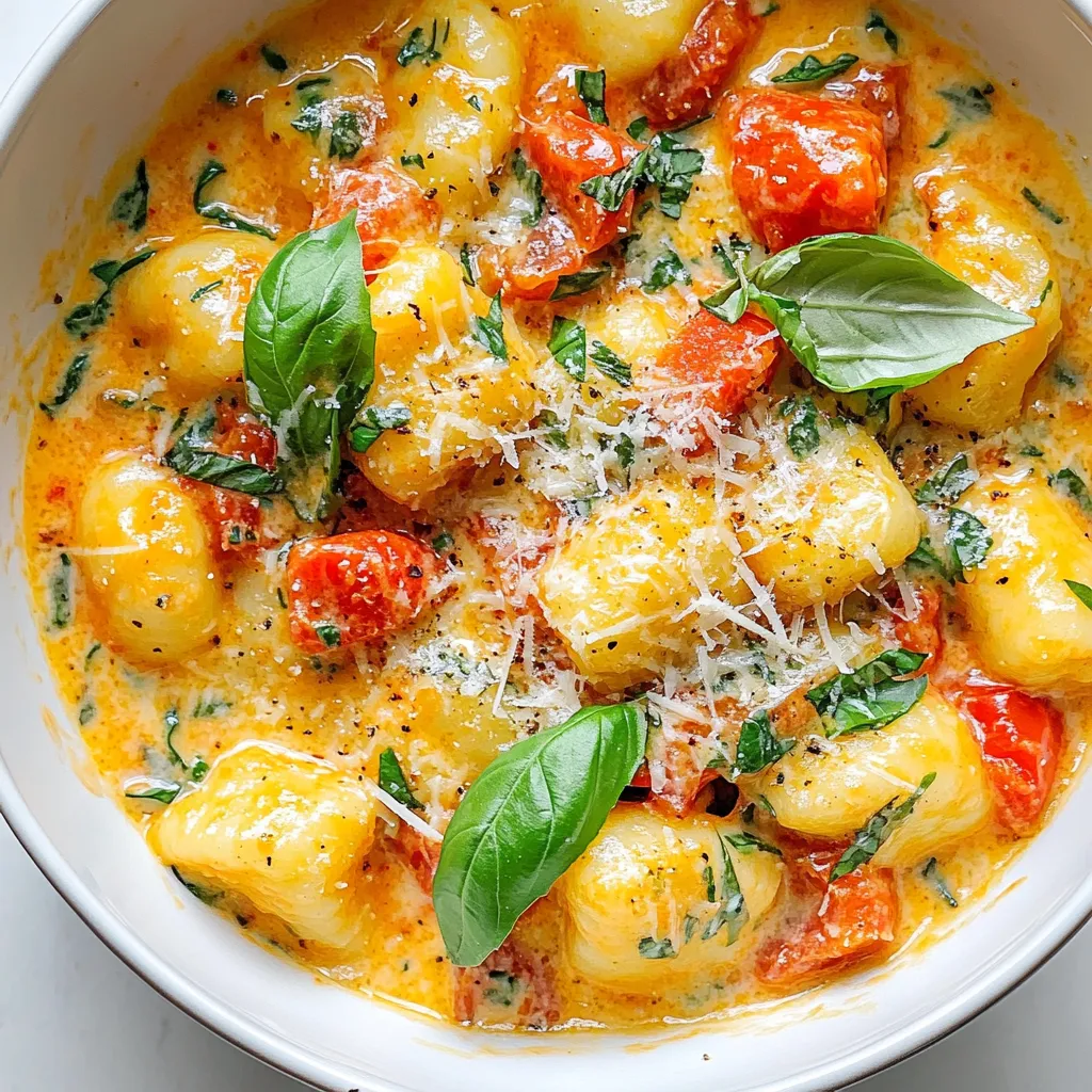 - Gnocchi (16 oz package) - Olive oil (2 tablespoons) - Garlic (4 cloves, minced) - Crushed tomatoes (14 oz can) - Vegetable broth (1 cup) - Heavy cream (1 cup) - Dried Italian herbs (1 teaspoon) - Fresh basil leaves (1 cup, chopped) - Salt and pepper - Parmesan cheese (for serving) One-Pot Creamy Tomato Basil Gnocchi needs simple, fresh ingredients. Each item adds flavor and comfort. Gnocchi serves as the main star, bringing a soft and pillowy texture. Olive oil helps to sauté garlic, which gives a warm aroma. Crushed tomatoes add a rich base. They mix well with vegetable broth, creating a savory sauce. Heavy cream brings a creamy richness that ties everything together. Dried Italian herbs add a burst of flavor, while fresh basil gives it a bright finish. Salt and pepper season the dish. Finally, Parmesan cheese makes a perfect topping. It adds a salty kick and enhances the overall taste. Gathering these ingredients sets the stage for a delightful dish. {{ingredient_image_1}} First, let’s get our pot ready. Heat 2 tablespoons of olive oil in a large pot over medium heat. Add 4 minced cloves of garlic and sauté them for about 1-2 minutes. You want the garlic to be fragrant but not burnt. Next, it’s time to add the flavor. Pour in 1 can of crushed tomatoes and 1 cup of vegetable broth. Give it a good stir. Make sure everything is mixed well and ready for the next step. Now comes the fun part! Bring your mixture to a gentle simmer. Carefully add 1 package of gnocchi. Stir it gently to ensure the gnocchi is fully submerged in the sauce. Cover the pot and let it cook for about 5-7 minutes. You’ll know it’s done when the gnocchi floats to the top. Once the gnocchi is cooked, lower the heat. Stir in 1 cup of heavy cream, 1 teaspoon of dried Italian herbs, and 1 cup of chopped fresh basil. Mix everything well until it becomes creamy and heated through. Now, let’s make it taste great! Season your dish with salt and pepper to your liking. Keep cooking for another 2-3 minutes. This will allow all those lovely flavors to meld together. Once done, remove the pot from heat. Let it sit for a couple of minutes. This rest time helps the dish become even more delicious! To cook gnocchi well, start with a large pot. Use plenty of water and salt. Bring the water to a boil before adding the gnocchi. Cook until they float. This shows they are done. When cooking garlic, avoid burning it. Sauté on medium heat for just 1-2 minutes. Stir often and watch closely. Burnt garlic can ruin your dish. Serve your creamy tomato basil gnocchi in deep bowls. This helps keep the sauce in place. Top each bowl with freshly grated Parmesan cheese. Add a sprinkle of extra basil leaves for color. A drizzle of olive oil adds richness too. If you want more creaminess, add extra heavy cream. You can also use cream cheese for a thicker texture. Feel free to add more herbs or spices. A pinch of red pepper flakes can add heat. Try fresh herbs like thyme or parsley to boost flavor. Pro Tips Use Fresh Basil: For the best flavor, use fresh basil leaves instead of dried. Add them at the end for a vibrant taste. Don’t Overcook the Gnocchi: Keep an eye on the gnocchi as they cook. They’re done when they float, which usually takes about 5-7 minutes. Adjust Creaminess: If you prefer a lighter sauce, reduce the amount of heavy cream or substitute with half-and-half for a creamy texture. Enhance with Cheese: For added flavor, mix in some shredded mozzarella or a sprinkle of feta cheese before serving. {{image_2}} For a lighter option, you can use non-dairy cream. Almond milk or coconut cream works well. They add richness without dairy. Try unsweetened versions to keep flavors balanced. If you need an alternative for vegetable broth, use chicken broth instead. You can also make your broth by boiling vegetables. This adds flavor and nutrition, making it a great swap. You can easily add protein to your gnocchi dish. Chicken or shrimp are both great options. Cook them in the pot first, then follow the recipe. If you prefer a vegetarian option, try adding chickpeas or lentils. They boost protein and make the dish hearty. Tofu is another great choice; just sauté it with the garlic. This recipe is flexible for different seasons. In fall or winter, add roasted squash or kale. They bring warmth and color to the dish. In summer, use fresh tomatoes instead of canned ones. They add a bright taste and freshness. Just chop them up and toss them in with the broth. Enjoy the taste of summer in your bowl! To store your leftover creamy tomato basil gnocchi, let it cool first. Transfer it to an airtight container. This helps keep it fresh. Make sure to seal the container tightly. It will stay good in the fridge for up to three days. When it’s time to eat again, use the stovetop to reheat. Place the gnocchi in a pan over low heat. Stir gently to warm it through. Adding a splash of broth or cream can help keep it moist. Avoid the microwave if you want to keep the gnocchi from getting soggy. Yes, you can freeze creamy gnocchi. To do this, let it cool completely. Then, portion it into freezer-safe containers. Leave some space at the top for expansion. When you’re ready to eat, thaw it in the fridge overnight. Reheat gently on the stove, adding liquid as needed to regain creaminess. What is gnocchi made from? Gnocchi is made from simple ingredients. It often includes potatoes, flour, and eggs. Some recipes skip eggs for a lighter texture. The mixture forms small dumplings that are soft and fluffy. Can I use frozen gnocchi? Yes, you can use frozen gnocchi. There’s no need to thaw it before cooking. Just add it to the pot with the sauce. It cooks in the same time as fresh gnocchi. This makes it a quick meal option. How to make it vegan? To make this dish vegan, swap heavy cream for coconut cream or cashew cream. You can also use vegetable broth. For cheese, try vegan Parmesan or skip it altogether. The dish will still be creamy and delicious. Can I make this dish gluten-free? Yes, you can use gluten-free gnocchi. These options are now available at many stores. Make sure all other ingredients, like broth and cream, are gluten-free too. This way, everyone can enjoy the dish. How long does it take to cook gnocchi? Cooking gnocchi takes about 5-7 minutes. You’ll know it’s done when it floats to the top. Floating means the dough is cooked through and ready to eat. What if my gnocchi doesn’t float? If your gnocchi doesn’t float, it may need more time. Let it simmer for a bit longer. If it’s still sinking, check if your water was boiling enough. A good boil helps cook the gnocchi properly. This recipe is a simple way to make creamy gnocchi. You learned about the key ingredients, cooking steps, and ways to enhance flavor. Don't forget the tips on storage and reheating to keep your dish fresh. I encourage you to try different variations, like adding proteins or seasonal veggies. Gnocchi can be a versatile meal that fits any occasion. Enjoy experimenting with flavors and making this dish your own!