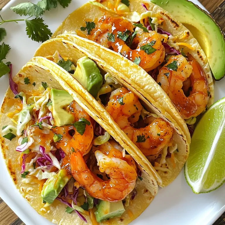 To make these delicious Spicy Sriracha Shrimp Tacos, gather the following items: - 1 pound large shrimp, peeled and deveined - 2 tablespoons Sriracha sauce - 1 tablespoon lime juice - 2 teaspoons garlic powder - 1 teaspoon ground cumin - 1 teaspoon paprika - 1 tablespoon olive oil - Salt and pepper to taste - 8 small corn tortillas - 1 cup shredded cabbage - 1 avocado, sliced - Fresh cilantro, for garnish - Lime wedges, for serving Using fresh ingredients is key. Fresh shrimp gives a tender texture. Fresh lime juice adds brightness. Crisp cabbage and ripe avocado balance the heat and create a great bite. If you want more heat, add extra Sriracha. You can also mix in chili powder or cayenne pepper for a kick. If you prefer milder flavors, try using less Sriracha. You can swap Sriracha with sweet chili sauce or a mild hot sauce. Each taco has about 250 calories. The shrimp provides protein, while avocado adds healthy fats. Here’s a quick look at the macronutrients: - Protein: 15 grams - Carbohydrates: 20 grams - Fat: 10 grams These tacos not only taste great but also give a nice balance of nutrients per serving. {{ingredient_image_1}} To start, grab a large bowl. In this bowl, mix the following: - 1 pound large shrimp, peeled and deveined - 2 tablespoons Sriracha sauce - 1 tablespoon lime juice - 2 teaspoons garlic powder - 1 teaspoon ground cumin - 1 teaspoon paprika - 1 tablespoon olive oil - Salt and pepper to taste Toss the shrimp until they are fully coated with the spices. This mix adds flavor and heat. Let the shrimp marinate for about 15 minutes. This time lets the shrimp soak up all the good tastes. Next, heat a skillet over medium-high heat. Once it's hot, add the marinated shrimp in a single layer. Cook them for about 2-3 minutes on each side. Look for the shrimp to turn pink and opaque. This means they are cooked just right. Remove them from heat when done. While the shrimp cook, warm the corn tortillas. Use a separate dry skillet for this step. Heat each tortilla for about 30 seconds on each side. You want them soft and easy to fold. Now, it's time to assemble your tacos. Place a few shrimp on each tortilla. Add a handful of shredded cabbage and slices of avocado on top. This adds crunch and creaminess. Finally, garnish with fresh cilantro, and serve with lime wedges. This brightens every bite! - Use a heavy skillet. A cast-iron skillet works best for frying shrimp. - Heat the skillet to medium-high. This gives the shrimp a nice sear. - Cook shrimp in a single layer. This helps them cook evenly. - Avoid overcooking shrimp. They only need 2-3 minutes per side. Cook until they turn pink and opaque. - Arrange tacos on a colorful plate. This makes the dish pop. - Serve with lime wedges. They add a fresh touch. - Place extra Sriracha in a small bowl. This lets everyone spice to their liking. - Garnish with fresh cilantro. It adds color and flavor. - Try adding pico de gallo for freshness. It gives a nice crunch. - Sprinkle cheese on top for creaminess. Feta or Cotija works well. - Serve with a side of chips and salsa. It’s a great pairing. - Pair with a cold drink, like a limeade or a light beer. It cools the heat. Pro Tips Marinate for Flavor: Allowing the shrimp to marinate for at least 15 minutes enhances the flavor and ensures they soak up all the delicious spices. Perfectly Cooked Shrimp: Cook the shrimp only until they turn pink and opaque; overcooking can make them rubbery. Warm Tortillas: Warming the corn tortillas not only makes them pliable but also enhances their flavor, making the tacos more enjoyable. Garnish Smartly: Adding fresh cilantro and lime wedges not only adds freshness but also elevates the presentation of your tacos. {{image_2}} You can switch shrimp with chicken or tofu for different flavors. Chicken works great in these tacos. Just grill or sauté it until cooked through. Tofu is perfect for a vegetarian option. Use firm tofu, press it to remove extra water, then cube and marinate. This way, everyone can enjoy these tasty tacos! To add sweetness, try mango or pineapple. Just chop them up and add them to your tacos. They contrast nicely with the spicy shrimp. You can also play around with other sauces and spices. Consider using chipotle sauce for a smoky twist. Mixing flavors keeps your tacos exciting and fresh! You can choose between soft and hard tacos. Soft corn tortillas are classic and easy to fill. Hard taco shells add a crunchy bite. If you want a low-carb option, lettuce wraps work well too. Just use large lettuce leaves to hold your shrimp and toppings. This keeps your meal light and fun! To store leftover shrimp, place it in an airtight container. This keeps it fresh. You can also wrap it tightly in plastic wrap. Proper storage helps avoid spoilage. Refrigerate the shrimp right away. It will last for up to three days in the fridge. Always check for any off smells before using. The best way to reheat shrimp is gently in a skillet. Heat it over low heat. This keeps the shrimp tender and juicy. Stir it often to avoid burning. For tortillas, heat them in a dry skillet for 30 seconds on each side. This helps them stay soft and ready for filling. You can also wrap them in a damp paper towel, then microwave for a few seconds. Yes, you can freeze assembled tacos, but it's not ideal. The tortillas may get soggy when thawed. It is better to freeze shrimp separately. Place the cooked shrimp in a freezer bag. Remove as much air as possible. You can freeze it for up to three months. When ready to eat, thaw in the fridge overnight. Reheat as mentioned above, and enjoy! For shrimp tacos, you can grill or fry the shrimp. Grilling adds a smoky flavor. Frying gives a nice crisp texture. Both methods work well. I prefer frying for quick cooking. When shrimp turn pink and opaque, they are ready. This usually takes about 2-3 minutes per side. Yes, you can prepare the shrimp a few hours in advance. Just marinate them and store in the fridge. Cook them just before serving for the best taste. You can also warm the tortillas ahead of time. Keep them covered in a towel to stay warm. For toppings, slice avocado and cabbage fresh. These tacos pack a moderate heat. Sriracha has a nice kick, but you can adjust it. If you want less heat, use less Sriracha. You can also mix in some honey or yogurt to tone it down. For more heat, add extra Sriracha or red pepper flakes. Toppings enhance the flavor and texture of the tacos. Here are some great options: - Shredded cabbage for crunch - Slices of avocado for creaminess - Fresh cilantro for a bright taste - Lime wedges for zesty flavor - Pico de gallo for freshness - A drizzle of sour cream for richness These toppings create a delicious balance. Enjoy mixing and matching! This article covered everything you need for making delicious Spicy Sriracha Shrimp Tacos. We explored essential ingredients, spice adjustments, and helpful cooking tips. Freshness matters for flavor, so use quality shrimp and toppings. Try different proteins or swap sauces to change the taste. Remember to store and reheat properly to enjoy leftovers. Cooking is an adventure, so experiment with toppings and taco styles. Enjoy making your tacos!