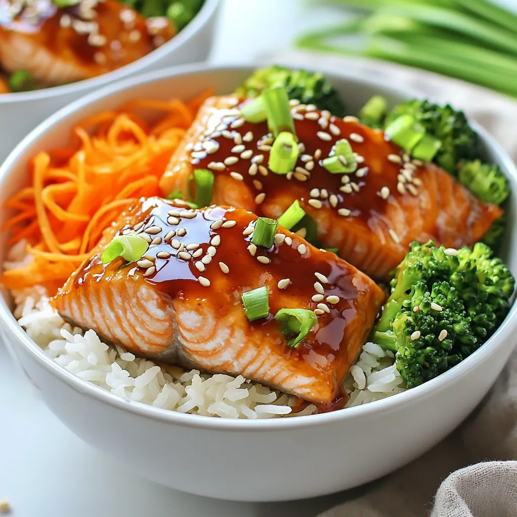 - 2 salmon fillets (about 6 oz each) - 1/4 cup low sodium soy sauce - 2 tablespoons honey - 1 tablespoon rice vinegar - 1 tablespoon sesame oil - 2 teaspoons fresh ginger, grated - 1 cup steamed broccoli florets - 1/2 cup shredded carrots - 1/4 cup chopped green onions - 1 tablespoon sesame seeds (for garnish) Gather these ingredients for a tasty, easy meal. Fresh salmon gives a rich flavor. Low sodium soy sauce keeps the salt down. Honey adds a nice sweetness to the dish. Rice vinegar adds a little tang. Sesame oil gives it a unique taste. Grated ginger adds warmth and spice. For the veggies, steamed broccoli adds crunch and color. Shredded carrots bring sweetness and brightness. Green onions offer a fresh bite. Finally, sesame seeds make the dish look great and add a nice crunch. Together, these ingredients create a balanced and healthy meal. You will enjoy every bite of your teriyaki salmon rice bowl! {{ingredient_image_1}} Whisk together these ingredients to make your teriyaki marinade: - 1/4 cup low sodium soy sauce - 2 tablespoons honey - 1 tablespoon rice vinegar - 1 tablespoon sesame oil - 2 teaspoons fresh ginger, grated - 1 garlic clove, minced Mix them until smooth. The blend of flavors will add a sweet and salty taste to your salmon. Place your salmon fillets in a shallow dish. Pour half of the marinade over them. Make sure they are well coated. Let the salmon marinate for at least 20 minutes. This step is key for flavor. Preheat your oven to 400°F (200°C). Line a baking sheet with parchment paper. Place the marinated salmon fillets on the baking sheet. Bake for 15-20 minutes. Look for the salmon to be cooked through and flake easily with a fork. If your jasmine rice is not cooked yet, now is the time to cook it. Fluff the cooked rice with a fork and set it aside. While the salmon bakes, steam your broccoli florets and shred your carrots. These veggies add color and crunch. Divide the rice into two bowls. Top each bowl with a salmon fillet, steamed broccoli, and shredded carrots. Drizzle the remaining marinade over everything. Season with salt and pepper to taste. Finally, sprinkle chopped green onions and sesame seeds on top for garnish. Enjoy your meal! To get the best teriyaki sauce, you can adjust the honey for sweetness. If you like it sweeter, add more honey. For a less sweet taste, use less. You can also try other marinades, like soy-garlic or a spicy blend. Mixing flavors can make a unique sauce that fits your taste. When cooking salmon, you can choose between broiling or baking. Broiling cooks it faster and gives a nice crust. Baking is great for a tender result. Both methods work well, so pick what you like best. For veggies, you can steam or stir-fry them. Steaming keeps them bright and tender, while stir-frying adds more flavor. For a beautiful bowl, layer the ingredients neatly. Start with rice, then add salmon, veggies, and toppings. Use colorful vegetables like carrots and green onions to make the dish pop. A visually appealing bowl makes your meal more fun and tasty! Pro Tips Marinate Longer for More Flavor: If time allows, marinate the salmon for up to an hour to deepen the flavors of the teriyaki sauce. Check Salmon for Doneness: Use a fork to gently flake the salmon at the thickest part; it should be opaque and flake easily when it's fully cooked. Customize Your Vegetables: Feel free to add or substitute other vegetables like bell peppers, snap peas, or bok choy for a personalized touch. Serve Immediately: For the best texture and flavor, serve the salmon rice bowls immediately after assembling. {{image_2}} You can swap salmon for chicken or tofu. Each protein brings its unique taste and texture. If you select chicken, use boneless, skinless thighs or breasts. Cook them for about 20-25 minutes at 400°F (200°C), or until the internal temperature reaches 165°F (74°C). For tofu, use firm tofu, and cut it into cubes. Bake it for roughly 25-30 minutes until it’s golden and crispy. This way, you can enjoy teriyaki rice bowls with different flavors. Rice is key in this dish. While jasmine rice is great, you can try brown rice, cauliflower rice, or quinoa. Brown rice adds fiber and a nutty taste. Cauliflower rice is a low-carb choice. Quinoa is packed with protein and has a unique texture. You can also add flavor to the rice. Try mixing in some lime juice or a sprinkle of sesame seeds. These small changes can elevate your bowl and make it even tastier. Adding more veggies boosts color and nutrients. Bell peppers, snap peas, or bok choy work well. You can slice bell peppers thin for a sweet crunch. Snap peas offer a fresh snap, while bok choy has a mild flavor. Don’t forget to consider seasonal vegetables. Asparagus in spring or squash in fall can make your bowls special. Feel free to mix and match based on what’s fresh and available. After you finish your teriyaki salmon rice bowls, store any leftovers in the fridge. Use airtight containers to keep them fresh. I recommend glass containers since they do not hold odors. - Let the food cool down before sealing. - Label the containers with the date for easy tracking. You can freeze teriyaki salmon if you have extra. Wrap the salmon tightly in plastic wrap. Then, place it in a freezer bag to avoid freezer burn. - To thaw, place the salmon in the fridge overnight. - Reheat by baking at 350°F (175°C) for about 10-15 minutes. In the fridge, cooked salmon lasts about three days. Cooked rice can stay fresh for about four days. - Look for any off smells or discoloration as signs of spoilage. - If the salmon feels slimy, it's best to discard it. These tips help keep your delicious teriyaki salmon rice bowls safe and tasty! Yes, you can prep these bowls ahead of time. To do this, follow these tips: - Marinate the salmon: Do this the night before. Just keep it in the fridge. - Cook the rice: You can make the jasmine rice a day ahead. Store it in the fridge. - Prep veggies: Chop broccoli and carrots ahead of time. Store them in airtight bags. - Assemble later: When ready to eat, just heat the rice and salmon. Then, add the veggies. Meal prepping saves time and makes dinner easy! These bowls are tasty on their own, but sides add variety. Here are some great options: - Edamame: Steamed or sautéed with salt. They add protein and fiber. - Seaweed salad: A light and refreshing side that complements the flavors. - Miso soup: Warm and savory, it pairs well with the meal. - Pickled vegetables: A tangy crunch can brighten your bowl. Mix and match to find your favorite combos! Keeping salmon moist is key for a great dish. Here are some methods: - Marinate well: Letting the salmon soak in the marinade helps it stay juicy. - Avoid overcooking: Bake just until it flakes easily with a fork, about 15-20 minutes. - Use foil: Cover the salmon with foil while baking to lock in moisture. - Rest before serving: Let it sit for a few minutes after baking. This step allows juices to settle. These tips keep your salmon delicious and tender! Yes, you can use store-bought teriyaki sauce. Here are some pros and cons: - Pros: - Saves time and effort. - Many brands offer tasty options. - Cons: - Some sauces may be too sweet or salty. - You may miss out on the fresh flavors from homemade sauce. If you choose a store brand, look for one with less sugar and sodium for a healthier option! This blog post covered how to create delicious teriyaki salmon rice bowls. You learned about the key ingredients, step-by-step prep, and storage tips. I shared ways to adjust flavors and cooking methods for variety. Don’t hesitate to try new veggies or protein options for a personal touch. Remember, these bowls provide healthy meals while being easy to prepare. Enjoy making them your own, and share your tasty results with others!