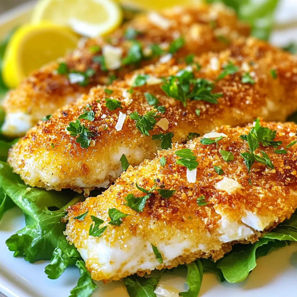 To make this dish, you will need: - 4 tilapia fillets - 1 cup panko breadcrumbs - ½ cup grated Parmesan cheese - 1 teaspoon garlic powder - 1 teaspoon dried oregano - ½ teaspoon salt - ½ teaspoon black pepper - 2 large eggs - ½ cup all-purpose flour These ingredients create a crunchy and tasty crust. The combination of panko and Parmesan gives the fish a nice bite. The garlic powder and oregano add a great layer of flavor. For a fresh touch, consider these garnishes: - Fresh parsley, chopped - Lemon wedges These simple garnishes enhance the dish’s look and flavor. The lemon adds a bright zing, and the parsley brings a pop of color. When serving your tilapia, I suggest these ideas: - Plate the fish on a bed of fresh greens. - Drizzle a light olive oil dressing over the greens. This presentation makes the meal feel special. It balances the crispy fish with fresh, crunchy greens. Enjoy the contrast in textures and flavors! {{ingredient_image_1}} First, you need to get your oven ready. Preheat your oven to 400°F (200°C). This is the perfect temperature for crisping the crust. Next, take a baking sheet and line it with parchment paper. If you don’t have parchment paper, a light coat of oil works too. This will keep the fish from sticking. Now, let’s make the coating mix. Grab a shallow dish and combine panko breadcrumbs, grated Parmesan cheese, garlic powder, dried oregano, salt, and black pepper. Stir well so all the dry ingredients blend. The panko gives a nice crunch, while the cheese adds flavor. You are now ready to coat the tilapia. Start with the flour. Place it in another shallow dish. Take a tilapia fillet and coat it in the flour first. Shake off any extra flour. Next, dip the floured fillet into the beaten eggs. Let any extra egg drip off. Finally, press the fillet into the panko mixture. Make sure it’s well-coated. Repeat this for all the fillets. Arrange the coated fillets on your prepared baking sheet. Make sure they are spaced out so they cook evenly. Place the baking sheet in your preheated oven. Bake for 12-15 minutes. You want the crust to turn golden brown and the fish to flake easily with a fork. When done, remove the fillets from the oven. Let them cool for a moment. Serve them with fresh parsley and lemon wedges for a little zest. To get that perfect crunch, use panko breadcrumbs. They are lighter and crispier than regular breadcrumbs. Mix them with grated Parmesan for a tasty crust. Make sure to press the coating firmly onto the fish. This helps it stick well during baking. Bake the tilapia on a lined baking sheet to avoid sticking. This method keeps the bottom crispy. Add garlic powder and dried oregano to the breadcrumb mix for more flavor. You can also try adding lemon zest for a fresh taste. If you like a little kick, sprinkle some red pepper flakes in the mix. Pairing the tilapia with lemon wedges gives a nice zing when serving. Fresh parsley adds a pop of color and freshness to the dish. Avoid skipping the flour coating step. It helps the egg and breadcrumbs stick better. Also, don’t crowd the baking sheet. Give each fillet space to crisp up. This keeps the heat circulating around each piece. Lastly, watch the baking time closely. Overbaking can dry out the fish. Aim for a golden brown crust and flaky fish for the best result. Pro Tips Use Fresh Ingredients: Always opt for the freshest tilapia fillets possible; they will enhance the flavor and texture of your dish. Customize the Coating: Feel free to add your favorite herbs or spices to the panko mixture for a personalized touch. Check for Doneness: The tilapia is done when it flakes easily with a fork; avoid overcooking to keep it tender and juicy. Serve Immediately: For the best texture, serve the tilapia right after baking while the crust is still crispy. {{image_2}} You can switch up the coating to add variety. Instead of panko, use crushed cornflakes. They give a nice crunch. You can also try using almond flour for a gluten-free option. Mixing in some Italian seasoning can bring new flavors too. For a twist, add a bit of lemon zest to the Parmesan. This will brighten the dish. Tilapia is soft and mild, but you can use other fish. Cod works well and has a nice flake. You can also use haddock or catfish for a different taste. Each fish has its own flavor, so adjust the cooking time. Thicker fillets may need a few extra minutes in the oven. Want to add some heat? Mix some cayenne pepper into your breadcrumb mix. You could also add smoked paprika for a smoky flavor. If you enjoy herbs, try fresh basil or dill in place of oregano. This will give a fresh taste. Don’t be afraid to experiment; it’s all about what you love! After enjoying your crispy tilapia, let it cool down. Place any leftovers in an airtight container. This keeps the fish fresh and safe to eat later. You can store it in the fridge for up to three days. Make sure to seal it well to prevent it from drying out. When you are ready to eat your leftovers, reheating is key. Preheat your oven to 350°F (175°C). Place the tilapia on a baking sheet. Cover it loosely with foil to keep moisture in. Heat for about 10 to 15 minutes. This method keeps the crust crispy and the fish warm. Avoid using the microwave, as it can make the fish soggy. If you want to save tilapia for later, freezing works great. Wrap each fillet in plastic wrap tightly. Then, place them in a freezer bag. Remove as much air as possible before sealing. You can freeze it for up to three months. When you're ready to eat, let it thaw in the fridge overnight before reheating. To make this recipe gluten-free, swap regular flour and panko breadcrumbs for gluten-free versions. You can use rice flour or almond flour instead of all-purpose flour. For breadcrumbs, look for gluten-free panko or make your own by grinding gluten-free crackers. This way, you still get that crunchy texture without the gluten. Yes, you can use fresh herbs! Fresh herbs bring bright flavors. For this recipe, use about three times more fresh herbs than dried. For example, if the recipe calls for 1 teaspoon of dried oregano, use 1 tablespoon of fresh oregano. Just chop the fresh herbs finely before adding them to the coating mixture. Crispy Parmesan Crusted Tilapia goes well with many sides. Here are a few great options: - Steamed vegetables like broccoli or green beans - A fresh garden salad with lemon vinaigrette - Roasted potatoes or sweet potato fries - Garlic rice or quinoa for a hearty touch These sides will complement the tilapia nicely and add color to your plate! Crispy Parmesan Crusted Tilapia is simple yet delicious. We covered key ingredients, easy steps, and helpful tips. You now know how to make it crispy and tasty. Remember to store leftovers properly and try different fish. Feel free to experiment with spices and coatings. This dish is easy to customize and perfect for any meal. Enjoy your cooking and share your results!