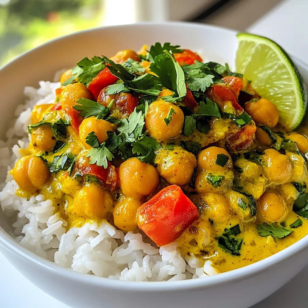 To make vegan coconut chickpea curry, you need the following: - 2 cans chickpeas, drained and rinsed - 1 can coconut milk - 1 medium onion, finely chopped - 3 cloves garlic, minced - 1-inch piece of ginger, grated - 1 can diced tomatoes - 1 teaspoon turmeric powder - 2 teaspoons curry powder - 1 teaspoon cumin powder - 1/2 teaspoon chili powder (adjust to taste) - 1 tablespoon olive oil - Salt, to taste - Fresh cilantro, for garnish - Cooked rice or quinoa, for serving You can customize your curry with these tasty add-ins: - Spinach for extra greens - Bell peppers for crunch - Sweet potatoes for sweetness - Peas for color and nutrition - A splash of lime juice for brightness If you have allergies, here are some easy swaps: - Use vegetable broth instead of coconut milk for a lighter curry. - Replace chickpeas with lentils for a different protein source. - Use onion powder if you are allergic to onions. - Choose a different oil, like avocado oil or coconut oil, if olive oil is not suitable. {{ingredient_image_1}} 1. Gather your ingredients. You need chickpeas, coconut milk, onion, garlic, ginger, diced tomatoes, and spices. 2. Chop the onion finely. This helps it cook evenly and blend well. 3. Mince the garlic. You want small pieces for a strong flavor. 4. Grate the ginger. Fresh ginger adds a nice warmth to the dish. 5. Drain and rinse the chickpeas. This removes excess sodium and makes them cleaner. 1. Heat olive oil in a large pan. Use medium heat for best results. 2. Add the chopped onion. Sauté until it turns translucent, about 5 minutes. 3. Mix in minced garlic and grated ginger. Stir for 1-2 minutes until it smells great. 4. Stir in spices. Add turmeric, curry powder, cumin, and chili powder. Cook for 1 minute to toast the spices. 5. Pour in diced tomatoes. Stir well and let it simmer for 5 minutes. This helps build flavor. 6. Add chickpeas and coconut milk. Mix everything well. Bring to a gentle simmer. 7. Cook for 15-20 minutes. This allows all the flavors to blend nicely. 8. Season with salt. Taste and adjust to your liking. Add a splash of water if it’s too thick. 1. Serve over cooked rice or quinoa. This adds a nice texture and makes it filling. 2. Garnish with fresh cilantro. This adds color and a fresh taste. 3. Add a wedge of lime. Squeeze it over the curry for a zesty kick. 4. Use deep bowls for serving. This keeps the curry warm and makes it look nice. To boost the flavor of your vegan coconut chickpea curry, use fresh spices. Fresh spices have stronger scents and tastes. Toast the spices in oil before adding other ingredients. This step helps release their oils and aromas. Always taste as you cook. Adjust salt and spices to your liking. Adding a squeeze of lime juice at the end brightens the dish. Fresh cilantro as a garnish adds color and taste. If you enjoy heat, add more chili powder. Start with half a teaspoon, then taste. You can always add more if needed. For milder curry, skip the chili powder or use a pinch. You can also balance heat with coconut milk. If it’s too spicy, add more coconut milk to cool it down. Remember, it’s easier to add spice than to take it away. Use a large pan or Dutch oven for even cooking. Sauté the onion until it’s soft; this builds a strong flavor base. Stir often to prevent burning. When adding canned tomatoes, stir well and let it simmer. This helps the flavors mix. Simmer the curry gently, letting it bubble softly. This allows the chickpeas to soak up the spices. If the curry thickens too much, add water to reach your preferred consistency. Pro Tips Adjust the Spice Level: If you prefer a milder curry, reduce the chili powder or omit it entirely. You can always add more spice later if desired. Use Fresh Herbs: For an added layer of flavor, consider adding fresh herbs like basil or mint along with the cilantro for garnish. Make It Creamier: For an extra creamy texture, blend a portion of the chickpeas before adding them to the curry. This will thicken the sauce beautifully. Store Leftovers Properly: Store any leftovers in an airtight container in the fridge for up to 3 days. Reheat gently on the stove and add a splash of water if it thickens too much. {{image_2}} You can boost the health of your vegan coconut chickpea curry by adding vegetables. A few great options include: - Spinach - Bell peppers - Carrots - Zucchini - Cauliflower Simply chop the veggies and add them after you sauté the onion, garlic, and ginger. This method keeps them crisp and bright. They add color and texture to your dish. Chickpeas are fantastic, but you can also try other proteins. Here are some alternatives: - Lentils: They cook quickly and add a nice texture. - Tofu: Firm tofu works well. Cube it and sauté until golden. - Tempeh: This fermented soy product adds a nutty taste. These proteins can change the flavor and feel of your curry. Feel free to mix and match! If you crave heat, you can amp up the spice level. Here are ways to add more flavor: - Include fresh chili peppers. Slice them and add with the onions. - Use a spicier chili powder. Look for varieties like cayenne. - Add in some red pepper flakes for an extra kick. Adjust these spice options to your taste. They will take your curry to a new level! To store leftovers, let the curry cool first. Then, transfer it to an airtight container. Make sure to seal it well. Store it in the fridge for up to five days. This keeps the flavors fresh and tasty. If you want to freeze the curry, use a freezer-safe container. Leave some space at the top for expansion. It’s best to freeze within two days of cooking. The curry can last up to three months in the freezer. Just remember to label the container with the date. When you are ready to enjoy your curry again, take it out of the fridge or freezer. For fridge leftovers, heat it on the stove over medium heat. Stir it often to prevent sticking. If it’s frozen, you can thaw it overnight in the fridge. Then, reheat as above. You may need to add a splash of water to keep it creamy. This helps bring the flavors back to life. Yes, you can easily make this dish gluten-free. The main ingredients are naturally gluten-free. Just check any spices you use to ensure they are gluten-free. Also, serve with gluten-free grains like quinoa instead of regular rice. This curry pairs well with various sides. Here are some ideas: - Cooked rice - Quinoa - Naan bread (choose gluten-free if needed) - Fresh salad - Steamed veggies These sides add balance and complement the rich flavors of the curry. The curry lasts about 3 to 5 days in the fridge. Store it in an airtight container. It tastes even better the next day as the flavors meld. Just reheat it gently on the stove or in the microwave before serving. Yes, you can swap chickpeas for other beans. Here are some good options: - Black beans - Kidney beans - Cannellini beans - Lentils Each type of bean brings its own flavor and texture, so feel free to experiment! This article covered key points for making Vegan Coconut Chickpea Curry. You learned about essential ingredients, optional add-ins, and safe substitutions for allergies. I provided step-by-step instructions, tips for enhancing flavor, and variations to fit your taste. Storing and reheating tips ensure you enjoy leftovers too. You can now create a delicious dish tailored to you and your loved ones. Embrace the cooking process and have fun experimenting!