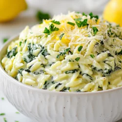 To make creamy spinach orzo, gather these simple ingredients: - 1 cup orzo pasta - 2 cups fresh spinach, chopped - 1 cup vegetable broth - 1 cup heavy cream - 1/2 cup grated Parmesan cheese - 1/4 cup cream cheese - 2 tablespoons olive oil - 3 cloves garlic, minced - 1/2 teaspoon onion powder - Salt and pepper to taste - Zest of 1 lemon - Fresh parsley, chopped (for garnish) These ingredients work together to create a rich and creamy dish that you will love. You can add more flavors to your creamy spinach orzo. Here are some optional ingredients: - Crushed red pepper flakes for heat - Fresh basil for a sweet touch - Mushrooms for extra texture - Sun-dried tomatoes for a tangy twist These add-ins can make your dish more exciting and unique. If you lack some ingredients, don’t worry! Here are some easy swaps: - Use whole wheat orzo for a healthier option. - Swap heavy cream with half-and-half or coconut milk for a lighter dish. - Substitute Parmesan cheese with nutritional yeast for a vegan option. - If you don’t have fresh spinach, frozen spinach will work too. Just thaw and drain it. These substitutions help you adjust the recipe to suit your needs while keeping the flavors delicious. {{ingredient_image_1}} 1. Start by boiling water in a medium saucepan. Add 1 cup of orzo pasta and cook until al dente. This usually takes about 8 to 10 minutes. Once done, drain the orzo and set it aside. 2. In the same saucepan, heat 2 tablespoons of olive oil over medium heat. Add 3 cloves of minced garlic. Sauté the garlic for about 1 minute until it smells great. 3. Next, stir in 2 cups of chopped fresh spinach. Cook it for 2 to 3 minutes until it wilts down. 4. Now, pour in 1 cup of vegetable broth and 1 cup of heavy cream. Stir these together and let the mix come to a gentle simmer. 5. Add the cooked orzo back into the saucepan. Mix in 1/2 cup of grated Parmesan cheese and 1/4 cup of cream cheese. Stir until everything blends together and becomes creamy. 6. Season your dish with 1/2 teaspoon of onion powder, salt, and pepper to taste. Don’t forget to add the zest of 1 lemon for a fresh touch. Let it simmer for another 2 to 3 minutes to heat through. 7. Finally, remove from heat and serve right away. Top with chopped fresh parsley for a nice finish. - Always check the package for the cooking time. Different brands may vary. - Stir the orzo while it cooks. This helps prevent it from sticking together. - Taste the orzo a minute before the time is up. It should be firm but not hard. - Don’t skip draining the orzo. Leaving excess water can make your dish too watery. - Avoid overcooking the orzo. It will continue to cook in the sauce. - Don’t use too much salt until the end. You can always add more, but it’s hard to fix if you add too much at first. To make your creamy spinach orzo even richer, use a mix of creams. I love blending heavy cream with cream cheese for a velvety texture. If you want a lighter dish, try half and half instead. Adding a splash of pasta water can also help. This water has starch that thickens the sauce nicely. Always wash your spinach well. Dirt can hide in the leaves. I like to soak mine in cold water first. Then, chop it right before cooking. This keeps it fresh and vibrant. Add the spinach to the pan when the garlic is fragrant. Cook it just until it wilts. Overcooking makes it lose flavor and color. Creamy spinach orzo is a fantastic side dish. It pairs well with grilled chicken or fish. You can also serve it with a simple salad to balance the meal. Top it with extra Parmesan for a cheesy touch. A sprinkle of lemon zest brightens the flavors, too. Enjoy it warm for the best taste! Pro Tips Use Fresh Spinach: Fresh spinach adds a vibrant flavor and texture to the dish. If using frozen spinach, make sure to thaw and drain it well to avoid excess moisture. Perfectly Cooked Orzo: Cook the orzo until al dente for the best texture. It will continue to absorb liquid and cook slightly after being mixed into the sauce. Adjust Creaminess: For a lighter version, substitute half of the heavy cream with Greek yogurt or use low-fat cream cheese without sacrificing flavor. Flavor Boost: Enhance the dish by adding a pinch of red pepper flakes or a splash of balsamic vinegar for an extra layer of flavor. {{image_2}} You can make this dish even better with fun add-ins. Try adding diced bell peppers or sun-dried tomatoes for extra color and flavor. You can also toss in some mushrooms for a nice earthy taste. If you want more greens, add kale or arugula. These options keep it vegetarian while adding unique flavors. If you want to make this dish more filling, consider adding protein. Grilled chicken or shrimp work great with creamy spinach orzo. For a plant-based option, try chickpeas or lentils. Both add texture and protein without changing the dish’s charm. You can also sprinkle some cooked bacon or sausage for a savory twist. Use seasonal vegetables to change the dish with the seasons. In spring, fresh peas or asparagus add a bright touch. Summer calls for zucchini or cherry tomatoes, which burst with flavor. Fall is perfect for butternut squash or roasted cauliflower. In winter, think about adding hearty greens like collards or Swiss chard. These options keep the dish fresh, fun, and full of nutrients. To keep your leftover creamy spinach orzo fresh, use an airtight container. Make sure to cool it down first before sealing it. This helps prevent moisture build-up and keeps it tasty. Store it in the fridge for up to three days. When you're ready to enjoy your leftovers, reheat in a saucepan over low heat. Add a splash of vegetable broth or cream for extra moisture. Stir often to avoid burning. You can also microwave it in short bursts, stirring in between. This method keeps it creamy and delicious. For long-term storage, freezing is a great option. First, let the orzo cool completely. Then, portion it into freezer-safe bags or containers. Be sure to remove as much air as possible. It can last in the freezer for up to three months. When you're ready to eat, thaw it in the fridge overnight before reheating. If you don’t have heavy cream, use whole milk mixed with butter. Combine 3/4 cup of whole milk with 1/4 cup of melted butter. This mix gives a creamy texture. You can also try using half-and-half or a plant-based cream option for a lighter choice. Both will keep your dish rich and tasty. Yes, you can use frozen spinach! Just make sure to thaw and drain it first. Frozen spinach tends to have more water. Squeeze out the excess moisture before adding it to your dish. This keeps your orzo from getting too watery. Using frozen spinach saves time and is always a great backup. Creamy Spinach Orzo lasts for about 3 to 5 days in the fridge. Store it in an airtight container to keep it fresh. When you’re ready to eat it again, just reheat it on the stove or in the microwave. You may need to add a splash of water or broth to bring back its creamy texture. In this post, we covered how to make Creamy Spinach Orzo. We detailed the ingredients, cooking steps, and tips to enhance flavor. I shared ways to customize and store your dish. Remember, small changes can make a big impact. Use fresh spinach and avoid common mistakes for the best results. Whether you try a variation or stick to the classic, enjoy every bite. Happy cooking!
