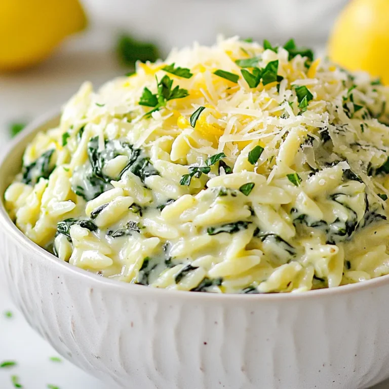 To make creamy spinach orzo, gather these simple ingredients: - 1 cup orzo pasta - 2 cups fresh spinach, chopped - 1 cup vegetable broth - 1 cup heavy cream - 1/2 cup grated Parmesan cheese - 1/4 cup cream cheese - 2 tablespoons olive oil - 3 cloves garlic, minced - 1/2 teaspoon onion powder - Salt and pepper to taste - Zest of 1 lemon - Fresh parsley, chopped (for garnish) These ingredients work together to create a rich and creamy dish that you will love. You can add more flavors to your creamy spinach orzo. Here are some optional ingredients: - Crushed red pepper flakes for heat - Fresh basil for a sweet touch - Mushrooms for extra texture - Sun-dried tomatoes for a tangy twist These add-ins can make your dish more exciting and unique. If you lack some ingredients, don’t worry! Here are some easy swaps: - Use whole wheat orzo for a healthier option. - Swap heavy cream with half-and-half or coconut milk for a lighter dish. - Substitute Parmesan cheese with nutritional yeast for a vegan option. - If you don’t have fresh spinach, frozen spinach will work too. Just thaw and drain it. These substitutions help you adjust the recipe to suit your needs while keeping the flavors delicious. {{ingredient_image_1}} 1. Start by boiling water in a medium saucepan. Add 1 cup of orzo pasta and cook until al dente. This usually takes about 8 to 10 minutes. Once done, drain the orzo and set it aside. 2. In the same saucepan, heat 2 tablespoons of olive oil over medium heat. Add 3 cloves of minced garlic. Sauté the garlic for about 1 minute until it smells great. 3. Next, stir in 2 cups of chopped fresh spinach. Cook it for 2 to 3 minutes until it wilts down. 4. Now, pour in 1 cup of vegetable broth and 1 cup of heavy cream. Stir these together and let the mix come to a gentle simmer. 5. Add the cooked orzo back into the saucepan. Mix in 1/2 cup of grated Parmesan cheese and 1/4 cup of cream cheese. Stir until everything blends together and becomes creamy. 6. Season your dish with 1/2 teaspoon of onion powder, salt, and pepper to taste. Don’t forget to add the zest of 1 lemon for a fresh touch. Let it simmer for another 2 to 3 minutes to heat through. 7. Finally, remove from heat and serve right away. Top with chopped fresh parsley for a nice finish. - Always check the package for the cooking time. Different brands may vary. - Stir the orzo while it cooks. This helps prevent it from sticking together. - Taste the orzo a minute before the time is up. It should be firm but not hard. - Don’t skip draining the orzo. Leaving excess water can make your dish too watery. - Avoid overcooking the orzo. It will continue to cook in the sauce. - Don’t use too much salt until the end. You can always add more, but it’s hard to fix if you add too much at first. To make your creamy spinach orzo even richer, use a mix of creams. I love blending heavy cream with cream cheese for a velvety texture. If you want a lighter dish, try half and half instead. Adding a splash of pasta water can also help. This water has starch that thickens the sauce nicely. Always wash your spinach well. Dirt can hide in the leaves. I like to soak mine in cold water first. Then, chop it right before cooking. This keeps it fresh and vibrant. Add the spinach to the pan when the garlic is fragrant. Cook it just until it wilts. Overcooking makes it lose flavor and color. Creamy spinach orzo is a fantastic side dish. It pairs well with grilled chicken or fish. You can also serve it with a simple salad to balance the meal. Top it with extra Parmesan for a cheesy touch. A sprinkle of lemon zest brightens the flavors, too. Enjoy it warm for the best taste! Pro Tips Use Fresh Spinach: Fresh spinach adds a vibrant flavor and texture to the dish. If using frozen spinach, make sure to thaw and drain it well to avoid excess moisture. Perfectly Cooked Orzo: Cook the orzo until al dente for the best texture. It will continue to absorb liquid and cook slightly after being mixed into the sauce. Adjust Creaminess: For a lighter version, substitute half of the heavy cream with Greek yogurt or use low-fat cream cheese without sacrificing flavor. Flavor Boost: Enhance the dish by adding a pinch of red pepper flakes or a splash of balsamic vinegar for an extra layer of flavor. {{image_2}} You can make this dish even better with fun add-ins. Try adding diced bell peppers or sun-dried tomatoes for extra color and flavor. You can also toss in some mushrooms for a nice earthy taste. If you want more greens, add kale or arugula. These options keep it vegetarian while adding unique flavors. If you want to make this dish more filling, consider adding protein. Grilled chicken or shrimp work great with creamy spinach orzo. For a plant-based option, try chickpeas or lentils. Both add texture and protein without changing the dish’s charm. You can also sprinkle some cooked bacon or sausage for a savory twist. Use seasonal vegetables to change the dish with the seasons. In spring, fresh peas or asparagus add a bright touch. Summer calls for zucchini or cherry tomatoes, which burst with flavor. Fall is perfect for butternut squash or roasted cauliflower. In winter, think about adding hearty greens like collards or Swiss chard. These options keep the dish fresh, fun, and full of nutrients. To keep your leftover creamy spinach orzo fresh, use an airtight container. Make sure to cool it down first before sealing it. This helps prevent moisture build-up and keeps it tasty. Store it in the fridge for up to three days. When you're ready to enjoy your leftovers, reheat in a saucepan over low heat. Add a splash of vegetable broth or cream for extra moisture. Stir often to avoid burning. You can also microwave it in short bursts, stirring in between. This method keeps it creamy and delicious. For long-term storage, freezing is a great option. First, let the orzo cool completely. Then, portion it into freezer-safe bags or containers. Be sure to remove as much air as possible. It can last in the freezer for up to three months. When you're ready to eat, thaw it in the fridge overnight before reheating. If you don’t have heavy cream, use whole milk mixed with butter. Combine 3/4 cup of whole milk with 1/4 cup of melted butter. This mix gives a creamy texture. You can also try using half-and-half or a plant-based cream option for a lighter choice. Both will keep your dish rich and tasty. Yes, you can use frozen spinach! Just make sure to thaw and drain it first. Frozen spinach tends to have more water. Squeeze out the excess moisture before adding it to your dish. This keeps your orzo from getting too watery. Using frozen spinach saves time and is always a great backup. Creamy Spinach Orzo lasts for about 3 to 5 days in the fridge. Store it in an airtight container to keep it fresh. When you’re ready to eat it again, just reheat it on the stove or in the microwave. You may need to add a splash of water or broth to bring back its creamy texture. In this post, we covered how to make Creamy Spinach Orzo. We detailed the ingredients, cooking steps, and tips to enhance flavor. I shared ways to customize and store your dish. Remember, small changes can make a big impact. Use fresh spinach and avoid common mistakes for the best results. Whether you try a variation or stick to the classic, enjoy every bite. Happy cooking!