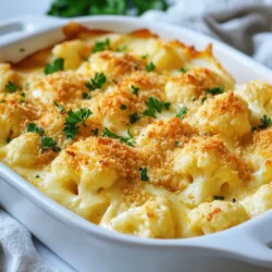 To make Cheesy Cauliflower Au Gratin, you need these key ingredients: - 1 large head of cauliflower, cut into florets - 2 tablespoons olive oil - 1 teaspoon garlic powder - 1 teaspoon onion powder - Salt and pepper to taste - 1 cup heavy cream - 1 cup grated sharp cheddar cheese - 1 cup grated Gruyère cheese - 1/2 cup grated Parmesan cheese - 1/2 teaspoon Dijon mustard - 1/4 teaspoon nutmeg, freshly grated if possible You can add these ingredients to enhance the dish: - 1/4 cup breadcrumbs (for a crunchy topping) - Fresh parsley, chopped (for garnish) This dish serves four and packs a flavorful punch. Here’s a quick look at its nutritional value per serving: - Calories: Approximately 350 - Carbohydrates: 10g - Protein: 15g - Fat: 30g - Fiber: 3g This dish is rich and satisfying, making it a perfect comfort food choice. Each bite brings creamy, cheesy goodness. Enjoying this dish can feel like a warm hug on a plate. {{ingredient_image_1}} First, set your oven to 375°F (190°C). This step is crucial for good baking. While the oven heats, grease a medium-sized baking dish. This helps the dish cook evenly and makes cleanup easier. Next, fill a large pot with salted water and bring it to a boil. Carefully add the cauliflower florets and let them cook for about 3-4 minutes. You want them slightly tender but still firm. After that, drain the cauliflower and set it aside. This process keeps the cauliflower bright and helps it cook evenly in the oven. In a medium saucepan over medium heat, combine 1 cup of heavy cream, 1 teaspoon of garlic powder, 1 teaspoon of onion powder, salt, and pepper. Stir this mixture until it combines well. Slowly add 1 cup of grated sharp cheddar cheese and 1 cup of grated Gruyère cheese. Keep stirring until the cheese melts and the sauce is smooth. Adding 1/2 teaspoon of Dijon mustard and 1/4 teaspoon of nutmeg gives the sauce a nice kick. Now, grab your greased baking dish. Spread the blanched cauliflower evenly across the bottom. Pour the creamy cheese sauce over the cauliflower, making sure each floret is covered. If you like a crunchy top, sprinkle 1/4 cup of breadcrumbs over the sauce. This step is optional but adds a nice texture. Place the dish in your preheated oven. Bake for 25-30 minutes. Look for a golden brown top and bubbling edges. This means your dish is ready. After baking, take the dish out of the oven. Let it sit for about 5 minutes to cool. This helps the cheese sauce thicken. Finally, sprinkle chopped fresh parsley on top for a pop of color and freshness. Now, it’s ready to serve! Enjoy your cheesy cauliflower au gratin! To make a great cheese sauce, start with good cheese. Use sharp cheddar and Gruyère. They melt well and bring great flavor. Heat your heavy cream slowly. Add garlic powder, onion powder, salt, and pepper. Stir until mixed. When it’s hot, add the cheese gradually. Stir until it melts smoothly. If it’s too thick, add a bit more cream. For a richer taste, add a hint of Dijon mustard and nutmeg. This will give your sauce a unique kick. You can change this recipe to fit your taste. For a spicy twist, add some red pepper flakes. Want more veggies? Toss in cooked broccoli or spinach. If you love herbs, try adding fresh thyme or rosemary. You can even switch the cheese up. Use mozzarella or fontina for different flavors. If you want a crunch, sprinkle on some crispy bacon bits. The options are endless! You can prepare this dish ahead of time. Make the cheese sauce and blanch the cauliflower. Layer them in your baking dish but don’t bake yet. Cover and store in the fridge for up to a day. When you’re ready, just bake it! This saves time and makes it easy for dinner parties. If you want to freeze it, do so before baking. Thaw it in the fridge overnight before baking. Pro Tips Blanching is Key: Make sure to blanch the cauliflower just enough to soften it slightly. This will ensure that it cooks evenly when baked. Cheese Variations: Feel free to mix different cheeses like mozzarella or fontina for a unique flavor profile. Each cheese adds its own distinct taste. Make Ahead: This dish can be prepared a day in advance. Simply assemble and refrigerate, then bake when you're ready to serve. Breadcrumbs for Crunch: For an extra crispy topping, use panko breadcrumbs instead of regular breadcrumbs. They add a delightful crunch! {{image_2}} You can easily make Cheesy Cauliflower Au Gratin vegan. Start by replacing heavy cream with coconut milk or cashew cream. Use vegan cheese instead of dairy cheese. Look for brands that melt well. Nutritional yeast is a great add-in for a cheesy taste. It’s packed with nutrients, too! Switching up the cheese can change the flavor of your dish. Try using mozzarella for a gooey texture. Gouda adds a smoky taste that is delightful. You can also mix in some blue cheese for a bold flavor. Just remember, the key is to choose cheeses that melt well. You can make this dish even heartier. Broccoli or spinach pairs well with cauliflower. Just blanch them along with the cauliflower. If you want protein, add cooked chicken, ham, or even bacon. Mix them in before baking. This adds more flavor and makes it a full meal. To store your Cheesy Cauliflower Au Gratin, let it cool first. Use an airtight container. Place the leftovers in the fridge within two hours. Enjoy them within three days for the best taste. Reheat the leftovers in the oven for the best taste. Preheat the oven to 350°F (175°C). Place the dish in the oven for about 15-20 minutes. Cover it with foil to keep it moist. You can also use the microwave. Heat in short bursts, stirring in between. You can freeze Cheesy Cauliflower Au Gratin, but it's best to freeze before baking. Wrap it tightly in plastic wrap and foil. This keeps it fresh for up to three months. When you're ready to eat, thaw it overnight in the fridge. Then, bake it in the oven until hot and bubbly. Cheesy Cauliflower Au Gratin is a creamy dish made with cauliflower. It features a rich cheese sauce that coats each floret. This dish is baked until it's golden and bubbly. The mix of cheeses brings a deep flavor. The nutmeg adds a warm spice that enhances the taste. It’s comfort food at its best, perfect for family dinners or gatherings. Yes, you can use frozen cauliflower for this dish. Just remember to thaw and drain it well. Frozen cauliflower may be softer, so adjust your cooking time. Blanching may not be needed if it's already cooked. The dish will still taste great, but fresh cauliflower gives a better texture. To make Cheesy Cauliflower Au Gratin lighter, try these tips. Use low-fat cream or milk instead of heavy cream. Swap some cheese for nutritional yeast for flavor without extra fat. You can also skip the breadcrumbs or use whole grain options. Reducing cheese will cut calories but still keep it cheesy. This dish pairs well with many options. Serve it as a side with roasted chicken or steak. It also goes great with a fresh green salad. For a vegetarian meal, pair it with quinoa or lentils. The creamy texture of the au gratin complements crisp, light dishes perfectly. In this blog post, we covered how to make Cheesy Cauliflower Au Gratin. We looked at the key ingredients and options to boost flavor. The step-by-step instructions guide you from prep to bake. I shared tips for the perfect cheese sauce and fun variations. We also discussed storage and answered common questions. Now you can enjoy a tasty dish, no matter your dietary needs. This easy recipe fits any meal and pleases everyone. Get cooking and share your creations!