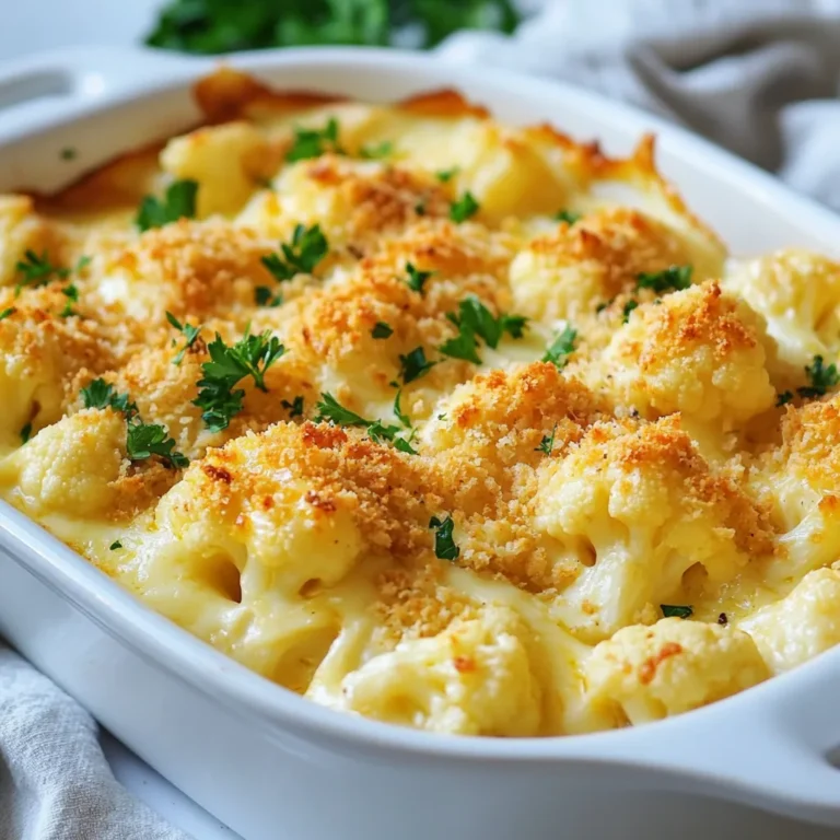 To make Cheesy Cauliflower Au Gratin, you need these key ingredients: - 1 large head of cauliflower, cut into florets - 2 tablespoons olive oil - 1 teaspoon garlic powder - 1 teaspoon onion powder - Salt and pepper to taste - 1 cup heavy cream - 1 cup grated sharp cheddar cheese - 1 cup grated Gruyère cheese - 1/2 cup grated Parmesan cheese - 1/2 teaspoon Dijon mustard - 1/4 teaspoon nutmeg, freshly grated if possible You can add these ingredients to enhance the dish: - 1/4 cup breadcrumbs (for a crunchy topping) - Fresh parsley, chopped (for garnish) This dish serves four and packs a flavorful punch. Here’s a quick look at its nutritional value per serving: - Calories: Approximately 350 - Carbohydrates: 10g - Protein: 15g - Fat: 30g - Fiber: 3g This dish is rich and satisfying, making it a perfect comfort food choice. Each bite brings creamy, cheesy goodness. Enjoying this dish can feel like a warm hug on a plate. {{ingredient_image_1}} First, set your oven to 375°F (190°C). This step is crucial for good baking. While the oven heats, grease a medium-sized baking dish. This helps the dish cook evenly and makes cleanup easier. Next, fill a large pot with salted water and bring it to a boil. Carefully add the cauliflower florets and let them cook for about 3-4 minutes. You want them slightly tender but still firm. After that, drain the cauliflower and set it aside. This process keeps the cauliflower bright and helps it cook evenly in the oven. In a medium saucepan over medium heat, combine 1 cup of heavy cream, 1 teaspoon of garlic powder, 1 teaspoon of onion powder, salt, and pepper. Stir this mixture until it combines well. Slowly add 1 cup of grated sharp cheddar cheese and 1 cup of grated Gruyère cheese. Keep stirring until the cheese melts and the sauce is smooth. Adding 1/2 teaspoon of Dijon mustard and 1/4 teaspoon of nutmeg gives the sauce a nice kick. Now, grab your greased baking dish. Spread the blanched cauliflower evenly across the bottom. Pour the creamy cheese sauce over the cauliflower, making sure each floret is covered. If you like a crunchy top, sprinkle 1/4 cup of breadcrumbs over the sauce. This step is optional but adds a nice texture. Place the dish in your preheated oven. Bake for 25-30 minutes. Look for a golden brown top and bubbling edges. This means your dish is ready. After baking, take the dish out of the oven. Let it sit for about 5 minutes to cool. This helps the cheese sauce thicken. Finally, sprinkle chopped fresh parsley on top for a pop of color and freshness. Now, it’s ready to serve! Enjoy your cheesy cauliflower au gratin! To make a great cheese sauce, start with good cheese. Use sharp cheddar and Gruyère. They melt well and bring great flavor. Heat your heavy cream slowly. Add garlic powder, onion powder, salt, and pepper. Stir until mixed. When it’s hot, add the cheese gradually. Stir until it melts smoothly. If it’s too thick, add a bit more cream. For a richer taste, add a hint of Dijon mustard and nutmeg. This will give your sauce a unique kick. You can change this recipe to fit your taste. For a spicy twist, add some red pepper flakes. Want more veggies? Toss in cooked broccoli or spinach. If you love herbs, try adding fresh thyme or rosemary. You can even switch the cheese up. Use mozzarella or fontina for different flavors. If you want a crunch, sprinkle on some crispy bacon bits. The options are endless! You can prepare this dish ahead of time. Make the cheese sauce and blanch the cauliflower. Layer them in your baking dish but don’t bake yet. Cover and store in the fridge for up to a day. When you’re ready, just bake it! This saves time and makes it easy for dinner parties. If you want to freeze it, do so before baking. Thaw it in the fridge overnight before baking. Pro Tips Blanching is Key: Make sure to blanch the cauliflower just enough to soften it slightly. This will ensure that it cooks evenly when baked. Cheese Variations: Feel free to mix different cheeses like mozzarella or fontina for a unique flavor profile. Each cheese adds its own distinct taste. Make Ahead: This dish can be prepared a day in advance. Simply assemble and refrigerate, then bake when you're ready to serve. Breadcrumbs for Crunch: For an extra crispy topping, use panko breadcrumbs instead of regular breadcrumbs. They add a delightful crunch! {{image_2}} You can easily make Cheesy Cauliflower Au Gratin vegan. Start by replacing heavy cream with coconut milk or cashew cream. Use vegan cheese instead of dairy cheese. Look for brands that melt well. Nutritional yeast is a great add-in for a cheesy taste. It’s packed with nutrients, too! Switching up the cheese can change the flavor of your dish. Try using mozzarella for a gooey texture. Gouda adds a smoky taste that is delightful. You can also mix in some blue cheese for a bold flavor. Just remember, the key is to choose cheeses that melt well. You can make this dish even heartier. Broccoli or spinach pairs well with cauliflower. Just blanch them along with the cauliflower. If you want protein, add cooked chicken, ham, or even bacon. Mix them in before baking. This adds more flavor and makes it a full meal. To store your Cheesy Cauliflower Au Gratin, let it cool first. Use an airtight container. Place the leftovers in the fridge within two hours. Enjoy them within three days for the best taste. Reheat the leftovers in the oven for the best taste. Preheat the oven to 350°F (175°C). Place the dish in the oven for about 15-20 minutes. Cover it with foil to keep it moist. You can also use the microwave. Heat in short bursts, stirring in between. You can freeze Cheesy Cauliflower Au Gratin, but it's best to freeze before baking. Wrap it tightly in plastic wrap and foil. This keeps it fresh for up to three months. When you're ready to eat, thaw it overnight in the fridge. Then, bake it in the oven until hot and bubbly. Cheesy Cauliflower Au Gratin is a creamy dish made with cauliflower. It features a rich cheese sauce that coats each floret. This dish is baked until it's golden and bubbly. The mix of cheeses brings a deep flavor. The nutmeg adds a warm spice that enhances the taste. It’s comfort food at its best, perfect for family dinners or gatherings. Yes, you can use frozen cauliflower for this dish. Just remember to thaw and drain it well. Frozen cauliflower may be softer, so adjust your cooking time. Blanching may not be needed if it's already cooked. The dish will still taste great, but fresh cauliflower gives a better texture. To make Cheesy Cauliflower Au Gratin lighter, try these tips. Use low-fat cream or milk instead of heavy cream. Swap some cheese for nutritional yeast for flavor without extra fat. You can also skip the breadcrumbs or use whole grain options. Reducing cheese will cut calories but still keep it cheesy. This dish pairs well with many options. Serve it as a side with roasted chicken or steak. It also goes great with a fresh green salad. For a vegetarian meal, pair it with quinoa or lentils. The creamy texture of the au gratin complements crisp, light dishes perfectly. In this blog post, we covered how to make Cheesy Cauliflower Au Gratin. We looked at the key ingredients and options to boost flavor. The step-by-step instructions guide you from prep to bake. I shared tips for the perfect cheese sauce and fun variations. We also discussed storage and answered common questions. Now you can enjoy a tasty dish, no matter your dietary needs. This easy recipe fits any meal and pleases everyone. Get cooking and share your creations!