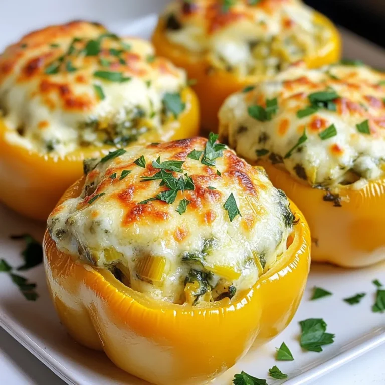 - 4 large bell peppers (any color) - 1 cup frozen spinach, thawed and drained - 1 cup artichoke hearts, chopped (canned or frozen, drained) - 1 cup cream cheese, softened - 1/2 cup sour cream - 1 cup shredded mozzarella cheese, plus extra for topping - 1/4 cup grated Parmesan cheese - 2 cloves garlic, minced - 1 teaspoon lemon juice - Salt and pepper to taste - Fresh parsley, chopped (for garnish) You can change some ingredients if needed. Use fresh spinach instead of frozen. It adds a crisp taste. Swap cream cheese for Greek yogurt for a lighter option. You can use any cheese you love. Try cheddar or feta for a different flavor. If you don't like artichokes, leave them out or add mushrooms instead. You can also use vegetable broth instead of water for added taste while baking. This dish is vegetarian-friendly. If you need it gluten-free, check your cheese labels. Most are safe, but some may contain gluten. For a lower-fat version, use reduced-fat cream cheese and sour cream. If dairy is a concern, use plant-based cheese options. Always read the labels to ensure they meet your dietary needs. {{ingredient_image_1}} Start by preheating your oven to 375°F (190°C). Take four large bell peppers, any color you like. Slice off the tops and remove the seeds and membranes inside. Place the peppers upright in a baking dish. This will hold them steady while cooking. In a large mixing bowl, combine the ingredients for the stuffing. Add 1 cup of thawed and drained frozen spinach. Next, include 1 cup of chopped artichoke hearts, which can be canned or frozen. Then, mix in 1 cup of softened cream cheese and 1/2 cup of sour cream. Add 1 cup of shredded mozzarella cheese and 1/4 cup of grated Parmesan cheese. Toss in two cloves of minced garlic and a teaspoon of lemon juice. Mix well until everything is combined. Season with salt and pepper to taste. Gently spoon the stuffing mixture into each bell pepper. Pack it tightly to make sure they are full. For an extra cheesy crust, sprinkle some additional mozzarella cheese on top. Pour about 1/4 cup of water into the bottom of the baking dish. This will create steam as the peppers cook, making them tender. Cover the dish with aluminum foil and bake for 30 minutes. After that, remove the foil and bake for another 10-15 minutes. The peppers should be tender, and the cheese should be bubbly and golden. Once done, take them out of the oven and let them cool for a bit. Garnish with fresh parsley for a nice touch. To create a creamy filling, mix the cream cheese until smooth. Use a fork for easy blending. Add the sour cream for a tangy kick. The mozzarella adds stretch, while Parmesan gives depth. Make sure to combine all the cheeses well for even flavor. Adjust salt and pepper for your taste. Set your oven to 375°F (190°C). This temperature cooks the peppers evenly. Bake covered with foil for 30 minutes. This step helps steam the peppers. Remove the foil for the last 10-15 minutes. This browns the cheese and makes it crispy. Keep an eye on them to avoid burning. A splash of lemon juice brightens the filling. Fresh herbs, like parsley, add color and flavor. You can also mix in some red pepper flakes for spice. If you love garlic, add more than two cloves. Try different cheese blends, like feta or gouda, for unique twists. Pro Tips Choose Your Peppers: Opt for bell peppers that are firm and free of blemishes for the best texture and flavor. Customize the Filling: Feel free to add other ingredients like cooked chicken or different cheeses to the stuffing for variation. Make Ahead: Stuff the peppers a day in advance and store them in the refrigerator until you're ready to bake. Serving Suggestions: Pair with a fresh salad or crusty bread for a complete meal that's sure to impress. {{image_2}} You can easily change this recipe to suit your taste. Instead of cream cheese, try ricotta for a lighter filling. Goat cheese can add tangy notes. For the cheese topping, swap mozzarella with cheddar or Monterey Jack for a different flavor. Want more veggies? Add diced mushrooms, zucchini, or even corn. Each swap brings a new twist to your stuffed peppers. You don’t have to bake these peppers if you want to try something different. An air fryer works well too! Cook them at 350°F (175°C) for about 12-15 minutes. The peppers become soft and the cheese melts nicely. If you prefer stovetop cooking, you can simmer them in a skillet with a bit of water. Cover the pan and cook on low heat until the peppers are tender. These stuffed peppers taste great on their own, but you can make them even better. Drizzle some balsamic glaze on top for a sweet touch. A side of marinara sauce adds a nice dip. For a fresh crunch, serve with a simple salad or garlic bread. Pairing these peppers with a light vinaigrette can brighten up the meal and balance the rich flavors. To keep your spinach artichoke stuffed peppers fresh, store them in an airtight container. Place them in the fridge within two hours of cooking. This helps prevent bacteria growth. Your peppers should stay good for up to four days. If you want to maintain their flavor and texture, avoid stacking them. To reheat, preheat your oven to 350°F (175°C). Place the stuffed peppers in a baking dish. If they seem dry, add a splash of water to the dish. Cover it with foil to keep moisture in. Bake for about 20 minutes. You can also use a microwave. Heat on medium power for about three to five minutes. Just check if they are hot all the way through. If you want to freeze your stuffed peppers, wrap them tightly in plastic wrap. Place them in a freezer-safe bag or container. They can last up to three months in the freezer. When you're ready to eat them, transfer the peppers to the fridge overnight to thaw. For a quicker option, you can use the microwave on the defrost setting. After thawing, reheat them in the oven or microwave as mentioned above. Yes, you can use fresh spinach. Just wash it well and chop it. Sauté it in a pan until it wilts. This usually takes about 3-5 minutes. Make sure to drain any excess water before mixing it into the stuffing. Fresh spinach gives a nice taste and texture. You can store leftover stuffing in an airtight container. It stays fresh in the fridge for up to three days. Use it as a dip with chips or spread it on toast. You can also mix it into pasta or use it as a filling in omelets. The options are endless! Yes, these stuffed peppers are vegetarian-friendly. They contain no meat, just vegetables and dairy. The spinach and artichokes add great flavor and nutrition. If you want to make them vegan, swap cream cheese and sour cream for plant-based versions. Stuffed peppers can last in the fridge for about 4-5 days. Store them in an airtight container to keep them fresh. When reheating, make sure they are heated all the way through. You can microwave them or heat them in the oven until warm. Enjoy them again as a tasty meal! This blog covered how to make tasty stuffed peppers. We discussed ingredients, cooking steps, and tips to boost flavor. You learned about ingredient swaps and cooking methods, plus how to store leftovers. Remember, making stuffed peppers is fun and flexible. Experiment with flavors and ingredients to make the dish your own. Enjoy the process, and share your creations with friends!