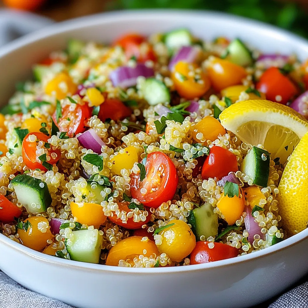 - 1 cup quinoa, rinsed - 2 cups vegetable broth or water - 1 cup cherry tomatoes, halved - 1 cucumber, diced - 1 bell pepper (any color), diced - 1/4 red onion, finely chopped - 1/4 cup fresh parsley, chopped - 1/4 cup fresh mint leaves, chopped Quinoa is the star of this dish. It is light and fluffy. Rinsing it removes the bitter coating. I use vegetable broth for flavor, but water works too. The veggies add color and crunch. Cherry tomatoes bring sweetness. Cucumber and bell pepper add freshness. Red onion gives a subtle bite. Fresh herbs, like parsley and mint, brighten the salad. - Juice of 1 lemon - 3 tablespoons olive oil - Salt and pepper to taste The dressing is simple yet tasty. Fresh lemon juice adds zing. Olive oil brings richness. I always adjust seasoning with salt and pepper. This helps balance the flavors. - Additional herbs - Citrus garnishes For extra flair, I suggest adding more herbs. Chopped basil or dill can work well. Citrus slices not only look good but also add flavor. They can brighten each bite of the salad. {{ingredient_image_1}} First, you need to rinse the quinoa. This step washes away the bitter coating called saponin. Place the quinoa in a fine-mesh strainer under cold water. Rub and swish it with your hand for about 30 seconds. Drain well. Next, combine the rinsed quinoa and 2 cups of vegetable broth or water in a medium saucepan. Bring it to a boil over high heat. Once boiling, reduce the heat to low, cover the pot, and let it simmer. Cook for about 15 minutes until the quinoa is fluffy and all the liquid is gone. After that, remove it from heat. Let it sit covered for 5 minutes. Fluff it with a fork and allow it to cool. While the quinoa cools, it’s time to chop the veggies. Start with the cherry tomatoes. Cut them in half. For the cucumber, slice it in half lengthwise, then dice it into small pieces. Do the same for the bell pepper. Remove the seeds first, then chop it into small cubes. Now, finely chop the red onion. Use a sharp knife for clean cuts. Lastly, chop the parsley and mint. This will add fresh flavor to your salad. In a large mixing bowl, add the cooled quinoa. Then toss in the cherry tomatoes, cucumber, bell pepper, red onion, parsley, and mint. This mix of colors and textures makes it beautiful. Next, whisk together the lemon juice, olive oil, salt, and pepper in a small bowl. Mix until it is smooth. Pour this dressing over your quinoa salad. Gently toss everything together. Make sure all the ingredients are well-coated in the dressing. To let the flavors meld, chill the salad in the refrigerator for at least 30 minutes. This step enhances the taste. When ready to serve, take it out and give it a quick stir. For a nice touch, serve the salad in a large, shallow bowl. Garnish it with extra parsley or mint leaves. You can also add lemon slices on the side for a pop of color. Enjoy your fresh and flavorful Lemon Herb Quinoa Salad! To get the best quinoa, you must rinse it first. Rinsing removes the bitter coating called saponin. Use a fine mesh strainer to rinse the quinoa under cold water for a minute. This step makes a big difference in flavor. When cooking, use two parts liquid for one part quinoa. I like using vegetable broth for more taste. Bring it to a boil, then lower the heat. Cover and simmer for about 15 minutes. Turn off the heat and let it sit for 5 minutes. Fluff it with a fork for a light and airy texture. Want to boost the flavor? You can add more herbs like basil or cilantro. Fresh dill also works well. If you want to add zing, try a splash of vinegar. Apple cider or red wine vinegar adds a nice touch. You can also try lime juice instead of lemon for a twist. Don’t be shy with the salt and pepper. Adjust them to your taste. The right balance will make your salad sing. You can make this salad ahead of time. It keeps well in the fridge for about three days. To save time, cook the quinoa and chop the veggies a day before. Mix everything together and add the dressing just before serving. This way, the salad stays fresh and crunchy. If you want to serve it later, store the dressing separately. Just toss it in when you’re ready to eat. This helps keep the veggies crisp and bright. Pro Tips Use a ratio of 1:2 for cooking quinoa: This ensures that the quinoa cooks perfectly fluffy without being too dry or too mushy. Chill before serving: Allowing the salad to rest in the refrigerator for at least 30 minutes helps the flavors meld and enhances the overall taste. Customize with seasonal veggies: Feel free to add or substitute with vegetables that are in season or your personal favorites for a unique twist. Fresh herbs make a difference: Using fresh parsley and mint instead of dried herbs elevates the flavor profile and freshness of the salad. {{image_2}} You can add protein to your Lemon Herb Quinoa Salad. Chickpeas are a great choice. They add a nutty flavor and a good crunch. Black beans work well too, giving a rich taste. If you prefer meat, grilled chicken fits nicely. It adds a savory note to the dish. Change the vegetables based on the season. In summer, add fresh corn or zucchini. In fall, try roasted butternut squash or apples for a sweet twist. These changes keep the salad fresh and exciting throughout the year. This salad is easy to adapt for different diets. It is vegan as is, but check the broth. Use vegetable broth for vegan diets. For gluten-free options, make sure your quinoa is certified gluten-free. This way, everyone can enjoy the salad! To keep your lemon herb quinoa salad fresh, use an airtight container. Glass containers work well. They do not stain or hold odors. If you use plastic, choose BPA-free options. Make sure the salad is completely cool before sealing it. This helps prevent moisture buildup. In the fridge, this salad lasts for about 3 to 5 days. Keep it stored at a constant temperature. If you notice any changes in smell or color, it’s best to toss it. Always check the salad before eating to ensure it’s still good. You can freeze quinoa salad, but it may change texture. To freeze, place it in a freezer-safe bag or container. Remove as much air as possible. When you’re ready to eat, thaw it in the fridge overnight. If needed, add lemon juice or olive oil to restore some flavor. You can use water for cooking quinoa. It will still taste good. If you want more flavor, try using chicken broth. You could also use a mix of water and lemon juice. This adds a nice zing. I recommend chilling the salad for at least 30 minutes. This helps the flavors mix well. If you have more time, let it chill for an hour. The longer it chills, the better it tastes. Yes, you can change the herbs based on what you like. Basil, cilantro, or dill all work well. You can even mix herbs for a unique flavor. Don't be afraid to experiment! This blog post covered how to make a tasty quinoa salad. I discussed the main ingredients, like quinoa and fresh veggies, and the dressing with lemon juice and olive oil. I shared tips for cooking the quinoa perfectly and ways to enhance the flavor. You can also try different proteins and seasonal ingredients for variety. Finally, I gave storage advice to keep your salad fresh. Enjoy creating your salad and make it your own!