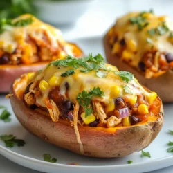 To make BBQ chicken stuffed sweet potatoes, gather these items: - 4 medium sweet potatoes - 2 cups cooked chicken, shredded - 1 cup BBQ sauce (your choice) - 1/2 cup corn kernels (fresh or frozen) - 1/2 cup black beans, rinsed and drained - 1/2 red onion, finely chopped - 1 teaspoon garlic powder - 1 teaspoon cumin - 1/2 teaspoon smoked paprika - Salt and pepper to taste - 1 cup shredded cheese (cheddar or a blend) - Fresh cilantro, chopped (for garnish) The BBQ sauce you choose can change the flavor of this dish. Here are some tasty options: - Sweet and tangy sauces work well for a classic taste. - Spicy BBQ sauces add a kick to your meal. - Try a smoky sauce for extra depth. - Look for homemade sauces for a personal touch. You can swap out some ingredients to fit your taste or needs: - Use turkey or tofu instead of chicken for a different protein. - Swap black beans for pinto or chickpeas if you prefer. - If you don’t have corn, use diced bell peppers for crunch. - For a dairy-free option, skip the cheese or use a vegan substitute. {{ingredient_image_1}} Start by preheating your oven to 400°F (200°C). This heat is perfect for cooking sweet potatoes. Next, wash the sweet potatoes well. Use a fork to pierce them a few times. This step helps steam escape while they cook. Place the sweet potatoes on a baking sheet. Bake them for about 45 to 60 minutes. They should be soft when done. You can check by poking them with a fork. While the sweet potatoes bake, let’s make the filling. In a large bowl, combine 2 cups of shredded chicken and 1 cup of BBQ sauce. You can choose your favorite BBQ sauce for this step. Add 1/2 cup of corn and 1/2 cup of black beans. Rinse and drain the black beans before adding them. Next, chop 1/2 red onion and add it to the mix. Sprinkle in 1 teaspoon of garlic powder, 1 teaspoon of cumin, and 1/2 teaspoon of smoked paprika. Season with salt and pepper to taste. Stir everything together until it is well combined. After the sweet potatoes are cooked, take them out of the oven. Let them cool for a few minutes. Carefully cut each sweet potato in half lengthwise. Use a spoon to scoop out some flesh, making room for the filling. Mix this scooped-out sweet potato with the BBQ chicken mixture. Stir well to combine. Now, spoon the BBQ chicken filling back into each sweet potato half. Top each half with shredded cheese. Place the stuffed sweet potatoes back in the oven for 10 to 15 minutes. Bake until the cheese melts and bubbles. Finally, remove them from the oven and garnish with chopped cilantro. Serve them warm and enjoy! Baking sweet potatoes can be simple. Here are my best tips: - Choose medium-sized sweet potatoes. They cook evenly and fill well. - Wash each sweet potato under running water. Scrub off dirt with your hands. - Pierce them with a fork to let steam escape. This prevents bursting. - Bake at 400°F for 45-60 minutes. Check if they are soft with a fork. - Let them cool for a few minutes before cutting. This helps avoid burns. To boost flavor in your BBQ chicken stuffed sweet potatoes, try these ideas: - Mix in different spices like chili powder for heat. It adds a nice kick! - Use smoked BBQ sauce for a deeper flavor. This gives it a rich taste. - Add fresh herbs, like thyme or parsley, for brightness. They make the dish pop! - Top with crunchy toppings like fried onions or crushed chips for texture. - A squeeze of lime juice adds a zesty finish. It brightens all the flavors. Serving BBQ chicken stuffed sweet potatoes can be fun and tasty. Here are ways to enjoy them: - Serve with a side salad for freshness. It creates a nice balance. - Pair with coleslaw for crunch and creaminess. This adds a great contrast. - Offer extra BBQ sauce on the side for dipping. It’s great for sauce lovers. - Use them as a filling main dish for lunch or dinner. They are hearty! - Top with avocado slices for added creaminess. It makes every bite delicious. Pro Tips Choose the Right Sweet Potatoes: Opt for medium-sized sweet potatoes that are firm and free of blemishes for the best texture and flavor. Enhance the BBQ Flavor: Marinate the shredded chicken in the BBQ sauce for at least 30 minutes before mixing to deepen the flavors. Cheese Variations: Experiment with different types of cheese such as pepper jack for a spicy kick or feta for a tangy twist on the classic. Garnishing Tips: Add a squeeze of lime juice over the stuffed sweet potatoes before serving for an extra burst of freshness. {{image_2}} You can make this dish vegetarian by swapping chicken for a plant-based protein. Try using shredded jackfruit or chickpeas. Both options absorb flavors well. Mix them with your favorite BBQ sauce and the other ingredients. You get the same great taste without meat. Feel free to get creative with meats! You can use pulled pork or shredded beef instead of chicken. Just make sure to keep the BBQ sauce you love. Each meat brings its own flavor, making the dish unique. Toppings can change the whole meal! You can add avocado for creaminess, or diced tomatoes for freshness. Try sour cream or Greek yogurt for a tangy touch. If you like heat, add jalapeños or hot sauce. Fresh herbs like parsley or green onions can add color and flavor too! To keep your BBQ chicken stuffed sweet potatoes fresh, let them cool first. Place them in an airtight container. Store in the fridge for up to four days. Make sure to cover them well to keep moisture out. If you have extra filling, store it separately. To reheat, you have a few options. The oven works best. Preheat to 350°F (175°C). Place the stuffed sweet potatoes on a baking sheet. Heat for about 15-20 minutes, or until hot. You can also use a microwave. Just heat each half for 1-2 minutes. Check that it’s hot all the way through. If you want to freeze these stuffed sweet potatoes, do this carefully. Wrap each half tightly in plastic wrap. Then, place them in a freezer bag. They can stay in the freezer for up to three months. When you're ready to eat, thaw them overnight in the fridge. Then reheat as mentioned above. No, you should not use raw chicken. This dish needs cooked chicken. If you use raw chicken, it will not cook through in the sweet potatoes. Cook your chicken first, then shred it. You can use rotisserie chicken for ease, or cook and shred your own. To make this dish gluten-free, choose a gluten-free BBQ sauce. Many brands offer gluten-free options. Always check labels to be sure. Sweet potatoes are naturally gluten-free, so you can enjoy this dish worry-free. Great sides for BBQ chicken stuffed sweet potatoes include: - Coleslaw - Grilled corn - Mixed green salad - Roasted veggies These sides add freshness and balance to the meal. This blog post covered how to make BBQ chicken stuffed sweet potatoes. We looked at ingredients, steps to prep, and best baking tips. I shared ways to mix things up, including vegetarian options and alternative toppings. I also gave storage tips to keep leftovers fresh. Enjoy these tasty sweet potatoes for lunch or dinner. They are easy to make and full of flavor. You can make them your own with fun mix-ins. A delicious meal like this will surely impress your family and friends.