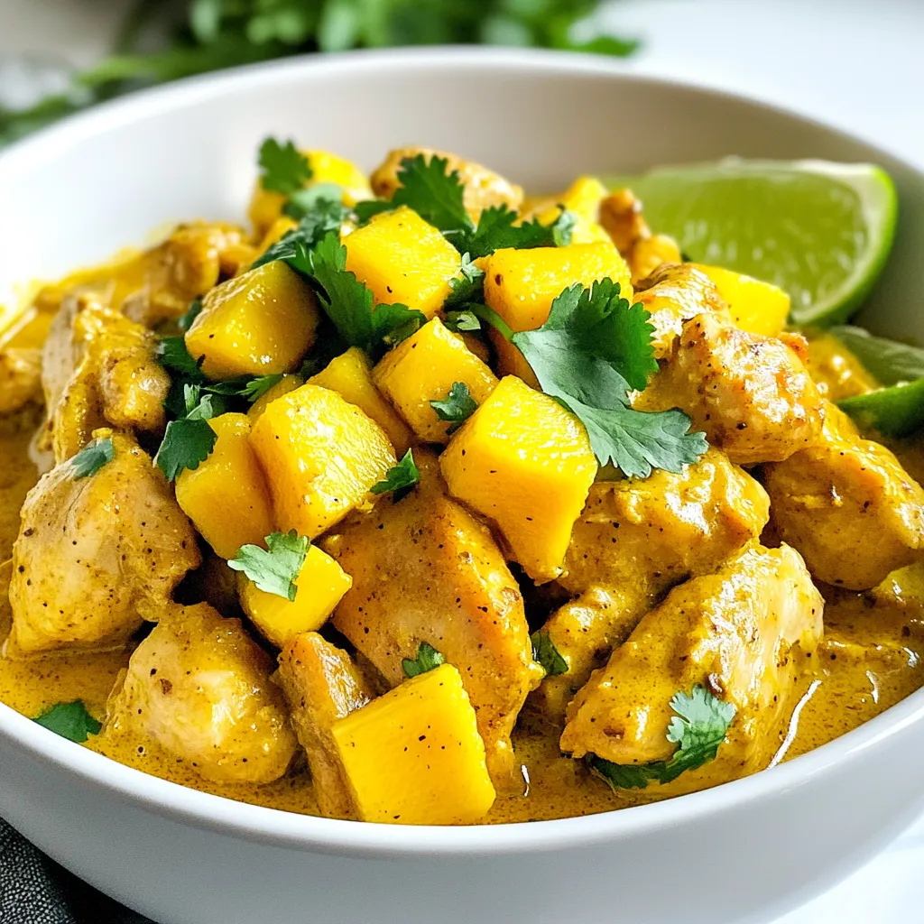 To make Mango Chicken Curry, you will need these key ingredients: - 1 lb boneless chicken thighs, cut into bite-sized pieces - 1 ripe mango, peeled and diced - 1 large onion, finely chopped - 3 cloves garlic, minced - 1 inch ginger, grated - 1 can (14 oz) coconut milk - 2 tablespoons curry powder - 1 teaspoon turmeric powder - 1 teaspoon garam masala - 2 tablespoons vegetable oil - Salt and pepper to taste - Fresh cilantro for garnish - 1 lime, cut into wedges for serving You can swap ingredients for different tastes: - Use tofu or shrimp instead of chicken. - Try peaches or pineapples as fruit options. - For dairy-free, use coconut cream or almond milk. For the best experience, add these garnishes: - Fresh cilantro for a pop of color and flavor. - Lime wedges to squeeze over the dish. - Serve with warm basmati rice or naan for dipping. {{ingredient_image_1}} 1. Sauté the Onions and Aromatics: - Heat the vegetable oil in a large pan over medium heat. - Add the finely chopped onion. Sauté it for about 5 minutes. The onion should turn translucent. - Stir in minced garlic and grated ginger. Cook for 1 more minute until fragrant. 2. Cooking the Chicken: - Add the cut chicken thighs to the pan. - Season with salt and pepper. Cook for about 5-7 minutes. - Stir occasionally until the chicken turns brown on all sides. 3. Adding Spices and Liquids: - Sprinkle curry powder, turmeric, and garam masala over the chicken. - Stir well to coat the chicken evenly. - Pour in the coconut milk and add the diced mango. Mix everything together. - Temperature Settings: - Keep the heat at medium when you sauté. - Lower it to low when you add the coconut milk and mango. - Timing for Each Cooking Stage: - Sauté the onions for 5 minutes. - Cook the chicken for 5-7 minutes. - Let the curry simmer for 15-20 minutes. - Visual Cues for Readiness: - The chicken should be browned but not burnt. - The curry should bubble gently when simmering. - Adjusting Consistency: - If the curry is too thick, add a splash of water. - Stir well until you reach your desired thickness. - Checking Flavor Balance: - Taste the curry. - Adjust the seasoning with salt and pepper if needed. - Best practices for sautéing: Start with a hot pan. Add oil and let it heat. Once shimmering, add onions. Stir frequently until they turn soft and clear. This builds a great base for your curry. - Avoiding overcooking chicken: Cut chicken into even pieces. This helps them cook at the same rate. Cook until they are no longer pink. Keep an eye on them; they can become dry if cooked too long. - How to increase spice levels: If you like more heat, add chili powder or fresh chili peppers. Start with a small amount. You can always add more if needed. - Using fresh herbs effectively: Fresh cilantro adds a bright flavor. Chop it and add it right before serving. This keeps it fresh and vibrant. - Preparing ingredients ahead of time: Chop onions, garlic, and mango in advance. Store them in the fridge. This makes cooking quick and easy on a busy night. - Freezing and reheating tips: Cool the curry completely before freezing. Use airtight containers to avoid freezer burn. To reheat, warm on the stove over low heat, stirring gently. This helps maintain the flavor and texture. Pro Tips Use Ripe Mangoes: The sweetness of ripe mangoes enhances the flavor of the curry. Choose a mango that is slightly soft to the touch for the best results. Adjust Spice Levels: If you prefer a spicier curry, add some chopped green chilies or a pinch of cayenne pepper to the mix. Let It Simmer: Allow the curry to simmer longer for deeper flavors. The more it simmers, the more the spices meld together. Serve with Accompaniments: Pair the curry with warm naan or basmati rice, and don’t forget the lime wedges for a zesty finish! {{image_2}} Gluten-free options Mango chicken curry is naturally gluten-free. All the main ingredients, like chicken and coconut milk, do not contain gluten. Just be sure to use gluten-free curry powder. Always check labels for hidden gluten. Vegan adaptation To make this dish vegan, swap out the chicken for tofu or chickpeas. Use a ripe mango for sweetness and add vegetable broth instead of chicken. This keeps the rich flavors while being plant-based. Sweet vs. savory balance The mango brings sweetness to the curry. To keep it balanced, add more spices like turmeric and garam masala. This helps the sweet mango shine without being too sweet. You can also add lime juice for a zesty kick. Adding heat (chili peppers) If you like spice, add chili peppers. Sliced jalapeños or red chili flakes work well. Start with a little and taste as you go. This lets you control the heat level to your liking. South Asian twists For a South Asian touch, add fresh curry leaves while cooking. They give a unique flavor. You can also use other fruits, like pineapple, for a tropical version. Caribbean influences To give it a Caribbean flair, add allspice and a splash of rum. This gives the curry an exciting twist. Pair it with rice and beans for a hearty meal. You can store mango chicken curry in the fridge for up to three days. Use an airtight container for best results. This keeps the curry fresh and prevents odors from mixing with other foods. To freeze mango chicken curry, let it cool completely. Then, transfer it to a freezer-safe bag or container. Remove as much air as possible to avoid freezer burn. You can freeze it for up to three months. When you're ready to eat, thaw the curry overnight in the fridge. This helps it stay tasty and safe. Reheat mango chicken curry gently on the stove. Use low heat to maintain its texture and flavor. Stir it often to ensure even heating. You can also use a microwave, but do it in short intervals. This way, you avoid overcooking the chicken and losing the curry's creaminess. Can I use frozen mango? Yes, you can use frozen mango. Thaw it first and drain excess water. This keeps your curry from becoming too watery. Frozen mango is sweet and can add great flavor. How can I make it spicier? To make your curry spicier, add chili powder or fresh chilies. You can also increase the curry powder a bit. Just be careful not to overpower the other flavors. Caloric content estimate Each serving of mango chicken curry has around 400 calories. This can vary based on added ingredients or sides. Protein and carbohydrate breakdown This dish contains about 30 grams of protein and 25 grams of carbs. The chicken provides protein, while the mango adds healthy carbs and fiber. What goes well with mango chicken curry? Serve mango chicken curry with warm basmati rice or naan. These pair well and help soak up the tasty sauce. Suggestions for beverages to serve Enjoy your meal with a cold glass of mango lassi or iced tea. Both drinks balance the spices and add a refreshing touch. You now know how to make delicious mango chicken curry. We explored the key ingredients and how to cook them perfectly. You learned about substitutions, garnishes, and side dishes that enhance your meal. Our tips and tricks helped you master cooking techniques and adjust flavors. Remember, meal prep and storage can make your cooking easier. I hope you feel ready to try this recipe and impress yourself and your loved ones. Enjoy your cooking journey!