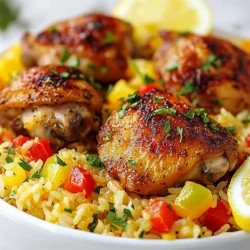 - 4 chicken thighs, skin-on and bone-in - 1 cup long-grain rice - 1 medium onion, finely chopped - 3 cloves garlic, minced - 1 red bell pepper, diced - 1 green bell pepper, diced - 1 can (14 oz) diced tomatoes with juice - 2 cups chicken broth - 1 teaspoon smoked paprika - 1 teaspoon dried oregano - 1/2 teaspoon saffron threads (optional) - Salt and pepper to taste - 1 tablespoon olive oil - Fresh parsley, chopped (for garnish) - Lemon wedges (for serving) I often choose brands that deliver great flavor. For chicken, I like using Bell & Evans. Their chicken is fresh and free-range. For rice, I recommend Lundberg Farms. Their long-grain rice is high quality and cooks well. For spices, Penzeys Spices offers rich smoked paprika and oregano. These brands help elevate your dish. When buying chicken, look for shiny skin and no off smell. Choose thighs that feel firm. For vegetables, select bell peppers that are bright and firm. The onion should feel heavy for its size and have a dry skin. Fresh garlic should be plump and firm. When picking tomatoes, go for those that are ripe and fragrant. Fresh ingredients make a big difference in flavor. {{ingredient_image_1}} Start by heating olive oil in a large skillet over medium-high heat. Season the chicken thighs with salt, pepper, and smoked paprika. Once the oil is hot, place the chicken thighs skin-side down in the pan. Sear them for about 5 to 7 minutes until they turn golden brown. Flip the chicken and cook for another 3 to 4 minutes. Remove the chicken from the pan and set it aside on a plate. In the same pan, add the chopped onion and diced red and green bell peppers. Sauté these for about 5 minutes until the onions become clear. Then, mix in the minced garlic and cook for an extra minute until you smell its flavor. Next, stir in the long-grain rice, ensuring it gets coated in the vegetable mix. Toast the rice for about 2 minutes, stirring it often to prevent burning. Now it's time to bring everything together. Add in the can of diced tomatoes with juice, chicken broth, dried oregano, and saffron threads if you choose to use them. Stir well and bring the mixture to a simmer. Place the seared chicken thighs on top of the rice mix, skin-side up. Cover the pan with a lid and lower the heat. Let it cook for about 25 to 30 minutes until the rice is soft and has soaked up the liquid. Once cooked, fluff the rice with a fork and let it sit off the heat for about 5 minutes before serving. Top it off with fresh parsley and serve with lemon wedges for a zesty touch. To get the best flavor, start with the right heat. Use medium-high heat when adding your chicken thighs. This helps create a nice, golden crust. Season the chicken well with salt, pepper, and smoked paprika before searing. Make sure the oil is hot before adding the chicken. Don’t overcrowd the pan; this can trap steam and prevent browning. Sear skin-side down for 5 to 7 minutes, then flip. This step adds depth to the dish. Fluffy rice is key to making this dish a success. After you add the rice to the pan, toast it for 2 minutes. This helps the rice absorb flavors better. Stir it gently so it doesn't stick. When you add the broth and tomatoes, make sure to bring it to a simmer before adding the chicken. Cover the pan tightly to trap steam. Let it cook on low heat for about 25 to 30 minutes. This way, the rice cooks evenly and stays fluffy. Using the right tools makes cooking easier. Here’s what I recommend: - Large skillet or sauté pan: A good, heavy pan helps with even cooking. - Wooden spoon: Great for stirring without scratching your pan. - Lid: A tight-fitting lid is key for steaming the rice. - Fork: Use this for fluffing the rice after cooking. These tools will help you make the best One Pan Spanish Chicken Rice. Enjoy the process and the tasty results! Pro Tips Use Bone-In Chicken Thighs: They are more flavorful and stay juicier during cooking compared to boneless cuts. Toast the Rice: Sautéing the rice for a couple of minutes enhances its nutty flavor and helps prevent it from becoming mushy. Let it Rest: Allowing the dish to sit for 5 minutes after cooking helps the flavors meld and the rice to firm up slightly. Garnish with Fresh Herbs: Adding fresh parsley not only brightens the dish visually but also adds a fresh flavor that complements the meal. {{image_2}} To make this dish even better, you can add chorizo. Slice it and cook it with the chicken for a rich taste. You can also toss in peas during the last few minutes of cooking. This adds color and a nice pop of sweetness. Other great options include olives or artichoke hearts. These give a Mediterranean twist to the dish. If you need a gluten-free version, use gluten-free rice. Check the broth too; some brands add gluten. For a vegetarian meal, swap the chicken for mushrooms or bell peppers. Use vegetable broth instead of chicken broth. This keeps the flavors rich without meat. You can also make this dish in the oven. After searing the chicken, place everything in a baking dish and cover it. Bake at 375°F for about 30-35 minutes. For a slow cooker, follow the same steps but set it on low for 6 hours. This method makes the chicken very tender. Each method brings out different flavors, so try them all! After enjoying your One Pan Spanish Chicken Rice, store any leftovers in an airtight container. Make sure to cool the dish to room temperature first. This helps keep the flavors fresh. Place the container in the fridge. It will last up to four days. To reheat, use the stovetop or microwave. If you use the stovetop, add a splash of broth. Heat it over low heat, stirring often. This keeps the rice from drying out. If using a microwave, cover the container loosely. Heat in short bursts, stirring in between, until it’s hot. For longer storage, freeze the chicken rice. First, let it cool completely. Then, pack it in freezer-safe bags or containers. Make sure to squeeze out excess air. Label the bags with the date. You can freeze it for up to three months. To enjoy later, thaw it in the fridge overnight before reheating. Yes, you can use boneless chicken thighs. They will cook faster than bone-in thighs. Just be sure to adjust the cooking time. Cook them for about 15-20 minutes instead of 25-30 minutes. This change can help keep the rice from getting too dry. One Pan Spanish Chicken Rice pairs well with many sides. You can serve a fresh salad with greens and a light dressing. Garlic bread or crusty rolls are great for sopping up the rice. For a bit of crunch, try some roasted vegetables. Lemon wedges add a nice touch to brighten the dish. To check if the chicken is cooked through, use a meat thermometer. The internal temperature should reach 165°F (75°C). If you don’t have a thermometer, cut into the thickest part. The juices should run clear, and the meat should not be pink. Always ensure your chicken is safe to eat. This post covered key ingredients, cooking steps, and tips for a great One Pan Spanish Chicken Rice. We explored ingredient choices, cooking tools, and even variations to suit your taste. Good meals start with good ingredients, so choose fresh ones. Follow the steps for best results, and don’t hesitate to mix in your favorite flavors. Store leftovers carefully, and enjoy your dish for days! Cooking can be fun and easy with the right guide. Now, get in the kitchen and enjoy making this meal!