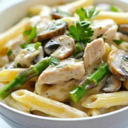 - 8 ounces penne pasta - 1 pound boneless, skinless chicken breasts - 1 cup asparagus - 1 cup mushrooms - 3 cloves garlic - 1 cup heavy cream - 1/2 cup grated Parmesan cheese - 2 tablespoons olive oil - Fresh parsley, chopped - Salt and pepper to taste - 1 teaspoon Italian seasoning The main components of this dish are simple but flavorful. The penne pasta serves as a hearty base. Using boneless, skinless chicken keeps it lean, while asparagus and mushrooms add a nice crunch and earthiness. You can choose cremini or button mushrooms based on your taste. For the seasonings, garlic brings a punch to the dish. Heavy cream makes it rich and creamy. Parmesan cheese adds depth and a salty bite. Olive oil is perfect for sautéing and adds flavor. Lastly, don’t forget the garnish! Fresh parsley not only adds color but also a fresh taste. A sprinkle of salt, pepper, and Italian seasoning rounds out the flavors nicely. This dish is not just a meal; it’s a blend of textures and tastes that work together. You’ll want to savor every bite! {{ingredient_image_1}} To start, bring a pot of salted water to a boil. This helps flavor the pasta. Once boiling, add 8 ounces of penne pasta. Cook it until it is al dente, which takes about 10-12 minutes. Drain the pasta and set it aside for later. Next, heat 2 tablespoons of olive oil in a large skillet over medium heat. Add 1 pound of diced chicken breasts. Season the chicken with salt, pepper, and 1 teaspoon of Italian seasoning. Cook the chicken for about 6-7 minutes. It should turn light brown and no longer be pink. Then, remove the chicken from the skillet and keep it warm. In the same skillet, add the remaining olive oil. Sauté 3 cloves of minced garlic for about 30 seconds until you can smell it. Then, add 1 cup of chopped asparagus and 1 cup of sliced mushrooms. Cook these for 4-5 minutes until they are tender. After that, pour in 1 cup of heavy cream. Stir it well with the vegetables. Let it simmer for a bit. Add 1/2 cup of grated Parmesan cheese and mix until it melts and thickens slightly. Now, return the cooked chicken to the skillet. Add the drained penne pasta as well. Toss everything until the chicken and pasta are well coated in the creamy sauce. This will bring all the flavors together. Before serving, taste the dish. Adjust the seasoning if needed by adding more salt and pepper. Plate your Mushroom Asparagus Chicken Penne and sprinkle some freshly chopped parsley on top. This adds a nice color and freshness to the dish. Enjoy your meal! To ensure chicken is cooked properly, always check the color. The chicken should be white, not pink. Use a meat thermometer to check if it reaches 165°F. This keeps your meal safe and tasty. For perfect al dente pasta, cook the penne for about two minutes less than the package says. Taste it; it should be firm but not hard. This gives the pasta a nice bite. For the best flavor, use cremini or button mushrooms. They add a rich taste that blends well with other ingredients. Avoid mushrooms that look slimy or have dark spots. When choosing fresh asparagus, look for bright green stalks. They should be firm and not wilted. Thinner stalks are often more tender, making them great for this dish. To thicken the sauce, let it simmer gently. This helps the cream reduce and become rich. Stir it often to avoid burning. If you need substitutes for heavy cream, use half-and-half or coconut milk. These options can make the sauce lighter but still creamy. Pro Tips Perfectly Cooked Pasta: To achieve al dente penne, make sure to follow the package instructions closely, and taste the pasta a minute before the suggested cooking time. Flavorful Chicken: Marinate the diced chicken in olive oil, salt, and Italian seasoning for about 30 minutes before cooking to enhance the flavor. Fresh Ingredients: Using fresh asparagus and mushrooms will elevate the dish's taste; consider adding a squeeze of lemon juice for brightness. Leftover Storage: If you have leftovers, store them in an airtight container in the fridge; reheat gently on the stove with a splash of cream to revive the sauce. {{image_2}} You can swap chicken for shrimp or tofu. Shrimp cooks quickly and adds a nice taste. It pairs well with the creamy sauce. Tofu brings a great texture and absorbs flavors. For a heartier option, try adding Italian sausage. The spice from sausage complements the dish well. Feel free to mix in other vegetables. Peas, spinach, or bell peppers add color and flavor. Seasonal asparagus can change the taste. Try using thin asparagus in spring and thicker ones in fall. This way, you can enjoy fresh veggies all year round. Penne pasta is great, but you can use other types. Fusilli or rigatoni also work well. They hold the sauce nicely. If you need gluten-free options, choose brown rice or chickpea pasta. These options keep the dish tasty while meeting dietary needs. To store leftover Mushroom Asparagus Chicken Penne, place it in an airtight container. Make sure to cool it to room temperature first. Store it in the fridge for up to three days. When you reheat it, add a splash of cream or water to keep it moist. For cream-based dishes, like this one, it’s key to avoid letting them sit out too long. The cream can spoil if not stored properly. Always label your container with the date, so you know how fresh it is. Yes, you can freeze this dish! Just place cooled portions in freezer-safe bags or containers. Make sure to squeeze out any air before sealing. This helps prevent freezer burn. When you’re ready to eat, thaw it overnight in the fridge. For reheating frozen portions, use a microwave or stovetop. Add a bit of cream or broth to bring back the creamy texture. Heat until it’s warm throughout. Leftovers will last about three days in the fridge. If stored well in the freezer, they can last for up to three months. Look for signs of spoilage before eating. If it has an off smell, or if the cream looks curdled, it’s best to toss it. Always trust your senses when it comes to food safety! Can I make this recipe ahead of time? Yes, you can prepare this dish ahead. Cook the pasta and chicken, then store them separately. Keep the sauce in a container. When ready to eat, heat everything together. How do I reheat the pasta without drying it out? To reheat, add a splash of water or cream in a pan. Stir it over low heat. This will help keep the pasta moist and creamy. Can I use a different type of cheese? Absolutely! You can try mozzarella, goat cheese, or even feta. Each cheese adds a unique flavor to the dish. What can I substitute for heavy cream? For a lighter option, use half-and-half or coconut cream. You can also blend silken tofu for a creamy texture. How do I know when the chicken is fully cooked? Check the chicken's color. It should be white, not pink. Also, the internal temperature should reach 165°F. Can I use dried herbs instead of fresh herbs? Yes, you can use dried herbs. Use about one-third of the amount. Dried herbs are stronger, so less is more! This blog post covered a tasty Mushroom Asparagus Chicken Penne recipe. We looked at main ingredients, seasonings, and how to cook everything step by step. Tips helped ensure perfect pasta and quality chicken. Variations offer fun options for proteins, veggies, and pasta types. Lastly, we shared storage info to keep leftovers fresh. Food should be simple and enjoyable, and this recipe makes that easy. Cooking can spark creativity in your kitchen. I hope you try it and enjoy every bite.