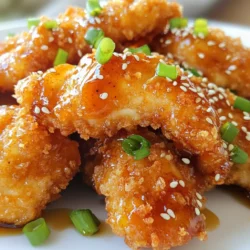 To make tasty honey Sriracha chicken tenders, you need some key items. Here’s what you will need: - 1 pound chicken tenders - 1/2 cup all-purpose flour - 1/2 cup breadcrumbs (panko or regular) - 1 large egg - 1/4 cup honey - 1/4 cup Sriracha sauce - 1 tablespoon soy sauce - 1 tablespoon olive oil These ingredients create a great balance of flavors and textures. The chicken provides protein, while the honey and Sriracha give sweet and spicy notes. Seasonings make a big difference in flavor. Here are the seasonings you will use: - 1/4 teaspoon salt - 1/4 teaspoon black pepper - 1/2 teaspoon garlic powder - 1/4 teaspoon onion powder These seasonings add depth to each bite. They enhance the natural taste of chicken without overpowering it. Garnishes add a nice touch to your dish. Consider using: - Green onions - Sesame seeds These options give a fresh look and extra crunch to your chicken tenders. You can add them right before serving to make your meal even more appealing. {{ingredient_image_1}} First, gather all your ingredients. You need chicken tenders, flour, breadcrumbs, and seasonings. Start by preheating your oven to 400°F (200°C). Line a baking sheet with parchment paper to keep the tenders from sticking. In a shallow dish, mix together the flour, salt, black pepper, garlic powder, and onion powder. This will add a great base flavor to your chicken. In another bowl, whisk the egg until it is smooth. In a third dish, place your breadcrumbs. This three-step setup will help you coat the chicken evenly. Now, take each chicken tender. Dip it in the flour mix first. This helps the egg stick. Next, dip it in the egg, making sure it is fully coated. Finally, roll it in the breadcrumbs, pressing gently to make them stick. Place the coated tenders on your prepared baking sheet. In a small bowl, mix the honey, Sriracha, soy sauce, and olive oil. Brush half of this sauce over the chicken tenders. Bake them in the oven for 15 to 20 minutes. Flip them halfway to ensure even cooking. The chicken is done when it is golden brown and reaches 165°F (74°C). In the last 5 minutes of baking, brush the remaining honey Sriracha glaze over the tenders. This adds a nice, sticky finish. Once they are done, take them out of the oven. Let the tenders rest for a few minutes. This helps keep them juicy. Before serving, sprinkle chopped green onions or sesame seeds on top. This adds a fresh touch and extra crunch. Enjoy your tasty Honey Sriracha Chicken Tenders! To coat chicken tenders well, follow a simple three-step method. First, place the chicken in the flour mix. This mix helps the egg stick. Next, dip the chicken into the egg wash. This makes the breadcrumbs adhere better. Finally, roll the chicken in breadcrumbs. Press gently to make sure they stick. This method gives you a nice, even coating. For crispy chicken tenders, use panko breadcrumbs. They create a crunchier texture. Make sure your oven is preheated to 400°F. Bake until golden brown, about 15-20 minutes. Flip them halfway through cooking for even crispiness. In the last 5 minutes, brush on more honey Sriracha mix for extra flavor and glaze. You can easily swap some ingredients to fit your taste. Try using almond flour instead of all-purpose flour for a gluten-free option. If you want less heat, cut back on Sriracha. You can also add spices like paprika or cayenne for a different kick. Don't have honey? Maple syrup is a great substitute that adds sweetness. Pro Tips Use Cornstarch for Extra Crispiness: Adding a tablespoon of cornstarch to the flour mixture can enhance the crispiness of the chicken tenders. Let the Chicken Rest: After baking, let the chicken tenders rest for a few minutes before serving to allow the juices to redistribute, ensuring a moist bite. Customize the Heat Level: Adjust the amount of Sriracha used in the glaze to suit your spice tolerance; you can also mix in some chili flakes for an extra kick. Experiment with Dipping Sauces: Serve the chicken tenders with different dipping sauces like ranch or blue cheese for added flavor variety. {{image_2}} If you love heat, there are many ways to spice up your honey Sriracha chicken tenders. Start by adding more Sriracha to the glaze. You can also mix in a splash of hot sauce for an extra kick. If you want a smoky flavor, try adding smoked paprika to the flour mix. Another fun idea is to toss in some chopped fresh chili peppers with the glaze before baking. This will give your tenders a fresh burst of heat. You can get creative with your breading too. Instead of traditional breadcrumbs, try using crushed cornflakes or crushed tortilla chips. Both will add a nice crunch to your tenders. For a healthier option, use almond flour or coconut flour. These alternatives will give your dish a unique taste and texture. You can also try adding herbs and spices to your breading for more flavor. Just mix in dried herbs like oregano or thyme for an extra touch. Serve your honey Sriracha chicken tenders with a side of fresh veggies. A simple salad with lettuce, cucumber, and carrots works well. You can also pair them with rice or quinoa for a filling meal. For dipping, try ranch or blue cheese dressing to balance the spice. A side of sweet potato fries is another great option. The sweetness will complement the heat from the tenders perfectly. Don’t forget to sprinkle some green onions or sesame seeds on top for a tasty finish! To keep your Honey Sriracha Chicken Tenders fresh, store them in an airtight container. Place them in the fridge within two hours after cooking. Make sure they cool down first. They will stay good for about 3 to 4 days. Keep the sauce separate if you can. This helps maintain the crispiness of the tenders. When you're ready to enjoy your leftovers, reheating them is simple. Preheat your oven to 350°F (175°C). Place the chicken tenders on a baking sheet. Bake for about 10-15 minutes. This keeps them crispy and warm. You can also use an air fryer. Just heat them for about 5-7 minutes at 350°F (175°C). Avoid using a microwave. It can make them soggy. If you want to freeze your chicken tenders, do so before cooking. Place them in a single layer on a baking sheet. Freeze until solid, then transfer to a freezer bag. They can last up to 3 months. To cook, thaw them overnight in the fridge. Then, bake as directed in the recipe. If you cook before freezing, reheat as mentioned above. To make this dish gluten-free, you can replace the all-purpose flour with gluten-free flour. Look for a brand that works well for frying. Use gluten-free breadcrumbs instead of regular ones. Many stores sell gluten-free panko or regular options. Check labels for any hidden gluten ingredients in sauces. Yes, you can use chicken breasts. Cut them into strips that are about the same size as tenders. This way, they will cook evenly. The cooking time may vary slightly. Always check the internal temperature. It should reach 165°F (74°C) to be safe. To adjust the spice level, you can change the amount of Sriracha. Start with less if you prefer mild heat. You can add more if you like it spicy. You can also mix in some honey to balance the heat. For extra spice, add red pepper flakes or a dash of hot sauce. In this blog post, we explored the delicious world of Honey Sriracha Chicken Tenders. We covered the key ingredients, step-by-step instructions, and shared tips for crispy tenders. Don’t forget the fun variations and storage tips to keep your meal fresh. With these insights, you will serve up tasty, easy chicken tenders every time. Enjoy the flavors and feel free to experiment! You have the tools to create your own perfect dish.