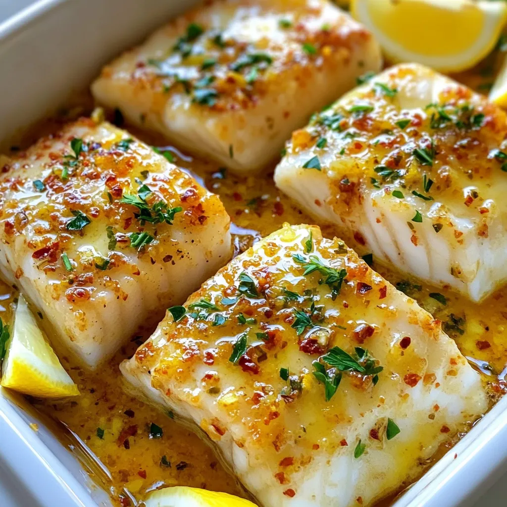 To make Lemon Garlic Butter Cod, you need a few key items. Here’s what you’ll need: - 4 cod fillets (about 6 ounces each) - 4 tablespoons unsalted butter - 4 cloves garlic, minced - Juice of 1 lemon - Zest of 1 lemon - 1 teaspoon dried thyme - 1 teaspoon smoked paprika - Salt and pepper to taste You can elevate your dish with some extra touches. Consider these garnishes and sides: - Fresh parsley, chopped (for garnish) - Lemon wedges (for serving) These additions bring color and a burst of flavor. If you don’t have some ingredients, don’t worry! Here are some easy swaps: - Use olive oil instead of butter for a lighter option. - Swap cod for another white fish like tilapia or haddock. - If you don’t have fresh lemon, bottled lemon juice works in a pinch. - Dried herbs can replace fresh ones if that’s what you have. Feel free to get creative and make this dish your own! {{ingredient_image_1}} First, preheat your oven to 400°F (200°C). This step is key for even cooking. While the oven heats up, prepare your baking dish. You can line it with parchment paper. This will help the cod not to stick. If you prefer, lightly grease the dish with oil. Next, pat the cod fillets dry with paper towels. This helps the sauce stick better. Now, let’s make the lemon garlic butter sauce. Take a small saucepan and place it over medium heat. Add 4 tablespoons of unsalted butter. Watch closely as it melts. Once the butter is melted, add 4 cloves of minced garlic. Sauté this for about 1-2 minutes. You want the garlic to smell good but not burn. After that, remove the saucepan from the heat. Stir in the juice and zest of 1 lemon. Next, add 1 teaspoon of dried thyme and 1 teaspoon of smoked paprika. Finally, season with salt and pepper to taste. This sauce is what makes the cod so special. Now it’s time to bake the cod. Place the fillets in the prepared baking dish. Pour the lemon garlic butter sauce evenly over the fillets. Make sure each piece is well covered. Then, place the baking dish in the oven. Bake the cod for 12-15 minutes. It will be done when it flakes easily with a fork. The fish should also look opaque. Once cooked, take it out of the oven. Garnish with fresh parsley for a pop of color. Serve with lemon wedges for an extra citrusy kick. To cook cod well, you need to start with fresh fillets. Look for fish that feels firm and has a clean smell. When cooking, pat the fish dry to help it brown nicely. Always preheat your oven to 400°F (200°C). This ensures even cooking. Bake cod for 12-15 minutes. It should flake easily with a fork when done. Avoid overcooking, as this can make the fish tough. You can boost the flavor of your Lemon Garlic Butter Cod easily. Try adding fresh herbs like dill or basil for a fresh twist. A sprinkle of red pepper flakes can add a nice kick. You can also mix in some capers for a briny touch. If you like a richer taste, consider adding a splash of white wine to the butter sauce. This will deepen the flavor profile and make it even more delightful. Lemon Garlic Butter Cod pairs well with many sides. Serve it with roasted vegetables for a healthy meal. Mashed potatoes or rice provide a nice base too. A crisp salad with lemon vinaigrette complements the cod well. For a refreshing drink, lemon-infused iced tea or a light white wine goes perfectly. Don't forget lemon wedges on the side for extra zest! Pro Tips Use Fresh Ingredients: Fresh cod and garlic will elevate the flavor of your dish significantly compared to frozen or pre-minced options. Check for Doneness: Cod is perfectly cooked when it flakes easily with a fork and is opaque throughout. Avoid overcooking to keep it moist. Experiment with Herbs: Feel free to substitute or add different herbs like dill or parsley for unique flavor profiles. Serve with Sides: Pair the cod with steamed vegetables or a light salad for a balanced meal. {{image_2}} You can jazz up your cod with fresh herbs. Try using dill, parsley, or basil. These herbs add a nice touch. Simply chop them finely and mix them into the lemon garlic butter sauce. This gives the fish a bright and fresh flavor. You can also sprinkle herbs on top before serving. This adds color and taste. Make this dish a full meal by adding veggies. I love using asparagus, bell peppers, or green beans. Cut them into bite-sized pieces and place them around the cod in the baking dish. Toss the veggies in the lemon garlic butter mixture. They will cook perfectly with the fish. This makes for an easy, tasty, and healthy one-pan meal. You can cook cod in different ways. Grilling gives the fish a nice smoky flavor. Brush the cod with the lemon garlic butter and grill for about 3-4 minutes on each side. If you prefer pan-searing, heat a skillet over medium-high heat. Add butter and garlic, then place the cod in the pan. Cook for about 4 minutes on each side until golden brown. Both methods keep the fish moist and full of flavor. To store leftover cod, let it cool first. Place it in an airtight container. Make sure to cover it well. This helps keep the fish fresh. You can store it in the fridge for up to 2 days. If you want it to last longer, consider freezing it. Reheat your cod gently to keep it moist. Preheat your oven to 350°F (175°C). Place the cod in a baking dish. Add a splash of water or lemon juice to keep it moist. Cover the dish with foil and heat for about 10-15 minutes. You can also use a microwave. Heat it for 1-2 minutes, checking often. To freeze cod, wrap each fillet tightly in plastic wrap. Then, place them in a freezer bag. Remove as much air as you can. Label the bag with the date. You can freeze cod for up to 3 months. When ready to eat, thaw it overnight in the fridge. You can tell cod is cooked when it flakes easily with a fork. The fish should look opaque all the way through. Use a food thermometer if you want to be exact. The safe internal temperature for fish is 145°F (63°C). Check the thickest part of the fillet for the best results. Keep an eye on the time too. Cod usually takes about 12-15 minutes to bake. Yes, you can use frozen cod. Just remember to thaw it first. Thaw it in the fridge overnight for the best texture. If you're in a hurry, you can run it under cold water. Make sure it’s fully thawed before cooking. This helps the fish cook evenly. You might need to bake it a bit longer if it’s still cold. Lemon Garlic Butter Cod goes well with many sides. Try serving it with steamed veggies like broccoli or green beans. Rice or quinoa also makes a great pairing. For a fresh touch, a side salad with citrus dressing works well too. You can even serve it with crusty bread to soak up the yummy sauce. Don't forget the lemon wedges for extra flavor! This blog post covered how to cook Lemon Garlic Butter Cod, starting with key ingredients. You learned about main ingredients, optional sides, and smart substitutions. I outlined step-by-step instructions to bake the fish perfectly. Tips and tricks helped you enhance flavor and find great pairings. We explored fun variations, storage tips, and answered common questions. Enjoy cooking this dish and impress your friends and family with your skills!