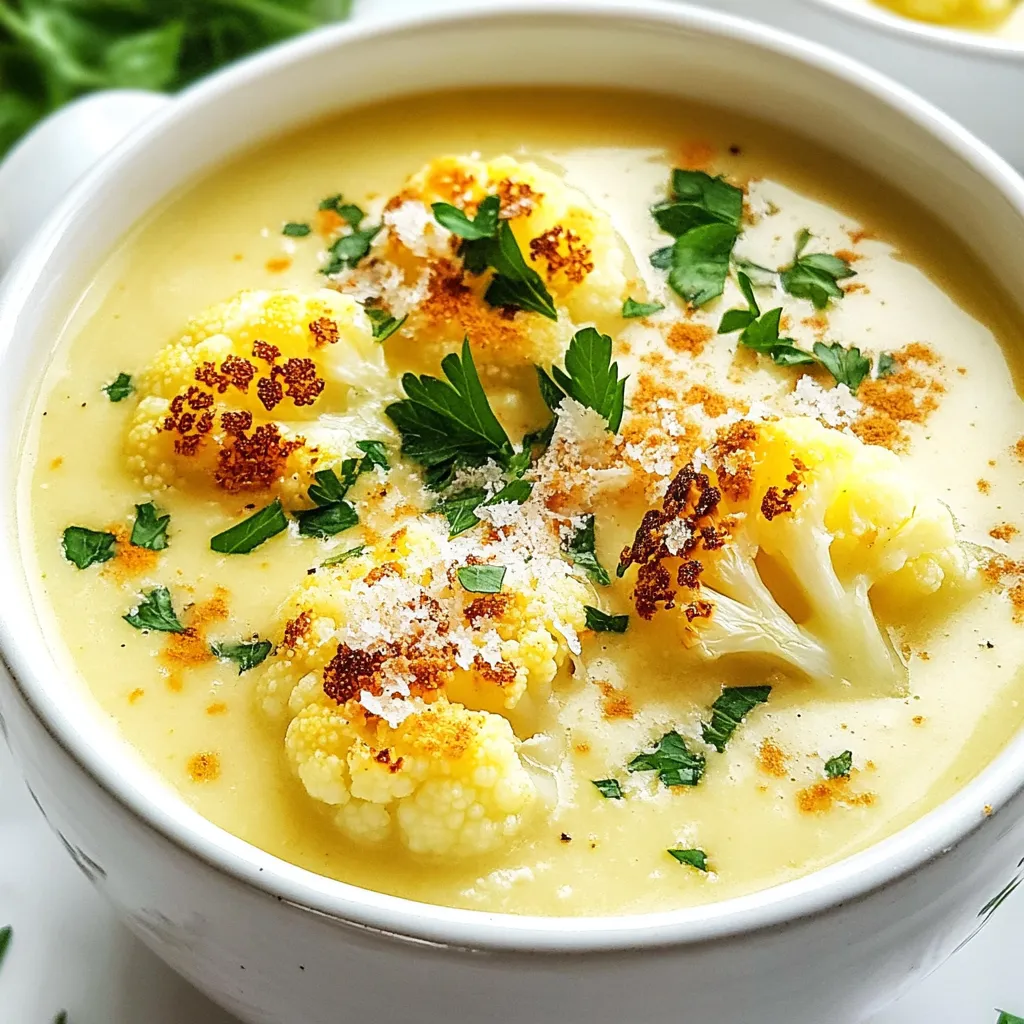 To make this tasty soup, you need some key items. Here is the list: - 1 large head of cauliflower, cut into florets - 6 cloves of garlic, peeled - 3 tablespoons olive oil - Salt and pepper to taste - 1 medium onion, chopped - 4 cups vegetable broth - 1 cup heavy cream - 1 cup grated Parmesan cheese - 1 teaspoon dried thyme - 1 tablespoon lemon juice - Fresh parsley for garnish These ingredients bring the rich flavors and creamy texture to the soup. The cauliflower gives a lovely base, while garlic adds that warm, savory kick. You can tweak this soup with extra seasonings. Some great options include: - Red pepper flakes for some heat - Chopped chives for a fresh touch - A drizzle of truffle oil for luxury Feel free to add your favorites. Each addition can change the soup's vibe, making it feel new each time. Using fresh, high-quality ingredients makes a big difference. Look for a firm, heavy cauliflower. It should have tight florets and no brown spots. Fresh garlic cloves should feel firm and smell fragrant. For the broth, choose a low-sodium option. This way, you control the salt in the soup. Use real Parmesan cheese, not the pre-grated kind. It melts better and has a richer taste. By selecting the best ingredients, you ensure a delicious soup that you and your guests will love. {{ingredient_image_1}} First, we need to roast the cauliflower and garlic. Start by preheating your oven to 425°F (220°C). Grab a large head of cauliflower and cut it into florets. You want bite-sized pieces. Next, take six cloves of garlic and peel them. In a large mixing bowl, combine the cauliflower florets and garlic. Drizzle in three tablespoons of olive oil. Now, sprinkle salt and pepper to taste. Toss everything well until the cauliflower and garlic are coated. Spread the mixture on a baking sheet in a single layer. Roast it in the oven for about 25-30 minutes. Flip the mixture halfway through. You want it golden brown and tender. While the cauliflower and garlic roast, let’s make the soup base. In a large pot, add one chopped medium onion. Cook it over medium heat until it turns translucent, which takes about 5-7 minutes. Once the cauliflower and garlic are done roasting, add them to the pot with the onions. Pour in four cups of vegetable broth. Bring the mixture to a simmer. Stir in one teaspoon of dried thyme and one tablespoon of lemon juice. Let it simmer for another 10 minutes. This helps the flavors blend nicely. Now, we’re ready to blend the soup. You can use an immersion blender for this step. If you don’t have one, a regular blender works too—just do it in batches. Blend until the soup is smooth. After blending, stir in one cup of heavy cream and one cup of grated Parmesan cheese. Cook the soup until the cheese melts and it is hot throughout. Taste and adjust seasoning with salt and pepper if needed. Your soup is almost ready! Serve it warm, and don’t forget to garnish it with fresh parsley and a sprinkle of Parmesan on top. Enjoy your creamy, garlicky delight! Roasting cauliflower brings out its natural sweetness. Here are some tips for perfect roasting: - Choose Fresh Cauliflower: Look for a head that feels heavy and has tight florets. - Cut Even Florets: Try to cut the florets into similar sizes. This helps them cook evenly. - Don’t Overcrowd the Pan: Spread the florets out on the baking sheet. This allows them to brown nicely. - Use High Heat: Roasting at 425°F gives you crisp edges and tender centers. - Flip Halfway: Turn the cauliflower halfway through roasting for even browning. A creamy soup feels rich and smooth. Here’s how to get that perfect texture: - Use Heavy Cream: This adds richness. Make sure it blends well with the soup. - Blend Well: Use an immersion blender until the soup is very smooth. This helps mix all the flavors. - Add Gradually: Stir in the cream slowly while blending. This keeps the soup from being too chunky. - Check Temperature: Heat the soup gently after adding cream. Avoid boiling, as it can change the texture. Adding extra flavors can make your soup even better. Here are some ideas: - Herbs: Fresh herbs like basil or chives can add brightness. - Spices: A pinch of cayenne or paprika can bring a nice kick. - Lemon Zest: Adding lemon zest brightens the flavor. It pairs well with the garlic. - Cheese Variations: Try different cheeses like Gruyère or feta for unique tastes. - Toppings: Add crispy bacon bits or toasted nuts for crunch. A drizzle of olive oil can also enhance the flavor. Pro Tips Roasting Tips: Ensure that the cauliflower and garlic are spread out in a single layer on the baking sheet to achieve even roasting and a nice caramelization. Blending Technique: For an ultra-smooth soup, blend the mixture in batches if using a regular blender. Be cautious of the hot liquid to avoid spills. Cheese Choice: Use freshly grated Parmesan cheese for the best flavor and meltability. Pre-grated cheese can contain anti-caking agents that affect texture. Flavor Boost: Experiment with adding a pinch of nutmeg or a splash of white wine during the simmering stage for extra depth in flavor. {{image_2}} You can mix it up by adding other veggies. Consider using carrots, potatoes, or even broccoli. Just chop them into small pieces. Roast them with the cauliflower and garlic. This adds more flavor and nutrition. Each veggie brings a unique taste to the soup. Feel free to be creative! If you want a dairy-free soup, I have great swaps. Use coconut milk or cashew cream instead of heavy cream. Both options give a rich, creamy feel. For cheese, try nutritional yeast. It adds that cheesy flavor without the dairy. These changes make the soup plant-based while still tasty. For those who love spice, add red pepper flakes. Sprinkle them in while roasting the veggies. This gives your soup a nice kick. You can also stir in some hot sauce right before serving. Just a little goes a long way! This version will warm you up and keep your taste buds dancing. To store leftover soup, let it cool down first. Use an airtight container. Pour the soup into the container, but leave some space at the top. This helps prevent spills when you seal it. You can keep it in the fridge for up to three days. Make sure to label it with the date. When you're ready to enjoy your soup again, take it out of the fridge. Pour the soup into a pot and heat it over medium heat. Stir it often to ensure even warming. If the soup is too thick, you can add a splash of vegetable broth or water. Heat until it's hot throughout. If you want to save some soup for later, freezing is a great option. Use a freezer-safe container and fill it with the cooled soup. Leave some space at the top for expansion. Seal the container tightly. You can freeze the soup for up to three months. When you want to eat it, thaw it in the fridge overnight before reheating. Yes, you can use frozen cauliflower. Just thaw it and drain any excess water. Frozen cauliflower cooks faster, so reduce roasting time to about 15-20 minutes. This way, your soup will still have great flavor and texture. To make this soup vegan, swap heavy cream for coconut cream or cashew cream. Use nutritional yeast instead of Parmesan for a cheesy flavor. Also, make sure your vegetable broth is free of animal products. These easy swaps keep the taste rich and creamy. You can use half-and-half or whole milk if you want a lighter option. For a dairy-free choice, try almond milk mixed with a bit of cornstarch. This helps to thicken the soup while keeping it creamy. Each option brings a unique taste to your soup. Garlic Parmesan Roasted Cauliflower Soup is simple and tasty. We covered the key ingredients, optional spices, and tips for quality. I shared step-by-step instructions for roasting, cooking, and blending. You learned ways to enhance flavor and texture, plus fun variations. Lastly, I discussed storage methods and answered common questions. Enjoy this soup for its great taste and ease. You now have the tools to make it perfect every time. Cook with joy and share it with friends and family.