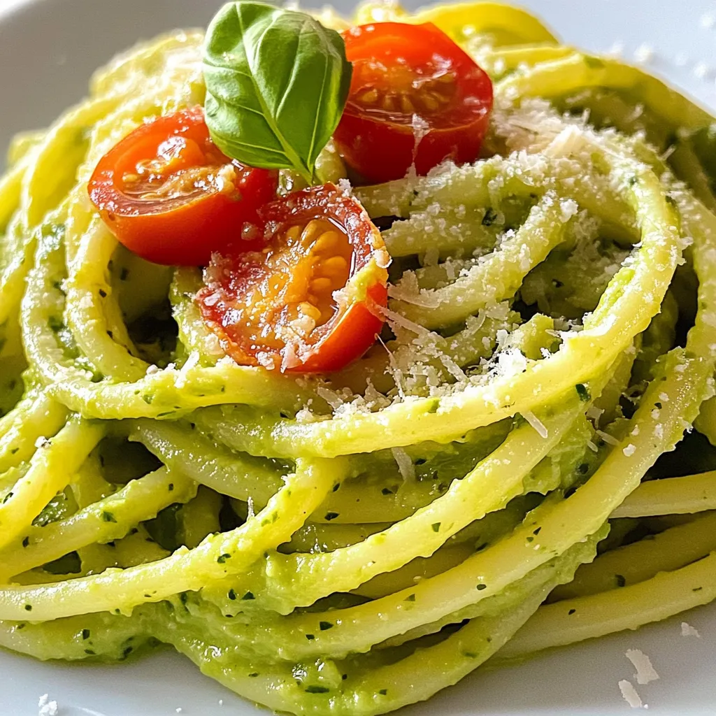 - 12 oz pasta (spaghetti or fettuccine work well) - 2 ripe avocados, halved and pitted - 1 garlic clove, minced - 2 tablespoons olive oil - 2 tablespoons lemon juice - 1/2 cup fresh basil leaves - 1/4 teaspoon red pepper flakes (optional) - Salt and pepper to taste - Grated Parmesan cheese (for serving, optional) - Cherry tomatoes, halved (for garnish, optional) If you don’t have ripe avocados, you can try ripe bananas. They won’t taste the same, but they will add creaminess. For lemon juice, lime juice works great too. You can swap fresh basil with spinach or arugula for a different flavor. If you want a nutty taste, try adding pine nuts or walnuts. For a spicy kick, use chili flakes or fresh chopped chili. If you need a dairy-free option, skip the Parmesan cheese or use a vegan version. This creamy avocado pasta serves four. Each serving contains about: - Calories: 400 - Protein: 10g - Carbohydrates: 50g - Fat: 20g - Fiber: 7g This meal offers healthy fats from avocados and fiber from pasta. It’s a quick dish that gives your body good energy. Enjoy it as a light lunch or dinner! {{ingredient_image_1}} To start, bring a large pot of salted water to a boil. Add 12 oz of your choice of pasta, like spaghetti or fettuccine. Cook it according to the package instructions until it is al dente. This usually takes about 8 to 10 minutes. When the pasta is ready, save 1 cup of the pasta water. Drain the pasta and set it aside while you make the sauce. Now, let’s make the creamy avocado sauce. Take 2 ripe avocados and cut them in half. Remove the pits and scoop the flesh into a food processor. Add 1 minced garlic clove, 2 tablespoons of olive oil, and 2 tablespoons of lemon juice. Toss in 1/2 cup of fresh basil leaves and, if you like some heat, 1/4 teaspoon of red pepper flakes. Blend everything until it’s smooth and creamy. If the sauce is too thick, add a little of the reserved pasta water to reach your desired consistency. In a large mixing bowl, add the drained pasta. Pour the creamy avocado sauce over it. Toss the pasta well to coat it evenly with the sauce. If the sauce seems thick, add more reserved pasta water gradually to loosen it up. Season with salt and pepper to taste, mixing well to blend the flavors. Finally, divide the pasta onto serving plates. You can garnish with halved cherry tomatoes and a sprinkle of grated Parmesan cheese if you want. Enjoy your creamy avocado pasta! To get a creamy texture, use ripe avocados. They should feel soft when you press them gently. Blend the avocado with olive oil and lemon juice until smooth. If the sauce is too thick, add some reserved pasta water. This helps the sauce coat the pasta well. If you have leftover sauce, store it in an airtight container. Cover the top with plastic wrap to prevent browning. You can keep it in the fridge for up to two days. When ready to use, stir it well. You may need to add a bit of water to thin it out again. You can boost the flavor with some simple additions. Try adding more garlic or fresh herbs like parsley. A pinch of garlic powder or onion powder can also work. If you like heat, add more red pepper flakes. Season with salt and pepper to match your taste. Pro Tips Use Ripe Avocados: Ensure your avocados are perfectly ripe for a creamy texture. They should be slightly soft to the touch but not mushy. Customize Your Herbs: Experiment with different herbs like cilantro or parsley if you want to change the flavor profile of the sauce. Perfect Pasta Water: Reserve the pasta water before draining; it's starchy and can help adjust the sauce consistency without losing flavor. Add Protein: For a heartier meal, consider adding grilled chicken, shrimp, or chickpeas to the pasta for added protein and texture. {{image_2}} You can easily make this dish vegan. Just skip the Parmesan cheese. The creamy avocado sauce already gives a rich flavor. You can add nutritional yeast for a cheesy taste. It adds a nice twist without dairy. If you want more protein, add cooked chicken or shrimp. Grilled chicken pairs well with the creamy sauce. You can also use chickpeas or tofu for a vegetarian option. These proteins make the meal filling and satisfying. Add seasonal veggies for extra flavor and nutrition. Cherry tomatoes bring a burst of freshness. You can also use spinach or zucchini. Just sauté them lightly before mixing with the pasta. This makes your dish colorful and fun to eat. Store leftover creamy avocado pasta in an airtight container. This keeps it fresh. Make sure to refrigerate it within two hours of cooking. The pasta will stay good for up to three days. If you notice the sauce darkening, it’s due to oxidation. Just mix it again before serving. Freezing creamy avocado pasta is not ideal. The sauce may change in texture. If you want to freeze it, do so without the pasta. Store the avocado sauce in a freezer-safe container. It can last for up to three months in the freezer. Just thaw it overnight in the fridge before use. Reheat creamy avocado pasta gently. Use low heat on your stove or microwave. Add a splash of reserved pasta water to help it stay creamy. Stir well to mix the sauce evenly. Avoid high heat, as it can make the sauce separate. Enjoy your pasta warm, but do not reheat more than once. Yes, you can use frozen avocado. Just thaw it first. Frozen avocado is smooth and creamy. It works well in the sauce. Make sure to blend it well for a nice texture. Spaghetti or fettuccine are great choices. They hold the creamy sauce well. You can also try penne or linguine if you prefer. Choose any pasta you enjoy. Just make sure to cook it al dente for the best bite. To make it gluten-free, use gluten-free pasta. There are many options available now. Brown rice, quinoa, or chickpea pasta all work well. Just cook according to the package instructions. You’ll still get a lovely creamy dish. This dish pairs well with a fresh salad. You could also serve garlic bread on the side. For protein, grilled chicken or shrimp works nicely. Add a sprinkle of red pepper flakes for some heat. Enjoy! In this blog post, we covered the main steps to create creamy avocado pasta. You learned about the required ingredients, cooking methods, and helpful tips. We also shared variations to fit your taste and dietary needs. Remember, the right techniques bring out the best flavors. Do not be afraid to experiment with ingredients or add your favorite veggies. This dish is both simple and versatile. Enjoy making it and share your results with friends and family. Happy cooking!