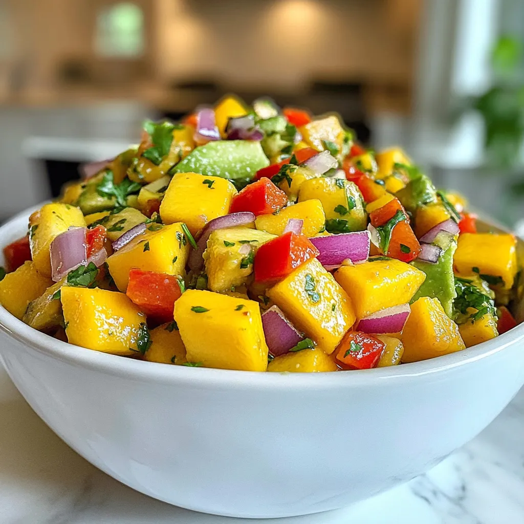 To make Avocado Mango Salsa, gather these fresh ingredients: - 1 ripe mango, diced - 2 avocados, diced - 1 small red onion, finely chopped - 1 red bell pepper, diced - 1 small jalapeño, deseeded and minced (optional for heat) - 1/4 cup fresh cilantro, chopped - Juice of 2 limes - Salt and pepper to taste Using fresh ingredients makes this salsa bright and tasty. Ripe mango adds sweetness and a tropical feel. Avocados give a creamy texture and healthy fats. Red onion adds a nice crunch and sharp flavor. Red bell pepper brings a sweet, crisp note. Cilantro adds freshness and aroma. Lime juice brightens everything up and keeps the salsa vibrant. Fresh ingredients also offer more nutrients. They make your meals healthier and more enjoyable. To prepare the salsa, you’ll need a few simple tools: - A sharp knife for cutting - A cutting board for chopping - A large mixing bowl for combining ingredients - A citrus juicer to easily extract lime juice - A spoon for mixing gently These tools will help you make the salsa quickly and easily. They ensure you get the best flavors without making a mess. {{ingredient_image_1}} To make Avocado Mango Salsa, start by gathering all your ingredients. You will need one ripe mango, two avocados, a small red onion, a red bell pepper, and a small jalapeño. If you want some heat, include the jalapeño. Chop everything into small, even pieces. In a large mixing bowl, add the diced mango and avocados first. Then, mix in the finely chopped red onion and red bell pepper. If you chose to use jalapeño, add that too. Dicing mango can be tricky. Here’s how I do it: Cut off the sides of the mango, avoiding the pit. Score the flesh in a grid pattern. Then, scoop the pieces out with a spoon. For the avocado, cut it in half and remove the pit. Use a spoon to scoop the flesh out of the skin. Slice it into cubes before adding it to the bowl. This helps keep the pieces intact and prevents mushiness. Letting your salsa sit is key. After mixing everything, cover the bowl and let it rest for 10 to 15 minutes. This allows the flavors to blend together. The lime juice helps the ingredients marinate, making each bite burst with flavor. It’s a simple step that makes a big difference! Enjoy your fresh and flavorful salsa with chips or on your favorite dish. To boost the taste of your avocado mango salsa, always use fresh ingredients. Fresh mangoes and avocados add sweetness and creaminess. Lime juice brightens the flavors, so don’t skip it. If you like spice, include diced jalapeño for a kick. Mixing in sea salt helps to enhance all the flavors. This salsa shines when served with tortilla chips. It’s also great on tacos or grilled fish. Try it with chicken for a tasty twist. You can also serve it alongside rice or add it to salads. The bright colors and fresh flavors make any dish pop! Avoid choosing hard avocados or overripe mangoes. They can ruin your salsa. Don’t mash the avocados too much; you want chunky pieces. Mixing too early can make the salsa watery. Also, be careful not to add too much salt or lime juice at once. Always taste as you go! Pro Tips Choose Ripe Ingredients: Make sure your mangoes and avocados are ripe for the best flavor and texture. A ripe mango will yield slightly to gentle pressure, and avocados should feel soft but not mushy. Adjust Heat Level: If you prefer a milder salsa, be sure to remove the seeds from the jalapeño. For more heat, leave some seeds in or add an extra jalapeño. Freshness is Key: This salsa is best enjoyed fresh. If you need to store leftovers, add a little extra lime juice to help prevent browning of the avocados. Perfect Pairings: This salsa pairs wonderfully with grilled shrimp or chicken, but it can also be used as a refreshing topping for tacos or served with crunchy tortilla chips. {{image_2}} You can add heat to your salsa by using jalapeños. Start with one jalapeño, minced. If you like more spice, add another. You can also try adding a dash of hot sauce. This gives a nice kick to the sweet mango and creamy avocado. Another option is using chipotle peppers in adobo sauce. Just chop them finely and mix them in. They add a smoky flavor that blends well. Feel free to mix in other fruits or veggies for fun twists. Pineapple adds a tropical vibe. Just chop it up small, like the mango. You can also use diced tomatoes or corn for crunch. If you want a citrus boost, try orange segments. They can brighten up the flavor. Remember to keep the pieces small, so they blend well with the other ingredients. Using different herbs can change your salsa's flavor. Basil brings a sweet and peppery taste. Try using it instead of cilantro for a new twist. Mint offers a refreshing flavor. It pairs well with the mango. If you want a more earthy taste, use fresh parsley. Each herb adds its unique touch, so don't be afraid to experiment. To store leftover salsa, place it in an airtight container. Make sure to press plastic wrap against the top to limit air exposure. This helps keep the salsa fresh for longer. Store it in the fridge right away. Avocado mango salsa stays fresh in the fridge for about 2-3 days. After that, the avocados may brown and the flavors fade. To keep it tasty, eat it soon! Always check for any off smells or colors before using. Freezing avocado mango salsa is tricky. Avocado does not freeze well. It can become mushy when thawed. If you still want to freeze it, try omitting the avocado before freezing. You can then add fresh avocado after thawing. This way, you keep the best texture and taste. Yes, you can make Avocado Mango Salsa ahead of time. I find it best to prep it a few hours before serving. This allows the flavors to mix well. However, I recommend not making it more than a day in advance. This keeps the ingredients fresh and tasty. To stop the avocado from browning, use lime juice right after cutting. The acid in lime juice slows down the browning process. Make sure to cover the salsa with plastic wrap. Press the wrap directly on the surface to limit air exposure. This helps keep your salsa looking bright and fresh. If you don't have lime juice, use lemon juice instead. It has a similar tart flavor. You can also use vinegar, like apple cider or white wine vinegar. Just remember that these will change the taste a bit. Experiment to find what you like best! This blog post covered how to make tasty Avocado Mango Salsa. You learned about fresh ingredients and tools needed. We shared tips for dicing and letting the flavors blend. You also picked up tricks for serving and avoiding common mistakes. Variations can add extra flavors, while proper storage keeps your salsa fresh. Remember to ask and explore the FAQs for even more tips. Enjoy your delicious salsa on tacos or chips!