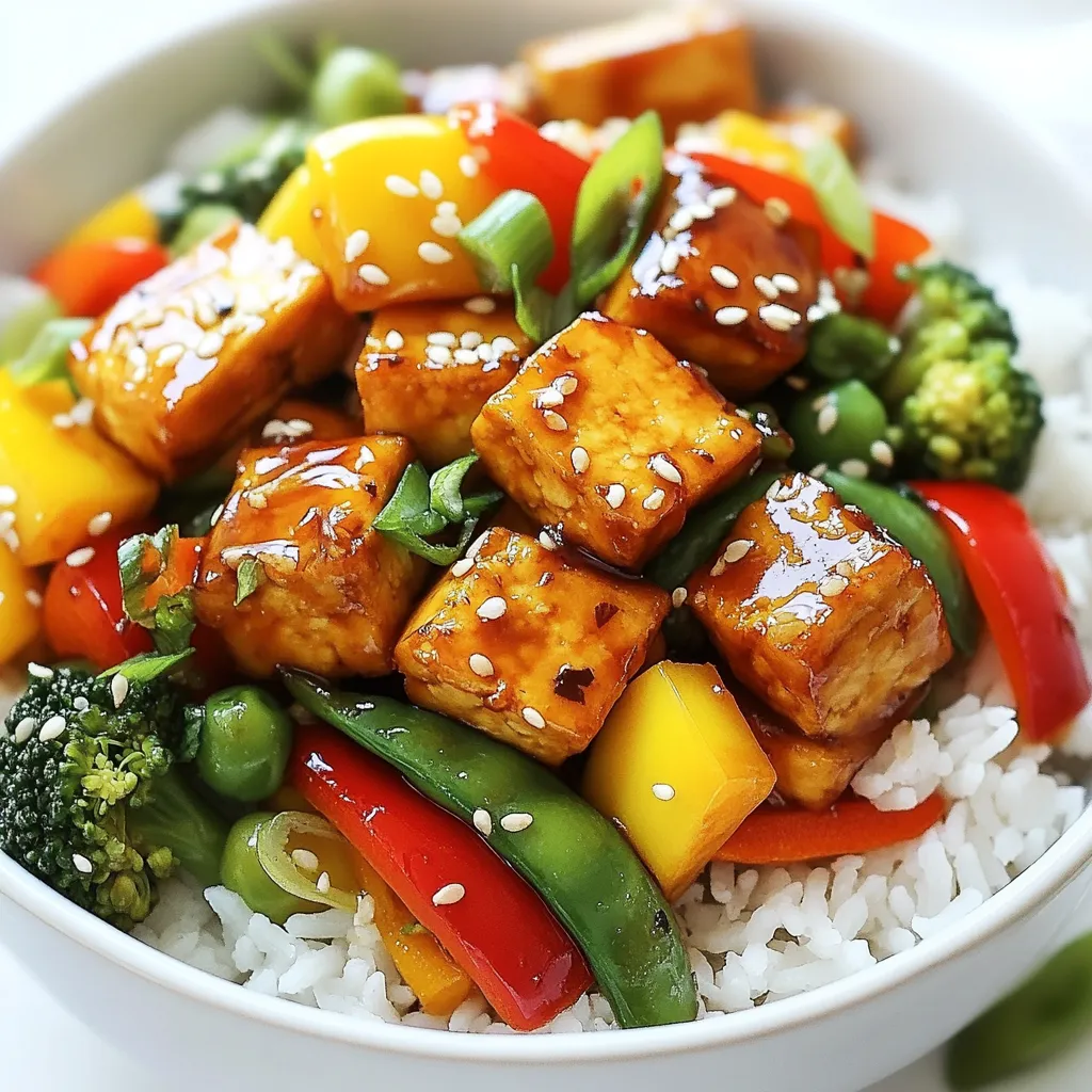 - 1 block firm tofu - 1 red bell pepper, sliced - 1 yellow bell pepper, sliced - 1 cup broccoli florets - 1 cup snap peas Tofu is the star here. It holds flavor well and gives you protein. I prefer firm tofu for a nice texture. You can easily find it in the store. Next, we have bell peppers. They add color and sweetness. Broccoli and snap peas bring crunch and nutrients. Together, these ingredients create a balanced meal. - 1/4 cup soy sauce (or tamari for gluten-free) - 2 tablespoons maple syrup - 1 tablespoon rice vinegar - 1 teaspoon sesame oil The sauce is key for flavor. Soy sauce gives it that umami taste. Maple syrup adds a hint of sweetness. Rice vinegar adds tang, while sesame oil gives a warm finish. This mix really brings the dish together. - Sesame seeds - Chopped green onions - Cooked rice or quinoa Garnishes make the dish shine. Sesame seeds add texture and nutty flavor. Chopped green onions add a fresh kick. Serve your stir fry over rice or quinoa for a filling meal. These extras take your dish to the next level. {{ingredient_image_1}} First, we need to remove moisture from the tofu. Wrap the tofu in a clean kitchen towel. Place a heavy pan on top for about 15 minutes. This step is key for a nice texture. After pressing, cut the tofu into 1-inch cubes. Next, toss these cubes in a bowl with cornstarch. Make sure the tofu is evenly coated. This will help it become crispy when cooked. In a large skillet or wok, heat the vegetable oil over medium-high heat. Wait until the oil is hot. Then, add the cubed tofu to the pan. Cook the tofu for about 5-7 minutes. Turn the cubes occasionally. You want to achieve a golden, crispy texture. Once done, remove the tofu from the pan and set it aside. Now, let’s add some color and crunch. In the same skillet, add the sliced red and yellow bell peppers, broccoli florets, and snap peas. Stir-fry these veggies for 4-5 minutes. You want them to be bright and tender-crisp. Next, add the minced garlic and freshly grated ginger. Stir for about 30 seconds until it smells great. In a small bowl, whisk together the soy sauce, maple syrup, rice vinegar, and sesame oil. Pour this sauce over the vegetables in the skillet. Let it simmer for 1-2 minutes. Finally, return the crispy tofu to the skillet. Gently toss everything together until the tofu is coated with sauce and heated through. Enjoy your flavorful teriyaki tofu stir fry! To get crispy tofu, pressing is key. Pressing removes extra moisture. This step helps the tofu absorb flavors. Wrap the tofu in a towel and place a heavy pan on it for 15 minutes. After pressing, cut the tofu into 1-inch cubes. Toss the cubes in cornstarch. This coating gives the tofu a nice crunch when cooked. Heat vegetable oil in a skillet. Cook the tofu until golden and crispy, about 5-7 minutes. Prepping your ingredients can save time. Chop the bell peppers, broccoli, and snap peas early. Store these in the fridge until you’re ready to cook. You can also prep the sauce in advance. Mix soy sauce, maple syrup, rice vinegar, and sesame oil, then store it. For cooked stir-fry, let it cool before storing. Use airtight containers for best results. Want to add more flavor? Try adding spices like red pepper flakes or garlic powder. You can also add a splash of lime juice for brightness. If you’re out of soy sauce, tamari works well. For a sweeter kick, swap maple syrup for honey. You can replace vegetables based on what you have. Carrots or zucchini can be great substitutes. Pro Tips Press Tofu Well: Ensure you press the tofu thoroughly to remove as much moisture as possible. This helps achieve a crispy texture when cooked. Customize Vegetables: Feel free to swap in your favorite vegetables or whatever you have on hand. Carrots, mushrooms, or zucchini work well in this stir-fry. Adjust Sauce to Taste: The sauce can be adjusted based on your preference. Add more maple syrup for sweetness or extra soy sauce for saltiness. Serve with Fresh Herbs: Garnish your dish with fresh herbs like cilantro or basil for an added layer of flavor and freshness. {{image_2}} You can switch tofu for tempeh or seitan for a different taste. Tempeh has a nutty flavor that adds depth. Seitan gives a chewy texture, making it meat-like. You can also toss in some edamame for extra protein. Edamame is easy to add and gives a nice crunch. Feel free to use other colorful veggies. Carrots, bell peppers, or zucchini work great in stir-fries. You can even use seasonal vegetables. In spring, try snap peas or asparagus. In fall, consider adding squash or kale. Each vegetable brings its unique taste. If you need a gluten-free option, use tamari instead of soy sauce. This simple swap keeps the flavor while meeting dietary needs. You might also want to adjust the sweetness. If you like it sweeter, add more maple syrup. For spice lovers, a pinch of red pepper flakes can add heat. To keep your teriyaki tofu stir fry fresh, store it properly. Use airtight containers to prevent air from getting in. Glass or plastic containers work well. Make sure to cool the stir fry before sealing it. This avoids steam build-up, which can make your food soggy. Reheat your stir fry gently to preserve the texture. The stovetop is the best option. Heat it in a pan over medium heat. Stir it often until hot. If you use a microwave, place it in a microwave-safe bowl. Heat in short bursts, stirring in between. This helps heat it evenly. Yes, you can freeze teriyaki tofu stir fry. It’s best to freeze it before adding the sauce. To freeze, let the stir fry cool completely. Then, pack it in freezer bags. Remove as much air as possible. When ready to eat, thaw it in the fridge overnight. Then, reheat it in a pan and add the sauce. Yes, you can use many different vegetables in this stir fry. Some great substitutes include: - Carrots, thinly sliced - Zucchini, cut into half-moons - Cauliflower florets - Snow peas Feel free to mix and match! Just remember to cut your veggies into similar sizes for even cooking. This keeps all the colors bright and the texture nice. Absolutely! This dish is perfect for meal prep. Here are some tips: - Cook and store the stir fry in airtight containers. - Keep rice or quinoa separate until you serve. - Store in the fridge for up to four days. Reheat it in the microwave or on a stovetop for quick meals during your busy week. Great news! This recipe is already vegan-friendly. To ensure it stays that way: - Use soy sauce or tamari for gluten-free options. - Check that the maple syrup is pure and not mixed with honey. With these ingredients, you can enjoy a delicious, plant-based meal packed with flavor. In this blog post, you learned to create a delicious teriyaki tofu stir-fry. We covered the key ingredients, including firm tofu, fresh veggies, and a tasty sauce. You now know how to prepare and cook tofu to get that crispy texture. We also shared tips for meal prep and ingredient variations for added flavor. In summary, this dish offers both nutrition and flavor. It's a great way to enjoy healthy meals and explore new tastes. Enjoy making your own stir-fry!