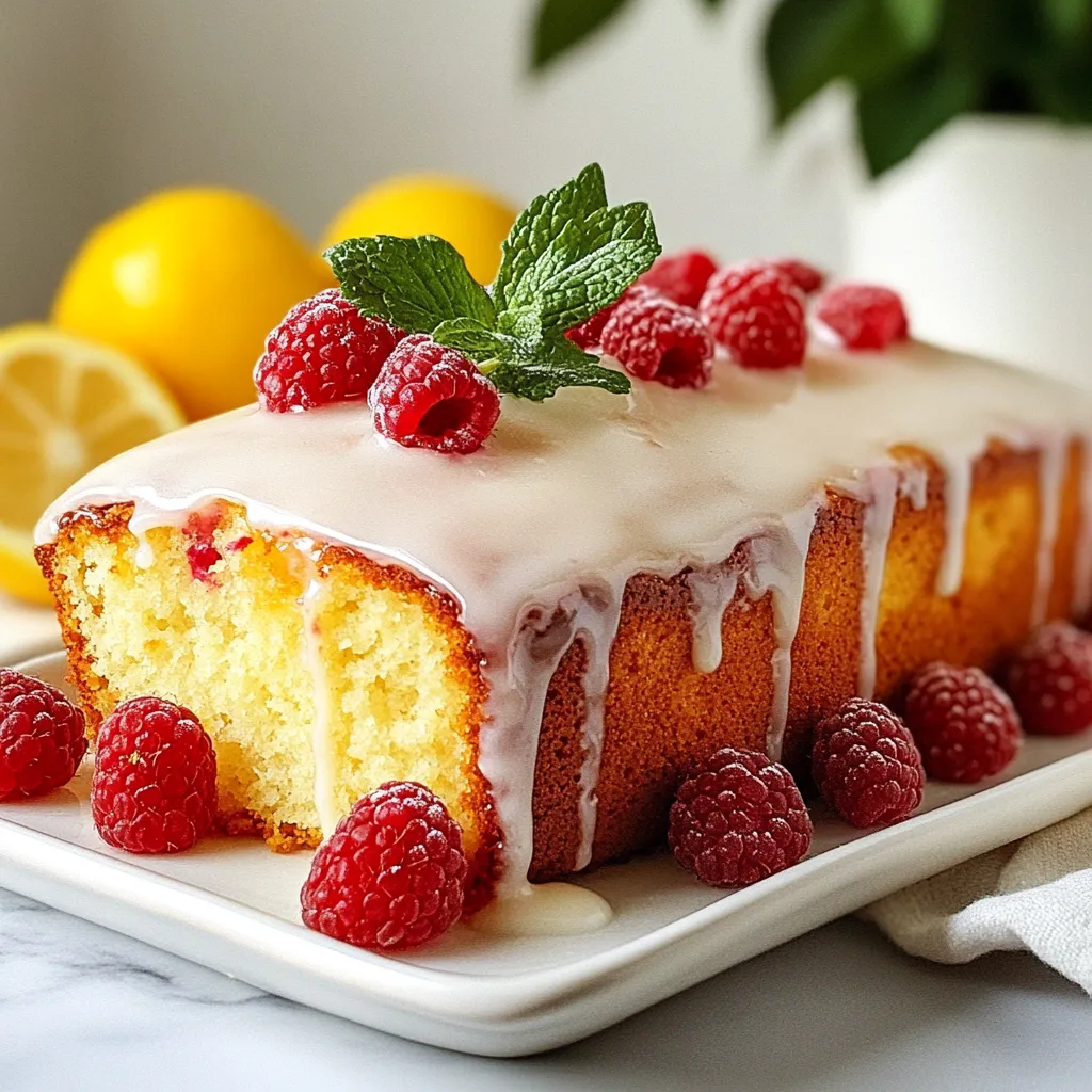 - 1 ½ cups all-purpose flour - 1 teaspoon baking powder - ½ teaspoon baking soda - ¼ teaspoon salt - ½ cup unsalted butter, softened - 1 cup granulated sugar - 2 large eggs - 2 tablespoons lemon zest - ½ cup fresh lemon juice - ½ cup Greek yogurt - 1 cup fresh raspberries - ½ teaspoon vanilla extract - ¼ cup powdered sugar (for glaze) - 1 tablespoon lemon juice (for glaze) Raspberry lemon loaf cake brings bright flavors to your kitchen. You need some key ingredients. This cake uses simple items you can find at any grocery store. Let’s go through the main ingredients: 1. Flour: It forms the base. All-purpose flour works well. 2. Baking powder and baking soda: These help the cake rise. They create a light texture. 3. Salt: A pinch of salt balances the sweetness. 4. Unsalted butter: Softened butter adds richness. It’s best to use room temperature butter for mixing. 5. Sugar: Granulated sugar gives sweetness and helps the cake brown. 6. Eggs: They provide structure and moisture. 7. Lemon zest and lemon juice: They add a fresh, zesty flavor. Lemon zest makes it bright, while lemon juice gives it a nice tang. 8. Greek yogurt: This keeps the cake moist and adds a little creaminess. 9. Fresh raspberries: They bring sweetness and a pop of color. Use fresh ones for the best flavor. 10. Vanilla extract: It adds a warm note to the cake. 11. Powdered sugar: This is used for the glaze, giving it a sweet finish. 12. More lemon juice: Just a little is needed for the glaze. These ingredients come together to create a fresh and flavorful cake. With these simple items, you can bake something amazing. Enjoy the process and get ready for a treat! {{ingredient_image_1}} 1. Preheat your oven to 350°F (175°C). This ensures even baking. 2. Grease a 9x5-inch loaf pan. Line the bottom with parchment paper to help with removal. 3. In a medium bowl, whisk together the flour, baking powder, baking soda, and salt. Set this aside. 4. In a large mixing bowl, beat the softened butter and granulated sugar. Do this until the mixture is light and fluffy. It should take about 3-4 minutes. 1. Add the eggs one at a time. Mix well after each addition to blend everything smoothly. 2. Mix in the lemon zest and fresh lemon juice until fully combined. This adds a fresh zing to your cake! 3. Now, alternate adding the dry ingredients and Greek yogurt. Start and end with the flour mixture. Mix until just combined. You want the batter to be smooth but not over-mixed. 4. Gently fold in the fresh raspberries. Be careful not to break them too much. This keeps them whole and juicy in the cake. 1. Pour the batter into your prepared loaf pan. Use a spatula to smooth the top. 2. Bake in the preheated oven for 50-60 minutes. To check for doneness, insert a toothpick into the center. It should come out clean when the cake is ready. 3. Once done, remove the cake from the oven. Let it cool in the pan for about 10 minutes. After that, transfer the cake to a wire rack to cool completely. 4. For the glaze, whisk together powdered sugar and lemon juice in a small bowl. Drizzle this over the cooled cake before serving. Enjoy every bite! Using room temperature ingredients helps the batter mix well. When the butter and eggs are warm, they blend smoothly. This makes the cake light and fluffy. Always remember to avoid over-mixing the batter. Over-mixing can lead to a tough cake. Mix until just combined for the best texture. Lemon zest adds a bright, fresh taste. You can use more zest for a stronger lemon flavor. If you prefer a milder taste, reduce the lemon zest. When it comes to raspberries, fresh is best. Frozen raspberries work too, but thaw and drain them first. This ensures the batter stays light. Garnishing the cake makes it look special. Dust the top with powdered sugar for a snowy finish. Add a few fresh raspberries and a sprig of mint for color. Serve with tea or coffee for a delightful treat. A nice plate can elevate the cake even more. Enjoy your Raspberry Lemon Loaf Cake with friends and family! Pro Tips Use Fresh Raspberries: For the best flavor and texture, opt for fresh raspberries instead of frozen ones. If using frozen, make sure to thaw and drain them well to avoid excess moisture in the batter. Don’t Overmix the Batter: When incorporating the dry ingredients and yogurt, mix just until combined. Overmixing can lead to a dense loaf cake. Check for Doneness: Ovens can vary, so start checking the cake for doneness at the 50-minute mark. A toothpick inserted into the center should come out clean. Cool Completely Before Glazing: Allow the cake to cool completely on a wire rack before adding the glaze. This will prevent the glaze from melting and ensure a beautiful finish. {{image_2}} To make this loaf cake gluten-free, you can use almond flour or a gluten-free blend. Both options work well. If you choose almond flour, you may need to add an extra egg to help bind the cake. For a blend, check that it contains xanthan gum for the right texture. You should also add a bit more Greek yogurt. This keeps the cake moist and fluffy. For a vegan loaf cake, replace the eggs with flax eggs. To make one flax egg, mix one tablespoon of ground flaxseed with three tablespoons of water. Let it sit for five minutes until it thickens. Swap out the butter for coconut oil or vegan butter. Use coconut yogurt or a dairy-free yogurt to maintain the creamy texture. This version still tastes great and remains moist. You can switch things up by adding different fruits. Blueberries or strawberries can replace raspberries for a new twist. You can also try using lime or orange instead of lemon. This adds a unique flavor to the cake. Experimenting with flavors makes baking fun and lets you create your own signature loaf. To keep your Raspberry Lemon Loaf Cake fresh, let it cool completely. Then, wrap it tightly in plastic wrap. This helps keep moisture in and prevents it from drying out. Store the cake at room temperature in a cool area, away from direct sunlight. You can also place it in an airtight container. This way, it stays soft and tasty for a few days. If you want to save the cake for later, freezing is a great option. First, let the loaf cool down. Wrap it well in plastic wrap, then place it in a freezer bag. Be sure to remove as much air as possible. The cake can last in the freezer for up to three months. When you are ready to enjoy it, take it out and let it thaw at room temperature. For a warm treat, you can reheat it in the oven at a low temperature for about 10 minutes. At room temperature, the Raspberry Lemon Loaf Cake stays fresh for about three days. If you store it in the fridge, it can last up to a week. Keeping it chilled helps it maintain its flavor and texture longer. Always check for signs of spoilage, like mold or an off smell, before eating. What can I substitute for Greek yogurt? You can use sour cream or buttermilk as a substitute. Both options keep the cake moist. I prefer sour cream for a rich flavor. How do I know when the cake is done baking? Insert a toothpick into the center. If it comes out clean, the cake is done. If it has batter on it, bake a little longer. Can I use frozen raspberries in the recipe? Yes, frozen raspberries work well. Just thaw and drain them before adding. This keeps the batter from getting too watery. How can I make this cake less sweet? You can reduce the sugar by a third. You can also add more lemon juice for balance. This makes a nice tart flavor that I enjoy. What are some alternatives to raspberries? Blackberries or blueberries are great swaps. You can also use chopped strawberries for a different taste. Each fruit brings its own charm to the cake. What beverages pair well with Raspberry Lemon Loaf Cake? Tea is a wonderful choice, especially herbal or green. You can also serve it with coffee for a great start to the day. Lemonade makes a fun, refreshing pairing too. Can this cake be served warm or should it be chilled? You can serve it warm or chilled. Warm cake offers a cozy feel, while chilled cake is refreshing. Try both to see what you like best! In this post, we explored how to make a Raspberry Lemon Loaf Cake. We discussed the needed ingredients, step-by-step instructions, and helpful tips. The article also covered variations, storage advice, and answered common questions. Baking is fun, and this cake is sure to impress anyone. Try it out, share it with friends, and enjoy the fresh flavors. Happy baking!