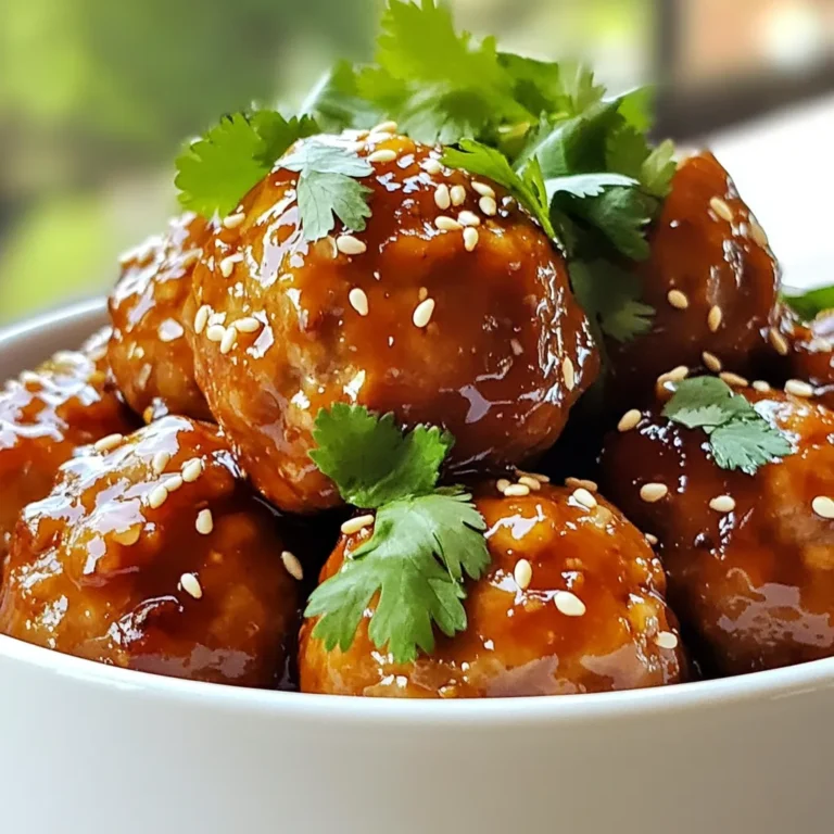 For Teriyaki Turkey Meatballs, you will need these key ingredients: - 1 lb ground turkey - 1/4 cup breadcrumbs - 1/4 cup green onions, finely chopped - 1 egg, beaten - 2 cloves garlic, minced - 1 tablespoon ginger, grated - 1/4 cup low-sodium soy sauce - 1/4 cup honey - 1 tablespoon sesame oil - 1 tablespoon rice vinegar - 1 tablespoon cornstarch mixed with 2 tablespoons water - Sesame seeds for garnish - Fresh cilantro for garnish You can add some optional ingredients to make your meatballs unique: - Chopped bell peppers for extra crunch - Red pepper flakes for heat - Pineapple chunks for sweetness - Chopped nuts for texture Feel free to mix and match these extras based on your taste! These meatballs are a healthy choice. Here’s a quick look at the nutrition: - Each serving (about 4 meatballs) has around 250 calories. - They provide about 25g of protein, which helps with muscle growth. - Low sodium soy sauce keeps the salt content down. - Honey adds natural sweetness, replacing refined sugar. These meatballs fit well in a balanced diet. Enjoy the flavors and the health benefits! {{ingredient_image_1}} First, set your oven to 400°F (200°C). This step ensures the meatballs bake evenly. Next, line a baking sheet with parchment paper. This makes cleanup easy and helps prevent sticking. In a large bowl, combine the following: - 1 lb ground turkey - 1/4 cup breadcrumbs - 1/4 cup green onions, finely chopped - 1 egg, beaten - 2 cloves garlic, minced - 1 tablespoon ginger, grated Mix these ingredients gently. You want them combined but don’t overwork the meat. This keeps the meatballs tender. Now, take a small amount of the mixture. Shape it into a meatball about 1 inch in diameter. Place each meatball on the prepared baking sheet. Space them out to allow for even baking. Bake the meatballs for 20-25 minutes. They should be golden brown and cooked through. To check, use a meat thermometer. The inside should reach 165°F (74°C) for safe eating. While the meatballs bake, make the teriyaki sauce. In a small saucepan, mix: - 1/4 cup low-sodium soy sauce - 1/4 cup honey - 1 tablespoon sesame oil - 1 tablespoon rice vinegar Add fresh grated ginger for extra flavor if you like. Heat the mixture until it simmers gently. Once the meatballs are done, move them to a large bowl. Pour the teriyaki sauce over the meatballs. Gently toss them to coat evenly. Serve them hot, garnished with sesame seeds and fresh cilantro. Enjoy! To make juicy meatballs, start with ground turkey that has some fat. Use meat that is 85% lean or less. This fat adds moisture and flavor. Mix your ingredients gently. Overworking the meat can make it tough. Use a light touch when forming the meatballs. Aim for about 1 inch in size. This helps them cook evenly and stay juicy. If you want to switch things up, there are great options. For the breadcrumbs, try using crushed crackers or panko. They add a nice crunch to your meatballs. You can swap the ground turkey for ground chicken or beef. They work well in this recipe. If you’re short on green onions, finely chopped onion or chives can work too. Feel free to adjust the soy sauce for a gluten-free version. Use tamari or coconut aminos instead. To keep meatballs from drying out, avoid overcooking them. Check for doneness at 20 minutes. Use a meat thermometer; they should reach 165°F (74°C). Basting them in teriyaki sauce after baking helps keep them moist. You can also cover them with foil while baking to trap steam. Finally, don’t skip the sauce! It adds flavor and moisture, making each bite delicious. Pro Tips Use Fresh Ingredients: Opt for fresh garlic and ginger for a more vibrant flavor in your meatballs and sauce. Don’t Overmix: When mixing the meatball ingredients, be careful not to overmix. This can lead to tough meatballs. Check for Doneness: Use a meat thermometer to ensure your turkey meatballs reach an internal temperature of 165°F (74°C). Customize the Sauce: Feel free to adjust the sweetness of the teriyaki sauce by adding more or less honey according to your taste. {{image_2}} You can switch out ground turkey for other proteins. Ground chicken is a great option. It has a similar taste and texture. You can also try lean beef or pork for a richer flavor. For a healthier choice, use ground bison. It’s low in fat and high in protein. If you want a vegetarian or vegan version, use plant-based ground meat. Brands like Beyond Meat or Impossible Foods work well. You can also make meatballs using lentils. Cooked lentils mixed with breadcrumbs can create a great base. Add some spices to boost the flavor. While teriyaki sauce is classic, you can get creative. Try a sweet and spicy sauce for a kick. Mix soy sauce with sriracha for some heat. A hoisin sauce can add a sweet touch as well. If you want a tangy flavor, use a barbecue sauce. Each sauce will change the dish’s taste, so have fun experimenting! Store leftover meatballs in an airtight container. Place them in the fridge right away. They stay fresh for up to three days. If you want to keep them longer, freezing is a great option. Just make sure they cool down before you store them. To freeze meatballs, first let them cool completely. Arrange them on a baking sheet in a single layer. This helps them freeze without sticking together. Freeze for about an hour, then transfer them to a freezer-safe bag. Label the bag with the date. They will last up to three months in the freezer. Reheat frozen meatballs in the oven for best results. Preheat your oven to 350°F (175°C). Place the meatballs on a baking sheet and cover them with foil. Heat for about 15-20 minutes, or until warmed through. You can also reheat them in the microwave. Just place them in a microwave-safe dish and heat in short bursts. Add a splash of water for moisture. Yes, you can make Teriyaki Turkey Meatballs ahead of time. Prepare the meatballs and store them in the fridge. They stay fresh for up to 24 hours. You can also freeze them. Just freeze the uncooked meatballs on a baking sheet. Once frozen, place them in a bag. They will last for three months. When ready to cook, bake them straight from the freezer. Add a few extra minutes to the cooking time. You have many options to serve with Teriyaki Turkey Meatballs. Here are a few great ideas: - Steamed rice - Quinoa - Noodles - Stir-fried vegetables - Salad with a light dressing These sides pair well with the sweet and savory flavors of the meatballs. You can also serve them as appetizers with toothpicks for easy eating. To check if the meatballs are cooked through, use a meat thermometer. The internal temperature should reach 165°F (74°C). If you don’t have a thermometer, cut one meatball in half. The inside should no longer be pink, and the juices should run clear. This ensures they are safe to eat and full of flavor. In this blog post, we covered how to make delicious teriyaki turkey meatballs. We explored key ingredients, step-by-step baking instructions, and valuable tips for juicy results. I shared storage ideas and various options for customization to fit your taste. You can create a satisfying meal using easy methods. With a little practice, your meatballs will impress everyone. Enjoy cooking and making these tasty treats!