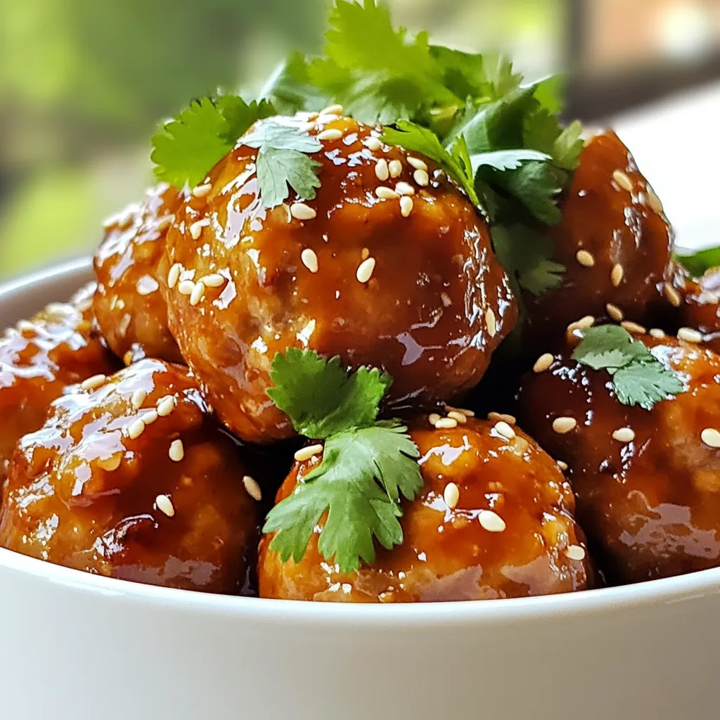 For Teriyaki Turkey Meatballs, you will need these key ingredients: - 1 lb ground turkey - 1/4 cup breadcrumbs - 1/4 cup green onions, finely chopped - 1 egg, beaten - 2 cloves garlic, minced - 1 tablespoon ginger, grated - 1/4 cup low-sodium soy sauce - 1/4 cup honey - 1 tablespoon sesame oil - 1 tablespoon rice vinegar - 1 tablespoon cornstarch mixed with 2 tablespoons water - Sesame seeds for garnish - Fresh cilantro for garnish You can add some optional ingredients to make your meatballs unique: - Chopped bell peppers for extra crunch - Red pepper flakes for heat - Pineapple chunks for sweetness - Chopped nuts for texture Feel free to mix and match these extras based on your taste! These meatballs are a healthy choice. Here’s a quick look at the nutrition: - Each serving (about 4 meatballs) has around 250 calories. - They provide about 25g of protein, which helps with muscle growth. - Low sodium soy sauce keeps the salt content down. - Honey adds natural sweetness, replacing refined sugar. These meatballs fit well in a balanced diet. Enjoy the flavors and the health benefits! {{ingredient_image_1}} First, set your oven to 400°F (200°C). This step ensures the meatballs bake evenly. Next, line a baking sheet with parchment paper. This makes cleanup easy and helps prevent sticking. In a large bowl, combine the following: - 1 lb ground turkey - 1/4 cup breadcrumbs - 1/4 cup green onions, finely chopped - 1 egg, beaten - 2 cloves garlic, minced - 1 tablespoon ginger, grated Mix these ingredients gently. You want them combined but don’t overwork the meat. This keeps the meatballs tender. Now, take a small amount of the mixture. Shape it into a meatball about 1 inch in diameter. Place each meatball on the prepared baking sheet. Space them out to allow for even baking. Bake the meatballs for 20-25 minutes. They should be golden brown and cooked through. To check, use a meat thermometer. The inside should reach 165°F (74°C) for safe eating. While the meatballs bake, make the teriyaki sauce. In a small saucepan, mix: - 1/4 cup low-sodium soy sauce - 1/4 cup honey - 1 tablespoon sesame oil - 1 tablespoon rice vinegar Add fresh grated ginger for extra flavor if you like. Heat the mixture until it simmers gently. Once the meatballs are done, move them to a large bowl. Pour the teriyaki sauce over the meatballs. Gently toss them to coat evenly. Serve them hot, garnished with sesame seeds and fresh cilantro. Enjoy! To make juicy meatballs, start with ground turkey that has some fat. Use meat that is 85% lean or less. This fat adds moisture and flavor. Mix your ingredients gently. Overworking the meat can make it tough. Use a light touch when forming the meatballs. Aim for about 1 inch in size. This helps them cook evenly and stay juicy. If you want to switch things up, there are great options. For the breadcrumbs, try using crushed crackers or panko. They add a nice crunch to your meatballs. You can swap the ground turkey for ground chicken or beef. They work well in this recipe. If you’re short on green onions, finely chopped onion or chives can work too. Feel free to adjust the soy sauce for a gluten-free version. Use tamari or coconut aminos instead. To keep meatballs from drying out, avoid overcooking them. Check for doneness at 20 minutes. Use a meat thermometer; they should reach 165°F (74°C). Basting them in teriyaki sauce after baking helps keep them moist. You can also cover them with foil while baking to trap steam. Finally, don’t skip the sauce! It adds flavor and moisture, making each bite delicious. Pro Tips Use Fresh Ingredients: Opt for fresh garlic and ginger for a more vibrant flavor in your meatballs and sauce. Don’t Overmix: When mixing the meatball ingredients, be careful not to overmix. This can lead to tough meatballs. Check for Doneness: Use a meat thermometer to ensure your turkey meatballs reach an internal temperature of 165°F (74°C). Customize the Sauce: Feel free to adjust the sweetness of the teriyaki sauce by adding more or less honey according to your taste. {{image_2}} You can switch out ground turkey for other proteins. Ground chicken is a great option. It has a similar taste and texture. You can also try lean beef or pork for a richer flavor. For a healthier choice, use ground bison. It’s low in fat and high in protein. If you want a vegetarian or vegan version, use plant-based ground meat. Brands like Beyond Meat or Impossible Foods work well. You can also make meatballs using lentils. Cooked lentils mixed with breadcrumbs can create a great base. Add some spices to boost the flavor. While teriyaki sauce is classic, you can get creative. Try a sweet and spicy sauce for a kick. Mix soy sauce with sriracha for some heat. A hoisin sauce can add a sweet touch as well. If you want a tangy flavor, use a barbecue sauce. Each sauce will change the dish’s taste, so have fun experimenting! Store leftover meatballs in an airtight container. Place them in the fridge right away. They stay fresh for up to three days. If you want to keep them longer, freezing is a great option. Just make sure they cool down before you store them. To freeze meatballs, first let them cool completely. Arrange them on a baking sheet in a single layer. This helps them freeze without sticking together. Freeze for about an hour, then transfer them to a freezer-safe bag. Label the bag with the date. They will last up to three months in the freezer. Reheat frozen meatballs in the oven for best results. Preheat your oven to 350°F (175°C). Place the meatballs on a baking sheet and cover them with foil. Heat for about 15-20 minutes, or until warmed through. You can also reheat them in the microwave. Just place them in a microwave-safe dish and heat in short bursts. Add a splash of water for moisture. Yes, you can make Teriyaki Turkey Meatballs ahead of time. Prepare the meatballs and store them in the fridge. They stay fresh for up to 24 hours. You can also freeze them. Just freeze the uncooked meatballs on a baking sheet. Once frozen, place them in a bag. They will last for three months. When ready to cook, bake them straight from the freezer. Add a few extra minutes to the cooking time. You have many options to serve with Teriyaki Turkey Meatballs. Here are a few great ideas: - Steamed rice - Quinoa - Noodles - Stir-fried vegetables - Salad with a light dressing These sides pair well with the sweet and savory flavors of the meatballs. You can also serve them as appetizers with toothpicks for easy eating. To check if the meatballs are cooked through, use a meat thermometer. The internal temperature should reach 165°F (74°C). If you don’t have a thermometer, cut one meatball in half. The inside should no longer be pink, and the juices should run clear. This ensures they are safe to eat and full of flavor. In this blog post, we covered how to make delicious teriyaki turkey meatballs. We explored key ingredients, step-by-step baking instructions, and valuable tips for juicy results. I shared storage ideas and various options for customization to fit your taste. You can create a satisfying meal using easy methods. With a little practice, your meatballs will impress everyone. Enjoy cooking and making these tasty treats!