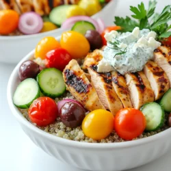 - 2 boneless, skinless chicken breasts - 1 tablespoon olive oil - 2 teaspoons dried oregano - 1 teaspoon garlic powder - 1 teaspoon onion powder - Salt and pepper to taste - 1 cup cooked quinoa or rice - 1 cup cherry tomatoes, halved - 1 cucumber, diced - 1/2 red onion, thinly sliced - 1/2 cup Kalamata olives, pitted and halved For this recipe, I love using boneless chicken breasts. They are easy to cook and soak up flavors well. A simple marinade with olive oil, oregano, garlic, and onion makes the chicken tasty. I add salt and pepper to bring it all together. Fresh vegetables add color and crunch. I like cherry tomatoes for their sweetness. Diced cucumbers give a refreshing bite. Thinly sliced red onion adds a sharp flavor, while Kalamata olives provide a nice briny touch. - 1 cup Greek yogurt - 1 tablespoon lemon juice - 1 tablespoon fresh dill, chopped - Salt and pepper The tzatziki sauce is key to this dish. I use Greek yogurt as a base. It gives a creamy texture and tangy taste. A splash of lemon juice brightens the flavor. Fresh dill adds a herbal note. I season it with salt and pepper for balance. - 1 cup cooked quinoa or rice - Feta cheese, for topping - Fresh parsley, for garnish To serve, I start with a base of quinoa or rice. It makes the bowl hearty and filling. Then, I top it with the grilled chicken and fresh veggies. A drizzle of tzatziki sauce brings it all together. Finally, I sprinkle feta cheese and fresh parsley for extra flavor and color. To start, you need to make a simple marinade. Combine the following ingredients in a bowl: - 1 tablespoon olive oil - 2 teaspoons dried oregano - 1 teaspoon garlic powder - 1 teaspoon onion powder - Salt and pepper to taste Add the chicken breasts to the bowl. Coat them well in the marinade. Cover the bowl and let it sit in the fridge for at least 30 minutes. This time helps the chicken soak in all those tasty flavors. You can cook the chicken on a grill or in a skillet. I recommend preheating your grill or skillet over medium-high heat. Cook the marinated chicken for about 6-7 minutes on each side. Make sure the juices run clear to know it's done. After cooking, let the chicken rest for a few minutes. Then, slice it into strips. Next, it's time for the tzatziki sauce. In a bowl, mix together: - 1 cup Greek yogurt - 1 tablespoon lemon juice - 1 tablespoon fresh dill, chopped - Salt and pepper to taste Mix well, and taste it. You can adjust the flavor as needed. If you want it zestier, add more lemon juice. Set it aside for now. Now, let’s put it all together. Start with a base of cooked quinoa or rice in each bowl. Then, add the sliced grilled chicken on top. Next, add: - 1 cup cherry tomatoes, halved - 1 cucumber, diced - 1/2 red onion, thinly sliced - 1/2 cup Kalamata olives, pitted and halved Layering these ingredients looks great and adds flavor. To finish, drizzle the tzatziki sauce over each bowl. Crumble feta cheese on top and sprinkle with fresh parsley for a pop of color. You can serve these bowls right away. They also make a great meal for lunch or dinner. If you want a drink, a light lemon soda pairs well with the flavors. Enjoy! To make your chicken juicy, marinate it for at least 30 minutes. Use olive oil, oregano, garlic powder, onion powder, salt, and pepper for great flavor. Cook the chicken over medium-high heat for about 6-7 minutes on each side. Always check the juices; they should run clear. For leftovers, store the chicken in an airtight container in the fridge. It stays fresh for up to three days. You can switch up the tzatziki sauce for different flavors. Try adding mint or basil for a fresh twist. For a thicker sauce, strain the yogurt before mixing. If you like it tangy, add more lemon juice. Adjust the salt and pepper to your taste. You can even add diced cucumbers for extra crunch. Meal prep your Greek Chicken Gyro Bowls for easy lunches. Cook a big batch of quinoa or rice and store it in the fridge. Slice your veggies ahead of time. When packing for lunch, layer the sauce on top to prevent sogginess. Use mason jars or bento boxes for easy transport and a nice presentation. {{image_2}} You can switch up the chicken for other meats. Try lamb or beef for a rich taste. For a lighter option, use turkey. If you prefer plant-based meals, tofu or tempeh work well. Just remember to marinate them like the chicken to add flavor. Cooking times may change with different proteins. Always ensure they are cooked to the right temperature. While quinoa and rice are great, you can also use couscous or farro. They add unique textures and flavors. For a low-carb choice, cauliflower rice is excellent. Sweet potatoes make a filling base too. Each base gives a different twist to your bowl, so feel free to mix and match. You can add more veggies for crunch and color. Try bell peppers, radishes, or shredded carrots. Avocado adds creaminess and healthy fats. For extra flavor, mix in pickled onions or jalapeños. Experiment with sauces too! Hummus or tahini can replace tzatziki for a different taste. A drizzle of hot sauce gives a kick. To store leftover Greek Chicken Gyro Bowls, let them cool first. Place the food in an airtight container. Glass or plastic containers work best. This keeps the flavors fresh. Store it in the fridge for up to three days. You can freeze the chicken and tzatziki sauce separately. Wrap the chicken in plastic wrap, then put it in a freezer bag. For the tzatziki, use a container that seals tightly. To reheat, thaw the chicken overnight in the fridge. Heat it in a pan until warm. Tzatziki can be served cold directly from the fridge. Refrigerated leftovers last about three days. Frozen chicken stays good for up to three months. Look for signs of spoilage. If the chicken smells off or has a strange color, it’s best to discard it. Tzatziki should be creamy and smell fresh. If it becomes watery or sour, throw it out. You should marinate the chicken for at least 30 minutes. This time helps the chicken soak up all the flavors. If you have more time, marinating for 2 hours or overnight works great too. The longer it sits, the better it tastes. Yes, you can! Use chickpeas or grilled vegetables instead of chicken. These options keep the dish tasty and filling. You can also try halloumi cheese for a unique twist. Just remember to season them well. You can serve Greek chicken gyro bowls with a side of pita bread. A light salad or roasted veggies are also great options. For drinks, try serving it with lemon water or a crisp white wine. These pairings enhance the bright flavors of the dish. Store the tzatziki sauce in an airtight container. It will stay fresh for up to 3 days in the fridge. If you notice any excess water, just drain it off before serving. This keeps the sauce thick and creamy. Yes, you can prep this dish ahead! Marinate the chicken and make the tzatziki sauce the night before. Store everything separately in the fridge. When you're ready to eat, just cook the chicken and assemble your bowls. This makes meal time easy and quick! This blog post covered how to make delicious Greek chicken gyro bowls. I shared key ingredients, including chicken, tzatziki sauce, and fresh veggies. I explained step-by-step instructions to marinate, cook, and assemble the bowls. You learned tips to perfect your chicken and make tasty tzatziki variations. Remember, you can explore different proteins and bases for unique flavors. With proper storage, your leftovers can last and stay fresh. Enjoy creating this dish and impress your friends and family with your cooking skills!