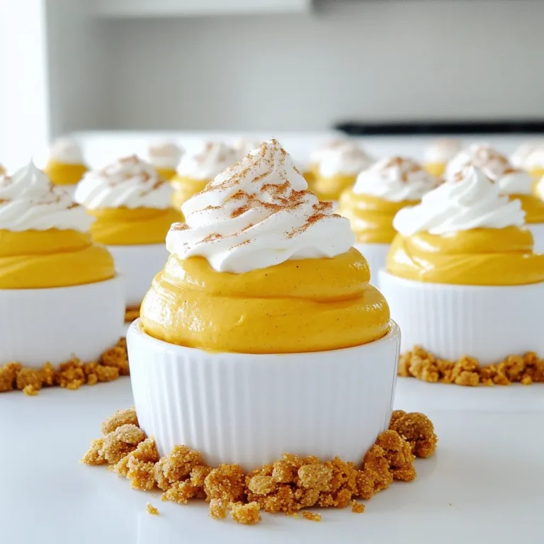 - 1 cup pumpkin puree - 1 cup heavy whipping cream - 1/2 cup cream cheese, softened To create your no bake pumpkin mousse cups, you need a few key ingredients. First, pumpkin puree adds that rich, warm flavor. Heavy whipping cream gives the mousse its light and airy texture. Cream cheese adds a nice creaminess that balances the dish. - 1/2 cup powdered sugar - 1 teaspoon vanilla extract - 1 teaspoon pumpkin spice Next, we add some sweetness and flavor. Powdered sugar sweetens the mousse without making it grainy. Vanilla extract gives a nice touch of warmth. Pumpkin spice brings all the cozy fall flavors together in one bite. - Crushed ginger snaps or graham crackers - Whipped cream - Cinnamon for garnish Finally, think about toppings. Crushed ginger snaps or graham crackers create a crunchy layer. Whipped cream on top adds a light finish. A sprinkle of cinnamon gives it that extra festive touch. These layers make the mousse cups not just tasty, but also fun to eat! Mixing Cream Cheese and Sugar Start with a large bowl. Add the softened cream cheese and powdered sugar. Use an electric mixer to beat them together. Mix until the mixture is smooth and creamy. Adding Pumpkin and Spices Next, add the pumpkin puree, vanilla extract, pumpkin spice, and a pinch of salt. Mix all these ingredients until they blend well. The mixture should be thick and even. This step creates the tasty base for your mousse. How to Achieve Stiff Peaks In another bowl, pour the heavy whipping cream. Beat the cream with an electric mixer. Keep mixing until you see stiff peaks form. This means the cream holds its shape well. It adds a light texture to your mousse. Folding Techniques to Keep Air in the Mixture Now, take the whipped cream and gently fold it into the pumpkin mixture. Use a spatula for this. Be careful not to stir too hard. You want to keep the air in the whipped cream. This air gives the mousse its fluffy texture. Layering the Ingredients Start layering in your cups. First, add a layer of crushed ginger snaps or graham crackers at the bottom. Then, spoon a layer of the pumpkin mousse over the cookies. Fill the cups halfway. Proper Chilling Time for Best Results Add another layer of crushed cookies, then top with more pumpkin mousse. Fill the cups to the rim. Place the cups in the fridge for at least two hours. Chilling helps the mousse set properly, making it easier to serve. - Mixing Guidelines for Smooth Texture: Start with soft cream cheese. This makes mixing easier. Use an electric mixer to blend the cream cheese and powdered sugar. Mix until it feels creamy. When you add pumpkin puree, mix until it looks smooth. Be gentle when you fold in the whipped cream. This keeps air in the mousse for a light texture. - Chilling Recommendations: After you layer the mousse into cups, cover them with plastic wrap. Chill them for at least 2 hours. This helps the mousse set well. If you chill it longer, the flavors get better. Just remember to serve it cold. - Garnishing Ideas for Presentation: Top each mousse cup with a swirl of whipped cream. A sprinkle of cinnamon adds flavor and looks nice. You can also add a piece of ginger snap on top. This gives a fun crunch and a pop of color. - Pairing Mousse Cups with Other Desserts: These mousse cups are great with coffee or tea. You can serve them alongside a slice of pie or a cookie plate. The creamy mousse complements crispy treats very well. - Recommended Mixing Bowls and Utensils: Use a large mixing bowl for the cream cheese mixture. A medium bowl works well for whipping cream. A rubber spatula is perfect for folding the cream into the pumpkin mix. This tool helps keep the mixture light and airy. - Optional Tools for Quick Assembly: If you have a piping bag, use it to fill the cups neatly. This makes the layers look pretty. A whisk is also handy for mixing the cream and for folding. If you want, a hand mixer speeds up prep time. {{image_2}} For those who need dairy-free options, coconut cream works great. It adds a rich flavor while keeping the dish light. Simply replace the heavy whipping cream with coconut cream. Chill it well before whipping for the best texture. You can also use dairy-free cream cheese for a fully dairy-free dessert. If you want to cut down on sugar, try sugar-free sweeteners. Options like erythritol or stevia can blend smoothly into the mousse. Adjust the amount based on your taste. This way, you can enjoy a guilt-free treat without losing flavor. You can add chocolate or caramel swirls to the mousse for a fun twist. Just drizzle melted chocolate or caramel on top before serving. Use a toothpick to create pretty patterns. This adds depth and richness to the pumpkin flavor. Another option is to incorporate spices like nutmeg or clove. These spices pair well with pumpkin and enhance its warmth. Just a pinch will do. You can mix these spices into the pumpkin puree for extra flavor. Your mousse cups can shine with different serving options. Try using mini mason jars, shot glasses, or even decorative bowls. Each option gives a unique look. You can even personalize them with fun labels or tags. Layering with different cookies adds texture and flavor. Instead of ginger snaps, use crushed Oreos or vanilla wafers. Each cookie brings its own charm, making each cup special. Mix and match to find your favorite combination! How long do mousse cups last in the fridge? The mousse cups stay fresh for about 3 days. Store them in an airtight container to keep them safe from odors and moisture. Best practices for keeping mousse tasting fresh include always covering the cups tightly. If you notice any water forming on the lid, that can change the texture. You want your mousse to stay creamy and light. Can you freeze pumpkin mousse? Yes, you can freeze it for about a month. However, the texture might change a bit after thawing. Tips for thawing and serving include moving the mousse to the fridge a day before you want to eat it. Avoid microwaving it, as that can ruin its light and airy feel. What can you do with leftover mousse? You can fold it into pancakes or spread it on toast for a sweet treat. It also works well as a filling for cupcakes or layer cakes. Creative serving suggestions for day-old mousse include topping it with fresh fruit or using it as a dip for cookies. This way, you can enjoy it in new and fun ways! Yes, you can use fresh pumpkin. Fresh pumpkin gives a great taste. You will need to cook it first. Cut the pumpkin, remove the seeds, and bake it until soft. After that, mash it well to get a smooth puree. The challenge is that it takes more time. Canned pumpkin is ready to use, making it quick and easy. Fresh pumpkin may have a lighter flavor. If you love the taste of fresh, give it a try! You can make this recipe a day in advance. Start by making the pumpkin mousse. Once prepared, store it in the fridge in airtight containers. You can layer the mousse cups before serving. Just keep the layers separate until you're ready. This way, the cookies stay crunchy. If you want, you can also whip the cream ahead. Just fold it in just before serving to keep it fluffy. If you need a substitute, try coconut cream. It gives a rich and creamy texture. You can also use almond milk mixed with coconut oil. For a lower fat option, choose Greek yogurt. It adds creaminess but will change the taste. Each option works well, so pick what fits your needs best. This blog post covered all you need for making a delicious pumpkin mousse. We looked at main ingredients, flavor boosters, and tasty toppings. You learned step-by-step instructions to create the perfect dessert. The tips and variations helped you adapt the recipe to your needs. Remember to chill your mousse properly for the best taste. I hope this guide inspires your next dessert and brings joy to your kitchen. Enjoy every bite of your mouth-watering creation!