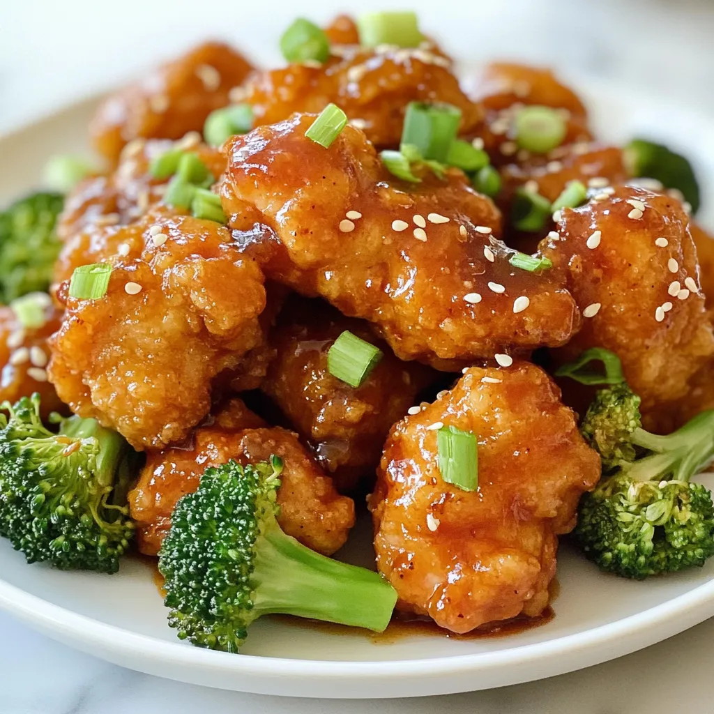 To create General Tso's Chicken, you need the following ingredients: - 1 pound boneless, skinless chicken thighs, cut into bite-sized pieces - 1 cup all-purpose flour - 2 eggs, beaten - 1 cup cornstarch - 1/2 cup vegetable oil, for frying - 3 cloves garlic, minced - 1 tablespoon ginger, minced - 1 cup broccoli florets - 1/4 cup soy sauce - 1/4 cup chicken broth - 3 tablespoons sugar - 2 tablespoons rice vinegar - 1 tablespoon sesame oil - 2 teaspoons cornstarch mixed with 2 tablespoons water (for thickening) - 2 green onions, chopped (for garnish) - Sesame seeds (optional, for garnish) For extra flavor and a nice look, you can add these garnishes: - Chopped green onions - Sesame seeds These add color and taste to your dish. Use them to impress your guests! If you need to change some ingredients, here are some options: - Use chicken breast instead of thighs for less fat. - Swap soy sauce with tamari for a gluten-free option. - Replace sugar with honey or maple syrup for a different sweetness. These swaps can help you tailor the dish to your needs while keeping it tasty! {{ingredient_image_1}} Start by marinating the chicken. Use half of the soy sauce and let it sit for 30 minutes. This helps to add flavor. While the chicken marinates, set up your dredging station. You need three bowls: one with flour, one with beaten eggs, and one with cornstarch. This will help your chicken get crispy. Next, take each marinated piece of chicken. First, coat it in flour. Then, dip it into the egg. Finally, cover it with cornstarch. Make sure each piece is well-coated for the best crunch. Heat your vegetable oil in a large skillet or wok over medium-high heat. Once it's hot, add the chicken pieces in batches. Fry them until they are golden brown and crispy, which takes about 5 to 7 minutes. Make sure to drain the fried chicken on paper towels to remove excess oil. In the same skillet, add the minced garlic and ginger. Sauté them for about 30 seconds. This will make your kitchen smell great! Then, toss in the broccoli florets and stir-fry for 2 to 3 minutes. You want them bright green and tender but still crisp. In a bowl, mix the remaining soy sauce, chicken broth, sugar, rice vinegar, and sesame oil. Pour this sauce into your skillet with the garlic, ginger, and broccoli. Bring the sauce to a gentle simmer. Then, mix the cornstarch with water and add it to the skillet. Stir until the sauce thickens and coats the back of a spoon. Now, return the fried chicken to the skillet. Toss everything together so the chicken is coated in sauce. Finally, remove your skillet from the heat. Plate the dish and garnish with chopped green onions and sesame seeds if you like. Enjoy your homemade General Tso's Chicken! To get crispy chicken, use cornstarch for coating. This gives a light crunch. First, marinate your chicken in soy sauce. This adds flavor and moisture. Dredge each piece in flour, then egg, and finally cornstarch. Fry in hot oil for 5-7 minutes. Make sure not to overcrowd the pan. This keeps the oil hot and helps the chicken crisp up nicely. For extra flavor, add minced garlic and ginger to the hot oil. This creates a fragrant base for your sauce. When making the sauce, don’t skip the rice vinegar and sesame oil. They add depth and balance to the dish. You can also toss in some red pepper flakes if you like heat. This simple tweak brightens the overall flavor. One common mistake is undercooking the chicken. Ensure it is golden brown and cooked through before removing it from the pan. Another mistake is using too much oil. Excess oil can make the dish greasy. Lastly, don't rush the simmering phase of the sauce. Allow it to thicken properly before adding the chicken back. This helps the sauce cling to the chicken well. Pro Tips Marination Matters: Allowing the chicken to marinate in soy sauce not only enhances the flavor but also tenderizes the meat for a juicier bite. Double Frying Technique: For extra crispy chicken, consider frying the chicken pieces twice. Fry them once until lightly golden, let them rest, and then fry again until perfectly crispy. Fresh Ingredients: Use fresh garlic and ginger for a more vibrant flavor in your sauce. Fresh ingredients can significantly elevate the dish. Customize Your Heat: Adjust the spiciness of your General Tso's Chicken by adding crushed red pepper flakes or a dash of hot sauce to the sauce mixture if you like it spicy. {{image_2}} If you're looking for a lighter take, swap chicken thighs for chicken breast. Chicken breast has less fat and cooks up tender. You can also air-fry the chicken instead of frying it in oil. This method cuts down on calories while keeping the chicken crispy. Use a little olive oil spray for flavor without the extra fat. For those with gluten sensitivities, use gluten-free soy sauce. This option keeps the flavor but makes it safe for your diet. Instead of sugar, try honey or agave syrup for a different sweetness. You can also add more vegetables, like bell peppers or snap peas, to enhance nutrition. In some regions, General Tso's Chicken gets a spicy kick. Adding dried red chili peppers can boost the heat. In other places, they might serve it with cashews for a crunchy texture. Each variation shows how versatile this dish can be. You can easily tweak it to match your taste or to celebrate local flavors. After cooking General Tso's chicken, let it cool completely. Place it in an airtight container. This keeps the chicken fresh. Store it in the fridge for up to three days. If you don’t eat it all, you can freeze it. To reheat, use a microwave or stovetop. If you use a microwave, place the chicken on a plate. Cover it with a damp paper towel to keep it moist. Heat for about two minutes. Stir halfway through to heat evenly. On the stovetop, warm the chicken in a pan over low heat. Add a splash of water to keep it from drying out. To freeze General Tso's chicken, place it in a freezer-safe container. Make sure it cools down first. You can freeze it for up to three months. When you're ready to eat, thaw it overnight in the fridge. Reheat as mentioned above. This way, you enjoy a tasty meal anytime! General Tso's Chicken is a popular dish in Chinese-American cuisine. It features crispy chicken pieces tossed in a sweet and spicy sauce. The dish often has garlic and ginger for flavor. Broccoli adds color and crunch. It’s a favorite for many due to its bold flavors and delightful textures. To add heat, consider these options: - Red pepper flakes: Sprinkle them into the sauce. - Sriracha: Mix a spoonful into the sauce for added spice. - Fresh chilies: Slice and sauté with garlic and ginger. These choices will elevate the heat in your dish without losing flavor. Yes, you can use chicken breast. However, chicken thighs provide more flavor and moisture. Breast meat may dry out faster when frying. If you choose breast, cut it into small, even pieces. This helps ensure even cooking and tenderness. Finding the best General Tso's Chicken often depends on your location. Look for local Chinese restaurants with good reviews. Ask friends for recommendations. Many regions have hidden gems that serve fantastic versions of this dish. Don't hesitate to try different spots! Traditional General Tso's Chicken is not gluten-free due to soy sauce and flour. However, you can make a gluten-free version. Use gluten-free soy sauce and cornstarch for coating. Ensure all other ingredients are gluten-free. This way, you can enjoy the dish without worry. In this article, we explored key ingredients for General Tso's Chicken, with tips for preparation and cooking. We discussed garnishes, substitutions, and variations for dietary needs. I shared methods for achieving crispy chicken and avoiding common mistakes. For storage, I covered how to keep leftovers fresh and tasty. You can now cook a better General Tso's Chicken that suits your taste. Enjoy the process and make it your own!