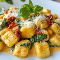 - 1 package (16 oz) gnocchi - 1 cup sun-dried tomatoes, chopped (not in oil) - 1 cup heavy cream - ½ cup grated Parmesan cheese - 1 tablespoon olive oil - 3 cloves garlic, minced - 1 cup vegetable broth - 1 cup fresh spinach - Salt and pepper to taste - Fresh basil leaves for garnish When making creamy sun-dried tomato gnocchi, gather your main ingredients first. This dish shines with soft gnocchi and rich sun-dried tomatoes. You need heavy cream for a thick sauce, and Parmesan cheese adds depth. Next, let's look at the extra ingredients. Olive oil brings flavor, while garlic adds a nice aroma. Vegetable broth boosts the sauce's richness, and fresh spinach gives color and nutrients. Finally, grab salt and pepper to season the dish. Fresh basil leaves make a lovely garnish. This recipe uses simple yet vibrant flavors to create a delightful meal. {{ingredient_image_1}} Start by boiling a large pot of salted water. You want it to taste like the sea. Once the water is boiling, add the gnocchi. Cook them for about 2-3 minutes. They are done when they float to the top. This shows they are ready. Carefully drain the gnocchi and set them aside. In a large skillet, heat a tablespoon of olive oil over medium heat. Add minced garlic and sauté for about one minute. You want the garlic to smell great, not burn. Next, toss in the chopped sun-dried tomatoes. Cook them for 2-3 minutes while stirring often. Then, pour in the heavy cream and vegetable broth. Stir well and bring the mix to a gentle simmer. Once it simmers, add grated Parmesan cheese. Stir until it melts and the sauce becomes creamy. Don’t forget to season with salt and pepper to taste. Now it's time to add the fresh spinach and the cooked gnocchi to the sauce. Toss gently to coat the gnocchi well. Cook for 2-3 minutes until the spinach wilts. Remove from heat and let it sit for a few minutes. This helps the sauce thicken. Serve immediately with fresh basil leaves on top. Enjoy! To make your sauce super creamy, use heavy cream. This adds richness and a smooth texture. Stir in the Parmesan cheese slowly. The cheese melts better this way. You can also adjust the salt and pepper. Taste as you go to find your perfect balance. Want more flavor? Try adding a pinch of red pepper flakes for a kick. To avoid mushy gnocchi, cook them in boiling salted water. They only need a few minutes. Watch for them to float. This shows they are done. If they sit too long, they get too soft. A quick drain helps keep them firm. Choose shallow bowls for serving. This allows the sauce to shine. For garnishing, sprinkle fresh basil leaves on top. They add color and a fresh taste. You can also add extra Parmesan for a nice touch. Enjoy your meal with a simple side salad for a complete dinner! Pro Tips Use Fresh Ingredients: For the best flavor, use fresh spinach and high-quality sun-dried tomatoes. Fresh ingredients enhance the overall taste of the dish. Adjust the Creaminess: If you prefer a lighter sauce, you can reduce the amount of heavy cream and increase the vegetable broth for a deliciously creamy yet lighter sauce. Gnocchi Cooking Tip: Make sure not to overcook the gnocchi. They should float to the top of the boiling water, which indicates they’re cooked perfectly. Garnish for Flavor: Fresh basil not only adds color but also a burst of flavor. Don’t skip this step for an elevated dish! {{image_2}} You can make this dish even better by swapping some ingredients. For cheese, try using goat cheese or ricotta instead of Parmesan. Each cheese brings a new flavor. If you want more veggies, add bell peppers or zucchini. Both give extra color and taste to the dish. If you're gluten-free, use gluten-free gnocchi. Many good brands are available. For a vegan version, swap the heavy cream with coconut milk. You can also use nutritional yeast instead of cheese for a cheesy flavor without dairy. Want to spice things up? Add crushed red pepper flakes for heat. A pinch of Italian herbs can also lift the taste. If you prefer a heartier meal, try adding grilled chicken or shrimp to the mix. These proteins will make your dish more filling and flavorful. Store any leftovers in an airtight container. This helps keep the gnocchi fresh. Place them in the fridge within two hours of cooking. For best results, eat them within three days. When you reheat, add a splash of broth or cream. This adds moisture back to the dish. You can freeze the gnocchi and sauce separately. For the gnocchi, freeze them in a single layer. This keeps them from sticking together. After they are frozen, transfer them to a freezer bag. For the sauce, let it cool before freezing in a container. When you are ready to eat, thaw overnight in the fridge. Reheat on the stove over low heat. Stir often to keep it smooth. Stored leftovers last about three days in the fridge. After that, they might spoil. Signs of spoilage include a sour smell, discoloration, or mold. If you see any of these signs, throw it away. Always trust your senses when it comes to food safety. Cooking gnocchi is quick and easy. It usually takes about 2-3 minutes. You will know they are done when they float to the top of the boiling water. Drain them right away to keep them from getting mushy. Yes, you can use canned sun-dried tomatoes. If you do, make sure to drain them well. Canned tomatoes can be softer than dried ones. You may want to cut down on the cooking time. This helps to keep the texture nice. You can also add some extra seasoning to boost the flavor. This dish pairs well with many sides. You can serve a simple green salad for freshness. Garlic bread complements the creamy sauce nicely. Roasted vegetables add color and flavor. For a heartier meal, try grilled chicken or shrimp as a protein option. In this blog post, we explored how to make creamy sun-dried tomato gnocchi. We covered key ingredients, including gnocchi, sun-dried tomatoes, and heavy cream. I shared step-by-step instructions for cooking and preparing the dish. We also discussed tips for perfecting your sauce and variations to suit your tastes. Remember, cooking is about experimenting. Don’t shy away from making this dish your own. Happy cooking!