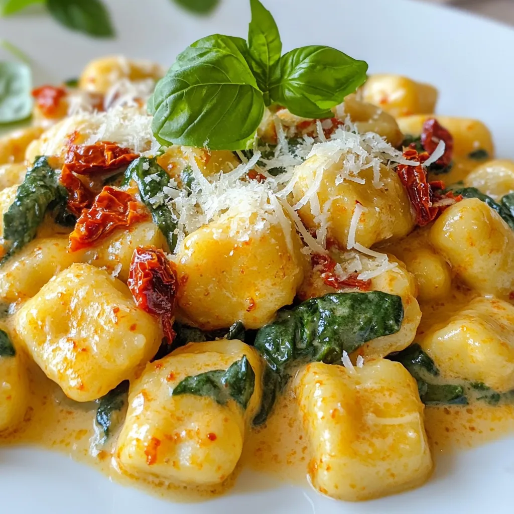 - 1 package (16 oz) gnocchi - 1 cup sun-dried tomatoes, chopped (not in oil) - 1 cup heavy cream - ½ cup grated Parmesan cheese - 1 tablespoon olive oil - 3 cloves garlic, minced - 1 cup vegetable broth - 1 cup fresh spinach - Salt and pepper to taste - Fresh basil leaves for garnish When making creamy sun-dried tomato gnocchi, gather your main ingredients first. This dish shines with soft gnocchi and rich sun-dried tomatoes. You need heavy cream for a thick sauce, and Parmesan cheese adds depth. Next, let's look at the extra ingredients. Olive oil brings flavor, while garlic adds a nice aroma. Vegetable broth boosts the sauce's richness, and fresh spinach gives color and nutrients. Finally, grab salt and pepper to season the dish. Fresh basil leaves make a lovely garnish. This recipe uses simple yet vibrant flavors to create a delightful meal. {{ingredient_image_1}} Start by boiling a large pot of salted water. You want it to taste like the sea. Once the water is boiling, add the gnocchi. Cook them for about 2-3 minutes. They are done when they float to the top. This shows they are ready. Carefully drain the gnocchi and set them aside. In a large skillet, heat a tablespoon of olive oil over medium heat. Add minced garlic and sauté for about one minute. You want the garlic to smell great, not burn. Next, toss in the chopped sun-dried tomatoes. Cook them for 2-3 minutes while stirring often. Then, pour in the heavy cream and vegetable broth. Stir well and bring the mix to a gentle simmer. Once it simmers, add grated Parmesan cheese. Stir until it melts and the sauce becomes creamy. Don’t forget to season with salt and pepper to taste. Now it's time to add the fresh spinach and the cooked gnocchi to the sauce. Toss gently to coat the gnocchi well. Cook for 2-3 minutes until the spinach wilts. Remove from heat and let it sit for a few minutes. This helps the sauce thicken. Serve immediately with fresh basil leaves on top. Enjoy! To make your sauce super creamy, use heavy cream. This adds richness and a smooth texture. Stir in the Parmesan cheese slowly. The cheese melts better this way. You can also adjust the salt and pepper. Taste as you go to find your perfect balance. Want more flavor? Try adding a pinch of red pepper flakes for a kick. To avoid mushy gnocchi, cook them in boiling salted water. They only need a few minutes. Watch for them to float. This shows they are done. If they sit too long, they get too soft. A quick drain helps keep them firm. Choose shallow bowls for serving. This allows the sauce to shine. For garnishing, sprinkle fresh basil leaves on top. They add color and a fresh taste. You can also add extra Parmesan for a nice touch. Enjoy your meal with a simple side salad for a complete dinner! Pro Tips Use Fresh Ingredients: For the best flavor, use fresh spinach and high-quality sun-dried tomatoes. Fresh ingredients enhance the overall taste of the dish. Adjust the Creaminess: If you prefer a lighter sauce, you can reduce the amount of heavy cream and increase the vegetable broth for a deliciously creamy yet lighter sauce. Gnocchi Cooking Tip: Make sure not to overcook the gnocchi. They should float to the top of the boiling water, which indicates they’re cooked perfectly. Garnish for Flavor: Fresh basil not only adds color but also a burst of flavor. Don’t skip this step for an elevated dish! {{image_2}} You can make this dish even better by swapping some ingredients. For cheese, try using goat cheese or ricotta instead of Parmesan. Each cheese brings a new flavor. If you want more veggies, add bell peppers or zucchini. Both give extra color and taste to the dish. If you're gluten-free, use gluten-free gnocchi. Many good brands are available. For a vegan version, swap the heavy cream with coconut milk. You can also use nutritional yeast instead of cheese for a cheesy flavor without dairy. Want to spice things up? Add crushed red pepper flakes for heat. A pinch of Italian herbs can also lift the taste. If you prefer a heartier meal, try adding grilled chicken or shrimp to the mix. These proteins will make your dish more filling and flavorful. Store any leftovers in an airtight container. This helps keep the gnocchi fresh. Place them in the fridge within two hours of cooking. For best results, eat them within three days. When you reheat, add a splash of broth or cream. This adds moisture back to the dish. You can freeze the gnocchi and sauce separately. For the gnocchi, freeze them in a single layer. This keeps them from sticking together. After they are frozen, transfer them to a freezer bag. For the sauce, let it cool before freezing in a container. When you are ready to eat, thaw overnight in the fridge. Reheat on the stove over low heat. Stir often to keep it smooth. Stored leftovers last about three days in the fridge. After that, they might spoil. Signs of spoilage include a sour smell, discoloration, or mold. If you see any of these signs, throw it away. Always trust your senses when it comes to food safety. Cooking gnocchi is quick and easy. It usually takes about 2-3 minutes. You will know they are done when they float to the top of the boiling water. Drain them right away to keep them from getting mushy. Yes, you can use canned sun-dried tomatoes. If you do, make sure to drain them well. Canned tomatoes can be softer than dried ones. You may want to cut down on the cooking time. This helps to keep the texture nice. You can also add some extra seasoning to boost the flavor. This dish pairs well with many sides. You can serve a simple green salad for freshness. Garlic bread complements the creamy sauce nicely. Roasted vegetables add color and flavor. For a heartier meal, try grilled chicken or shrimp as a protein option. In this blog post, we explored how to make creamy sun-dried tomato gnocchi. We covered key ingredients, including gnocchi, sun-dried tomatoes, and heavy cream. I shared step-by-step instructions for cooking and preparing the dish. We also discussed tips for perfecting your sauce and variations to suit your tastes. Remember, cooking is about experimenting. Don’t shy away from making this dish your own. Happy cooking!