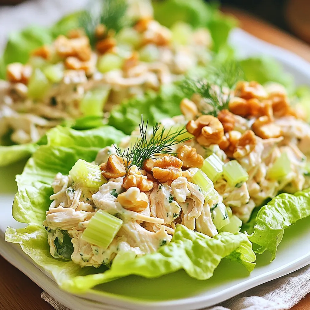To make Greek Yogurt Chicken Salad Lettuce Wraps, you need: - 2 cups cooked chicken, shredded - 1 cup plain Greek yogurt - 1/2 cup celery, finely chopped - 1/2 cup red grapes, halved - 1/4 cup walnuts, roughly chopped - 1 tablespoon Dijon mustard - 1 tablespoon honey - 1 tablespoon fresh dill, chopped (or 1 teaspoon dried dill) - Juice of 1 lemon - Salt and pepper to taste - 8 large lettuce leaves (such as romaine or butter lettuce) You can add these ingredients to enhance the dish: - Chopped green onions for a fresh bite - Sliced almonds for a crunchy texture - A dash of cayenne pepper for some heat - Diced apples for a sweet twist Each serving of Greek Yogurt Chicken Salad Lettuce Wraps contains: - Calories: About 250 - Protein: 25g - Fat: 10g - Carbohydrates: 15g - Fiber: 2g - Sugar: 5g This dish is low in carbs and high in protein. It makes a great meal choice for many diets. Enjoy the fresh taste while also nourishing your body! {{ingredient_image_1}} Start by gathering all your ingredients. You will need: - 2 cups cooked chicken, shredded - 1 cup plain Greek yogurt - 1/2 cup celery, finely chopped - 1/2 cup red grapes, halved - 1/4 cup walnuts, roughly chopped - 1 tablespoon Dijon mustard - 1 tablespoon honey - 1 tablespoon fresh dill, chopped - Juice of 1 lemon - Salt and pepper to taste - 8 large lettuce leaves Make sure your chicken is cooked and shredded. I like to use leftover chicken for this. It saves time and adds great flavor. Now, chop your celery, halved grapes, and walnuts. In a large bowl, combine the shredded chicken and Greek yogurt. Mix well until they blend nicely. Next, add the chopped celery, halved grapes, and walnuts. Stir gently to keep everything intact. In a small bowl, whisk together the Dijon mustard, honey, dill, lemon juice, salt, and pepper. This dressing brings all the flavors together. Pour this over the chicken mixture. Mix gently again. You want every piece coated with that yummy dressing. Now, lay out your large lettuce leaves on a platter. Spoon some of the chicken salad mixture into each leaf. Aim for even portions to make nice wraps. If you want, you can add some extra dill or walnuts on top for a crunch. These wraps are not just easy to make; they look great too! Enjoy your tasty Greek yogurt chicken salad lettuce wraps! Choose chicken that is cooked and shredded. You can use grilled, baked, or rotisserie chicken. Make sure it's moist and flavorful. This makes your salad tasty. If you cook the chicken yourself, season it well. A little salt and pepper can go a long way. When mixing, be gentle. You want to keep the chicken pieces chunky. Start by mixing the Greek yogurt with the chicken. Then, add in the celery, grapes, and walnuts. Stir slowly to blend the flavors. The goal is a creamy mix without breaking the chicken too much. You can make this salad ahead of time. Prepare it the night before for a quick lunch. Store it in an airtight container in the fridge. Just keep the lettuce separate until you are ready to eat. This keeps the lettuce fresh and crisp. Enjoy your meal prep with ease! Pro Tips Use Leftover Chicken: This recipe is perfect for using up any leftover roasted or grilled chicken you have on hand. Customize Your Ingredients: Feel free to swap out walnuts for your favorite nuts or add in diced apples for a sweeter crunch. Make It Ahead: Prepare the chicken salad a day in advance for a quick lunch option; just keep the lettuce separate until serving. Experiment with Herbs: Try adding fresh parsley or cilantro for a different flavor profile that complements the Greek yogurt. {{image_2}} You can easily change the recipe to suit your taste. Instead of walnuts, try almonds or pecans for a new crunch. If you want a sweeter flavor, use diced apples or dried cranberries instead of grapes. You can also swap Greek yogurt for cottage cheese for a different texture. These changes keep the dish fresh and exciting. You can make this dish vegetarian or vegan. For a vegetarian version, replace chicken with chickpeas or tofu. For a vegan option, use plant-based yogurt. This way, you keep the creamy texture and flavor without any animal products. Add extra veggies like bell peppers or carrots to make it more filling. These wraps are great for lunch or dinner. Serve them with a side of fresh fruit or a light salad. You can also use them as a party appetizer. Just arrange the wraps on a platter for easy sharing. For a fun twist, serve them with a dipping sauce like spicy mustard or a tangy vinaigrette. To keep your Greek yogurt chicken salad fresh, place it in an airtight container. Make sure to seal it well to prevent air from getting in. Store it in the fridge. This way, the salad stays cool and tasty. I do not recommend freezing Greek yogurt chicken salad. The texture of Greek yogurt changes when frozen. The chicken may also lose its flavor. It’s best enjoyed fresh. The chicken salad lasts about 3 to 4 days in the fridge. If you use fresh ingredients, they will stay fresh longer. Check the yogurt’s expiration date. Once opened, Greek yogurt stays good for about 5 to 7 days. Always use your senses to check if food is safe to eat. Yes, you can use rotisserie chicken. This saves time and adds flavor. Just shred the chicken and mix it with Greek yogurt. The salad will still taste fresh and delicious. Rotisserie chicken gives you a quick option for busy days. Plus, it helps you avoid extra cooking. Greek yogurt chicken salad can last up to three days in the fridge. Make sure to store it in an airtight container. This keeps it fresh and safe to eat. Before serving leftovers, check for any signs of spoilage. If it smells off or looks funny, throw it away. You have many choices for wraps. You can use whole wheat tortillas or rice paper. If you prefer something low-carb, try cucumber slices or bell pepper strips. Each option gives a nice crunch and flavor. Feel free to get creative with your wraps! This article covered how to make a tasty chicken salad. We discussed essential and optional ingredients, along with nutritional facts. Then, I explained each step to prepare, mix, and assemble the salad wraps. I shared tips for choosing the right chicken and best practices for mixing. You also learned about variations and how to store leftovers. Enjoy trying this recipe and make it your own! Cooking should be fun and delicious.
