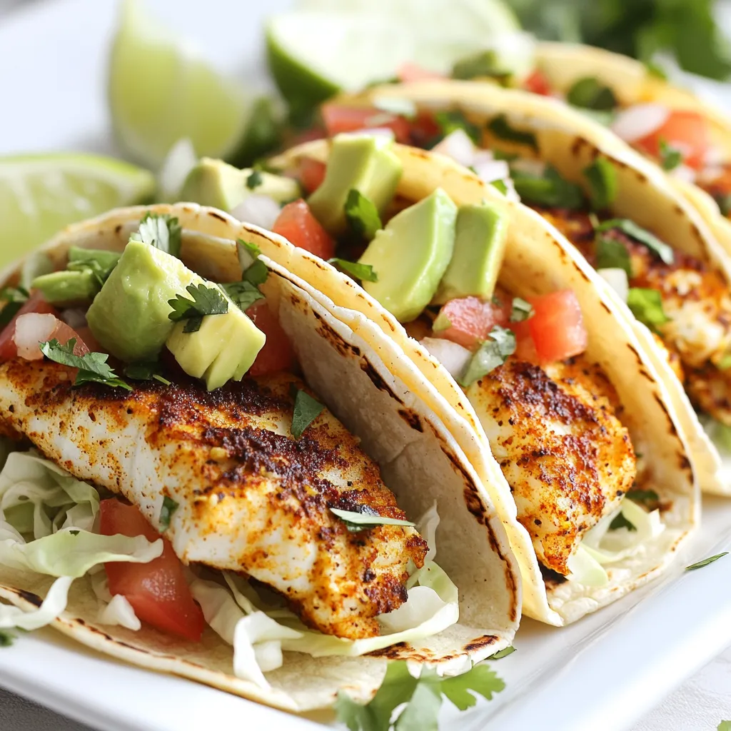 For this recipe, I use 1 pound of white fish fillets. Tilapia or mahi-mahi works great. The fish needs Cajun seasoning for flavor. You will need 2 tablespoons to coat each side well. Use salt and pepper to taste. Fresh produce brings life to the tacos. You will need: - 1 cup shredded cabbage - 1 ripe avocado, sliced - ½ cup diced tomatoes - ¼ cup fresh cilantro, chopped - 1 lime, cut into wedges These bright ingredients make the dish colorful and fresh. They add crunch, creaminess, and zest. I like to use 8 small corn tortillas. They hold the fillings well. You'll also need 2 tablespoons of olive oil for cooking. This oil helps create a nice sear on the fish. These ingredients come together to create tasty Blackened Cajun Fish Tacos. They are simple yet full of flavor. {{ingredient_image_1}} First, start with one pound of white fish fillets. I prefer tilapia or mahi-mahi for this dish. Pat the fish dry with paper towels. This step is key. It removes extra moisture and helps the fish sear better. Next, sprinkle two tablespoons of Cajun seasoning on both sides of the fillets. Make sure they are fully coated. Let the fish marinate for about ten minutes. This lets the flavors soak in. Heat a cast-iron skillet or large frying pan over medium-high heat. Add two tablespoons of olive oil when the skillet is hot. The oil should shimmer but not smoke. Carefully place the seasoned fish fillets in the pan. Cook for three to four minutes on each side. The fish should look charred and flake easily with a fork. Once done, remove the fish from the skillet and let it rest for a minute. Flake the fish into bite-sized pieces. Warm eight small corn tortillas in a separate pan over low heat. Heat them for one to two minutes on each side. This makes them soft and easy to fold. Now, take a tortilla and add a generous amount of shredded cabbage. Follow this with a portion of the flaked fish. Next, top it off with sliced avocado and diced tomatoes. Finish with a sprinkle of fresh cilantro. Serve the tacos with lime wedges on the side. Squeeze some lime juice over the tacos for extra flavor. Enjoy every bite! To get that nice char on your fish, start with dry fillets. Pat them with paper towels to remove moisture. Next, season both sides well with Cajun spice. Heat your pan until it’s hot, then add olive oil. Place the fish in the pan and don’t touch it for 3-4 minutes. This helps create that beautiful crust. Flip it gently and cook the other side. The fish should be flaky and golden with a bit of blackened color. Warming your tortillas is easy and important for great tacos. Use a separate pan over low heat. Place each tortilla in the pan for about 1-2 minutes. Flip them over to warm both sides. This makes them soft and easy to fold. You can also wrap them in a clean kitchen towel to keep them warm until you’re ready to serve. Toppings can really elevate your tacos. I love adding shredded cabbage for crunch. Sliced avocado adds creaminess, and diced tomatoes bring freshness. Fresh cilantro gives a burst of flavor. Don’t forget lime wedges! Squeezing lime juice over the tacos adds a bright taste that ties everything together. Mix and match your toppings to find what you love best! Pro Tips Pat the Fish Dry: Ensuring the fish is dry before seasoning helps achieve a better sear and prevents it from steaming in the pan. Let it Marinate: Allowing the fish to marinate in Cajun seasoning for at least 10 minutes enhances the flavor and allows the spices to penetrate the fish. Use High Heat: Cooking the fish on medium-high heat creates a beautiful char while keeping the inside flaky and moist. Warm Tortillas Properly: Warming tortillas over low heat makes them soft and pliable, preventing them from cracking when filled. {{image_2}} You can use different fish for your tacos. Tilapia and mahi-mahi are great choices. Try using snapper or cod for a unique taste. If you prefer a firmer fish, go for swordfish or tuna. Each fish brings its own flavor and texture. Just make sure to season them well. This keeps the tacos flavorful and fun! If you want more heat, add extra Cajun seasoning. You can also mix in some diced jalapeños for a kick. For a vegetarian option, replace the fish with grilled veggies. Bell peppers, zucchini, and mushrooms work well. Roast them to bring out their sweetness. You can also use black beans or chickpeas for protein. These options keep your tacos tasty and satisfying. Corn tortillas are classic for these tacos. They have a nice flavor and texture. But you can switch it up! Flour tortillas are soft and great for holding fillings. Try lettuce wraps for a low-carb option. They add a fresh crunch without the carbs. Consider serving the fish over rice bowls for a fun twist! Each choice adds a different vibe to your meal. Store leftover fish tacos in an airtight container. Place them in the fridge. They stay fresh for up to two days. Keep the fish separate from the tortillas and toppings. This keeps everything from getting soggy. If you have extra toppings, store them in small containers. To reheat, use a skillet for best results. Heat it on medium and add the fish. Cook for a few minutes until hot. For tortillas, wrap them in foil and warm in the oven. This keeps them soft. You can also microwave them, but they may get chewy. You can freeze the fish, but not the whole tacos. Place cooked fish in a freezer bag. Remove as much air as you can. Freeze for up to three months. When ready to eat, thaw in the fridge overnight. Reheat in a skillet before serving. The best fish for tacos is white fish. I suggest using tilapia or mahi-mahi. Both have a mild taste and cook well. They hold up nicely with the bold flavors of Cajun seasoning. Other options include snapper or cod, but tilapia and mahi-mahi are my favorites. Yes, you can make these tacos gluten-free. Use corn tortillas, which are naturally gluten-free. Check the label to ensure there are no added gluten ingredients. You can also use lettuce wraps instead of tortillas for a lighter option. To adjust the spiciness, you can add or remove seasoning. If you want more heat, add cayenne pepper. For less spice, use less Cajun seasoning. You can also balance the heat with toppings like avocado or sour cream. These will cool down the flavors. Yes, you can use frozen fish for this recipe. Just thaw the fish completely before cooking. Pat it dry with paper towels to remove moisture. This helps in getting a better sear and flavor. Follow the same cooking instructions for best results. You learned how to make tasty fish tacos from scratch. Choosing the right fish and fresh ingredients is key. Follow the steps to cook and assemble your tacos perfectly. Use my tips for great flavor and char. Explore fun variations and learn how to store leftovers. With these tools, you can whip up a delicious meal anytime. Enjoy your cooking journey and make these tacos your own!