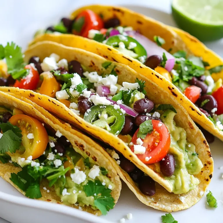 To make Avocado Lime Black Bean Tacos, you need fresh and simple ingredients. Here’s what you will need: - 1 can (15 oz) black beans, rinsed and drained - 2 ripe avocados, mashed - 1 cup cherry tomatoes, quartered - 1 small red onion, finely chopped - 1 jalapeño, seedless and minced - 2 tablespoons fresh lime juice - 1 teaspoon cumin - 1 teaspoon smoked paprika - Salt and pepper to taste - 8 small corn tortillas - Fresh cilantro, for garnish - Optional: crumbled feta cheese or queso fresco Each ingredient plays a key role in creating a tasty taco. The black beans bring protein and fiber. The avocados add creaminess and healthy fats. Cherry tomatoes give a juicy burst. Red onion adds crunch and flavor. Jalapeño adds a kick of heat. Lime juice brightens the dish and balances the flavors. Cumin and smoked paprika add depth and warmth. Corn tortillas hold everything together and add a nice texture. With these ingredients, you will create a delicious meal that is both fresh and filling. Feel free to customize your tacos with optional toppings to suit your taste. Enjoy the vibrant flavors in every bite! {{ingredient_image_1}} To start, grab a medium bowl. Add one can of black beans, rinsed and drained. Next, mix in a minced jalapeño for some heat. Then, add a finely chopped red onion. Toss in quartered cherry tomatoes for sweetness. Squeeze in two tablespoons of fresh lime juice. Sprinkle in one teaspoon of cumin and one teaspoon of smoked paprika. Finally, season with salt and pepper. Mix it well, but be gentle. You want the beans to stay whole. In another bowl, take two ripe avocados. Cut them in half and scoop out the flesh. Use a fork to mash them until smooth. Add a pinch of salt and a splash of lime juice. This step keeps the avocados tasty and bright. Set this aside for later. Now, heat up your corn tortillas. Use a dry skillet over medium heat. Place each tortilla in the skillet for about 30 seconds on each side. You want them warm and easy to fold. This makes a big difference in texture. It’s time to build your tacos! Start by spreading a generous spoonful of mashed avocado on each warm tortilla. Then, scoop a few spoonfuls of the black bean mixture on top. If you like, sprinkle crumbled feta cheese or queso fresco for creaminess. Finally, add fresh cilantro as a garnish. Serve the tacos right away, with extra lime wedges on the side for drizzling. To make your tacos pop, consider adding more flavor. A sprinkle of lime zest brightens every bite. You can also add diced mango or corn for sweetness. Fresh herbs like cilantro or parsley add a nice touch. For heat, try a dash of hot sauce on top. Experimenting with spices can elevate your dish too. A pinch of cayenne or chili powder can bring warmth. To keep avocados bright green, act fast! Always add lime juice when you mash them. The acid slows down browning. Store any leftover avocado in an airtight container. Press plastic wrap directly onto the avocado before sealing. You can also place a slice of onion in the container. This helps keep avocados fresh longer. Warm corn tortillas for the best taste. Use a dry skillet on medium heat. Heat each tortilla for about 30 seconds on both sides. You want them warm and soft, not crispy. For extra flavor, lightly brush them with olive oil before heating. This adds a nice finish. Keep the tortillas warm by wrapping them in a clean kitchen towel. Pro Tips Choose Ripe Avocados: Make sure your avocados are perfectly ripe for the creamiest texture. Look for avocados that yield slightly to pressure when squeezed gently. Customize Your Heat: For a milder taco, remove the seeds and membranes from the jalapeño. For extra heat, leave them in or add a pinch of cayenne pepper to the black bean mixture. Warm Tortillas Properly: Heating the tortillas in a dry skillet enhances their flavor and makes them more pliable, preventing them from cracking when you fold them. Fresh Ingredients Matter: Use fresh lime juice and herbs for the best flavor. Fresh cilantro and lime can elevate the taste of your tacos significantly! {{image_2}} You can add protein to your tacos for extra flavor and nutrients. Grilled chicken, shrimp, or tofu work well. Just season your choice with lime juice, cumin, and smoked paprika. Cook until done and then add it to your tacos. For a quick option, use canned tuna or rotisserie chicken. These choices will boost the meal's heartiness. Switch up the herbs and spices for a new twist. Try adding fresh dill or basil for a unique flavor. Use garlic powder or onion powder for added depth. A pinch of chili powder can spice things up, too. Experiment with different combinations until you find your favorite. This way, every taco can taste different and exciting. To keep your tacos vegan, skip the cheese and use plant-based toppings. You can add avocado or a dairy-free sour cream. For gluten-free options, ensure your corn tortillas are certified gluten-free. Check labels to be safe. These simple swaps make the dish friendly for everyone while keeping it tasty. Enjoy your personalized version of avocado lime black bean tacos! To keep your Avocado Lime Black Bean Tacos fresh, store the ingredients separately. Place the black bean mixture in an airtight container. Cover the mashed avocados tightly with plastic wrap to reduce air exposure. This helps prevent browning. If you have leftover corn tortillas, stack them and wrap in foil or place in a container. You can freeze the black bean mixture for later use. Place it in a freezer-safe bag or container. Make sure to remove as much air as possible before sealing. The mixture can last up to three months in the freezer. When ready to use, thaw it in the fridge overnight. Reheat it in a skillet before serving. - Black beans: Last up to 5 days in the fridge when stored properly. - Avocados: Best when used within 1-2 days after mashing. - Cherry tomatoes: Can stay fresh for about 4-7 days in the fridge. - Red onion: Lasts up to 10 days if sealed well. - Jalapeño: Fresh jalapeños can last up to a week in the fridge. - Corn tortillas: Keep well for about a week in the fridge. Using these tips ensures your tacos stay tasty and fresh! Yes, you can prepare the black bean mixture in advance. Store it in the fridge for up to three days. Keep the avocados separate. They will brown quickly once mashed. I recommend mashing them just before serving. This way, your tacos stay fresh and tasty. If you don’t have black beans, try pinto beans or kidney beans. Both options work well. You can also use chickpeas for a different twist. They add a nice texture and flavor. These tacos pair well with a fresh corn salad or a simple green salad. You can also serve them with Mexican rice or a side of guacamole. Each side adds more flavor and balance to your meal. To keep guacamole green, add lime juice right after mashing. The acid slows browning. You can also store it in an airtight container. Press plastic wrap directly on the guacamole. This reduces air exposure. You’ve learned about making tasty Avocado Lime Black Bean Tacos. We covered the key ingredients, like black beans and avocados, and how to mix them. I shared steps for preparing the filling, mashing the avocados, and heating tortillas. Tips on flavor and storage will help keep your food fresh. Remember, you can add protein or use different spices for variety. Enjoy trying these recipes and impress your friends at your next meal!